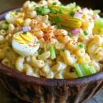 - 2 cups elbow macaroni - 4 hard-boiled eggs, peeled and coarsely chopped - 1/2 cup mayonnaise - 1 tablespoon Dijon mustard - 1 tablespoon apple cider vinegar - 1/4 cup sweet pickle relish - 1/4 cup celery, finely diced - 1/4 cup red onion, finely diced - Salt and black pepper, to taste - Paprika, for garnish - Fresh chives, chopped, for garnish Each ingredient plays a special part in making this dish. The elbow macaroni gives the salad its base and shape. Hard-boiled eggs add protein and richness. Mayonnaise is the creamy glue that holds everything together. Dijon mustard adds a nice bite, while apple cider vinegar brings brightness. Sweet pickle relish adds a hint of sweetness and crunch. Celery and red onion give freshness and texture. Finally, salt and pepper enhance all the flavors. You can customize this salad with fun extras. Consider adding diced bell peppers for color. Shredded carrots can add sweetness. You might also try diced pickles for an extra crunch. If you want protein, add cooked bacon or shredded chicken. These add-ins make the salad your own and can impress your guests. To start, grab a large pot and fill it with water. Add a good amount of salt. This step makes the pasta taste better. Bring the water to a boil. Then, add the elbow macaroni. Cook it for about 7-9 minutes until it is firm but tender. After cooking, drain the macaroni and rinse it with cold water. This stops the cooking and cools it down fast. Next, take a big mixing bowl. In it, mix together the mayonnaise, Dijon mustard, apple cider vinegar, and a pinch of salt. Add some black pepper too. Whisk everything until it is smooth and creamy. This dressing brings all the flavors together. Now, it’s time to add the fun stuff. Gently fold in the chopped hard-boiled eggs and sweet pickle relish. Then, mix in the finely diced celery and red onion. Be careful not to break the eggs too much. You want them well combined but still chunky. Once the macaroni is cool, add it to the bowl with the egg mixture. Carefully fold everything together. Make sure the macaroni gets a nice coating of the dressing. You want every bite to be flavorful, but try not to break the pasta. After mixing, taste the salad. If it needs more salt or pepper, add it now. When you are happy with the taste, cover the bowl. Place it in the fridge for at least 1 hour. This helps the flavors blend together, making every bite better. When you’re ready to serve, give the salad a gentle stir. This redistributes the ingredients. For a nice touch, sprinkle paprika on top. Finish with some chopped chives for color and a fresh taste. Now, it’s ready for your table! To cook perfect macaroni, start with a large pot. Fill it with water and add salt. The salt enhances the flavor of the pasta. Bring the water to a rolling boil. Add the elbow macaroni and stir it. Cook it for 7 to 9 minutes until it is al dente. This means it should be firm but not hard. After cooking, drain the macaroni and rinse it with cold water. This stops the cooking process and keeps it from getting mushy. To make great hard-boiled eggs, start with eggs that are at least a week old. Fresh eggs can be hard to peel. Place the eggs in a pot and cover them with water. Bring the water to a boil over medium heat. Once it boils, cover the pot and turn off the heat. Let the eggs sit for 9 to 12 minutes. After that, transfer them to an ice bath. This cools them quickly and helps with peeling. Once cooled, tap the eggs gently to crack the shell, then peel them under running water. To make your Deviled Egg Macaroni Salad even better, consider these tips. Add a splash of lemon juice for a bright taste. You can also mix in some chopped herbs, like dill or parsley. These herbs add freshness and depth. For a bit of heat, try adding a dash of hot sauce. If you want more crunch, include diced bell peppers or cucumbers. Each of these options can make your salad unique and delicious. {{image_4}} You can add many tasty ingredients to your salad. Try adding peas for a sweet crunch. Green onions also add a fresh flavor. If you want some protein, consider diced ham or cubed chicken. Cooked bacon bits can bring a smoky taste. All these additions can make your dish more exciting. If you have dietary needs, you can easily adapt this recipe. For a vegan option, use plant-based mayo instead of regular mayo. You can replace the eggs with tofu to keep the texture. If you are gluten-free, choose gluten-free pasta. These swaps let everyone enjoy the salad without worry. You can give your salad a global twist. For a Mediterranean flair, add olives, feta cheese, and cherry tomatoes. If you prefer an Asian vibe, mix in sesame oil and chopped peanuts. You could also try a Mexican version with corn, black beans, and lime juice. Each twist offers a new and fun taste experience. To store leftover salad, place it in an airtight container. This helps keep it fresh. Make sure to seal the lid tightly. The salad will stay good in the fridge for about three days. Before serving leftovers, give it a gentle stir. This mixes the ingredients well again. I don't recommend freezing this salad. The texture of the macaroni and eggs may change. If you freeze it, the salad might become mushy when thawed. It's best enjoyed fresh or refrigerated. Reheating this salad is not needed. However, if you want to warm it, use a microwave. Place a small portion in a bowl and heat it for about 20 seconds. Stir and check if it is warm enough. Avoid overheating, as it will change the texture and flavor. Enjoy it cold for the best taste! The best way to boil eggs is simple. Place your eggs in a pot and cover them with water. Bring the water to a boil over high heat. Once boiling, turn off the heat and cover the pot. Let the eggs sit for about 9-12 minutes. After that, place them in cold water to stop the cooking. This method makes eggs easy to peel and gives you the perfect hard-boiled texture. Yes, you can make this salad ahead of time. In fact, preparing it a few hours or a day before serving enhances the flavors. Just keep it covered in the fridge until you are ready to serve. The chilling time lets all the tasty flavors blend well together. Deviled Egg Macaroni Salad pairs well with many dishes. You can serve it with grilled chicken, burgers, or hot dogs. It also goes nicely with fresh veggies like carrot sticks or cucumber slices. For a light meal, try adding a simple green salad on the side. This salad lasts about 3 to 5 days in the fridge. Be sure to keep it in an airtight container. If it smells off or looks strange, it’s best to throw it away. Always check for freshness before serving. We explored the key ingredients, step-by-step instructions, and helpful tips for making Deviled Egg Macaroni Salad. You learned how to cook perfect macaroni, prepare tasty dressings, and mix in delicious veggies and eggs. Remember, you can switch ingredients to fit your taste or dietary needs. Store leftovers properly to enjoy later. With these insights, you can create a fresh, flavorful salad that will impress everyone. Dive into your kitchen and enjoy every bite!