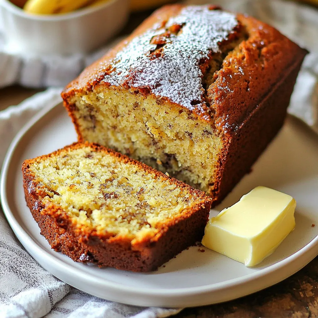 To make this banana bread, you need a few key items. Here’s what you’ll need: - 3 ripe bananas, thoroughly mashed - 1/3 cup unsalted butter, melted - 1 teaspoon pure vanilla extract - 1 teaspoon baking soda - A pinch of fine sea salt - 3/4 cup granulated sugar (you can adjust this for sweetness) - 1 large egg, lightly beaten - 1 cup all-purpose flour - 1/2 teaspoon ground cinnamon These ingredients come together to create a moist and fluffy bread. The ripe bananas add natural sweetness and flavor. Using melted butter gives the bread a rich taste. For those who want to enhance the flavor of their banana bread, consider these options: - 1/2 cup chopped walnuts or pecans (for added crunch) - A sprinkle of nutmeg (for a warm spice) - Mini chocolate chips (for a sweet twist) These extras can take your banana bread to the next level. They add texture and flavor, making it even more delightful. Choosing the right bananas is key to great banana bread. Here are tips to help you pick the best ones: - Look for bananas that are very ripe, with dark spots or a yellow skin. - Avoid bananas that are too green, as they won’t mash well. - Make sure the bananas are firm, but not hard. Using overripe bananas makes the bread sweeter and easier to mash. They provide the best flavor and moisture for your banana bread. {{ingredient_image_2}} Start by preheating your oven to 350°F (175°C). While it warms up, take your 9x5 inch loaf pan. Grease it with butter or line it with parchment paper. This will help the bread come out easily after baking. In a medium bowl, combine the melted butter and the ripe bananas. Use a fork to mash the bananas well. Stir until the mixture is smooth. Next, add the vanilla extract, baking soda, and a pinch of salt. Mix gently so everything blends nicely. Now, it is time to add the sugar and the beaten egg. Stir until just combined. Avoid over-mixing to keep the bread soft. Gradually fold in the all-purpose flour and ground cinnamon. If you want extra crunch, add chopped walnuts or pecans. Pour the batter into your prepared loaf pan and spread it evenly. Bake for 60-65 minutes. Check if it’s done by inserting a toothpick in the center. If it comes out clean, your bread is ready! Let it cool in the pan for 10 minutes before moving it to a wire rack. When making banana bread, it's easy to make mistakes. Here are some common ones: - Using unripe bananas: Always use ripe bananas. They add natural sweetness and moisture. - Overmixing the batter: Mix just until combined. Overmixing makes the bread tough. - Skipping the salt: A pinch of salt enhances flavor. Don’t leave it out! To get that soft and moist texture, follow these tips: - Use room temperature ingredients: This helps the batter blend smoothly. - Mash bananas well: Aim for a smooth consistency for even mixing. - Check flour measurements: Too much flour makes the bread dry. Spoon and level the flour for accuracy. Baking banana bread evenly is key for great results. Here’s how: - Preheat your oven: Always preheat for even baking. - Use the right pan: A 9x5 inch loaf pan is ideal for this recipe. - Rotate the pan: Halfway through baking, rotate the pan for even heat. - Use a toothpick: Check for doneness by inserting a toothpick in the center. It should come out clean. Pro Tips Use Overripe Bananas: The riper the bananas, the sweeter and more flavorful your banana bread will be. Look for bananas that are heavily speckled or even mostly brown for the best results. Don’t Overmix the Batter: To keep your banana bread tender, mix the batter just until the ingredients are combined. Overmixing can lead to a dense and tough texture. Add a Twist: For a unique flavor, consider incorporating chocolate chips, dried fruit, or a splash of rum or bourbon into the batter for a delicious variation. Check for Doneness: Since all ovens can vary, start checking your banana bread about 5 minutes before the suggested baking time. Insert a toothpick into the center; it should come out clean or with just a few crumbs. {{image_4}} If you want a nut-free banana bread, simply leave out the nuts. This keeps the bread soft and moist. Many people enjoy it just as much without the extra crunch. You can also add seeds, like sunflower or pumpkin seeds, for some texture. These seeds give a nice flavor without the nut allergy risk. For a sweet twist, you can add chocolate chips or dried fruits. Use about 1/2 cup of chocolate chips for a rich, dessert-like bread. If you prefer dried fruits, consider raisins or chopped dates. These add a chewy texture and a burst of natural sweetness. Fold them into the batter gently to keep the bread fluffy. To make this recipe gluten-free, swap the all-purpose flour with a gluten-free flour blend. Look for a blend that contains xanthan gum. This helps mimic the texture of regular flour. You can also use almond flour for a nutty flavor. Just remember, the baking time may change slightly, so keep an eye on your bread as it bakes. To keep your banana bread fresh, wrap it tightly in plastic wrap. This keeps air out and moisture in. Place the wrapped bread in a cool spot on your counter. It can last for about 3 to 4 days this way. If you want it to last longer, put it in the fridge. This will keep it good for a week. Just remember, cold air can make bread dry. Freezing banana bread is super easy and smart. First, let the bread cool completely. Then, slice it into pieces. Wrap each slice in plastic wrap. After that, put the slices in a freezer bag. Press out the air and seal it tight. You can freeze banana bread for up to 3 months. When you're ready to eat, just take out a slice and let it thaw. To reheat your banana bread, use the oven for the best taste. Preheat your oven to 350°F (175°C). Place the bread on a baking sheet. Heat it for about 10 to 15 minutes. This warms it up and keeps it soft. If you’re in a hurry, the microwave works too. Heat a slice for about 15-20 seconds. Just be careful not to heat it too long, or it may get tough. Enjoy your warm banana bread! Yes, you can use frozen bananas! Just thaw them first. Drain any extra liquid. They will mash well and still give you that sweet banana flavor. Frozen bananas often taste sweeter, making your bread even better. Check your banana bread after 60 minutes of baking. Insert a toothpick into the center. If it comes out clean, the bread is done. If it has wet batter, bake for a few more minutes. Keep an eye on the bread to avoid overbaking. To sweeten your banana bread, add more sugar. Try increasing the granulated sugar to 1 cup. You can also use brown sugar for a deeper flavor. Adding chocolate chips can also boost sweetness. Adjust the sweetness to match your taste. In this post, we covered the key ingredients for bakery-style banana bread and how to prep them. I shared detailed steps for mixing and baking, along with tips to avoid common mistakes. We explored fun variations and discussed storage methods. To sum up, making banana bread is simple and fun. With quality ingredients and a few careful steps, you can bake a treat everyone loves. Enjoy your baking journey!