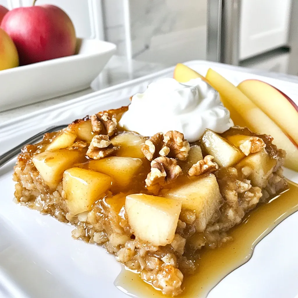 To make Oatmeal Apple Breakfast Bake, gather these key ingredients: - 2 cups rolled oats - 2 cups unsweetened applesauce - 1 large apple (like Granny Smith or Honeycrisp), peeled and chopped - 1/2 cup walnuts, chopped - 1/2 cup maple syrup or honey - 1/4 cup coconut oil, melted - 1 teaspoon vanilla extract - 1 teaspoon ground cinnamon - 1/2 teaspoon ground nutmeg - 1/2 teaspoon baking powder - Pinch of salt These ingredients work together to create a hearty and tasty dish. To enhance your breakfast bake, consider these optional toppings: - Greek yogurt - Sliced apples - Additional nuts These toppings add flavor and texture, making each bite even better. If you need to swap out any ingredients, here are some ideas: - Use almond milk instead of applesauce for a dairy-free option. - Substitute pecans for walnuts if you prefer. - Honey can replace maple syrup; both sweeten well. - Coconut oil can be swapped with butter if desired. These substitutes allow you to customize the recipe to fit your needs. {{ingredient_image_2}} Start by preheating your oven to 350°F (175°C). This helps the bake cook evenly. While the oven warms up, take a 9x9-inch baking dish. Lightly grease it with a bit of coconut oil. This step keeps the bake from sticking. In a large bowl, combine the following dry ingredients: - 2 cups rolled oats - 1 large apple, peeled and chopped - 1/2 cup walnuts, chopped - 1 teaspoon ground cinnamon - 1/2 teaspoon ground nutmeg - 1/2 teaspoon baking powder - Pinch of salt Mix these items well. It’s key to make sure they blend evenly. This mix gives your bake a yummy texture and flavor. In a different bowl, whisk together: - 2 cups unsweetened applesauce - 1/2 cup maple syrup or honey - 1/4 cup melted coconut oil - 1 teaspoon vanilla extract Blend these ingredients until smooth. This mix adds moisture and sweetness to the bake. Now, pour the wet mix into the dry ingredients. Stir gently, but make sure everything is combined well. The mixture will be thick, but that’s just right. Once mixed, transfer it to your greased baking dish. Spread it out evenly. Place the baking dish in your preheated oven. Bake for 30 to 35 minutes. Keep an eye on it. The top should turn golden brown. To check if it's done, insert a toothpick in the center. If it comes out clean, your bake is ready! To get the best texture, use rolled oats. They give a hearty feel. Mixing the oats with apples helps them soak up moisture. This keeps the bake soft but not mushy. Bake until the top is golden brown. This adds a nice crunch. For extra flavor, add spices like nutmeg and cinnamon. They warm up the dish. You can also mix in some nuts for crunch. Walnuts are great, but feel free to try almonds or pecans. If you like sweetness, add more maple syrup or honey. After baking, cool the dish for ten minutes. Cut it into squares. Store leftovers in an airtight container in the fridge. They stay fresh for up to five days. For longer storage, freeze the squares. Wrap them well to avoid freezer burn. Pro Tips Choose the Right Apples: For the best flavor and texture, opt for tart apples like Granny Smith or Honeycrisp. They hold their shape well during baking and provide a nice contrast to the sweetness of the syrup. Customize Your Nuts: Feel free to substitute walnuts with pecans or almonds for a different flavor profile. You can also toast the nuts beforehand to enhance their flavor. Make it Vegan: To keep this recipe vegan, use maple syrup instead of honey and ensure your coconut oil is refined if you prefer a neutral taste. Store for Later: You can prepare this dish ahead of time and store it in the fridge. Simply reheat slices in the microwave or oven before serving for a quick breakfast option. {{image_4}} You can make this dish fun by adding different fruits. Try using pears, berries, or bananas. Each fruit brings its own taste and texture. For example, pears offer a soft, sweet bite. Berries add a tart zing. Bananas bring a creamy richness. Just chop and mix them in with the apples. This way, you can enjoy a new flavor every time you bake! If you want to change up the nuts, go for it! You can swap walnuts for almonds, pecans, or even hazelnuts. Each nut adds its own crunch and taste. Almonds have a light, sweet flavor. Pecans offer a buttery richness. Hazelnuts bring a unique, earthy tone. Just remember to chop them well before mixing in. This will help them blend nicely with the oats. You can take this bake to the next level with spices and extracts. Besides cinnamon and nutmeg, add ginger or allspice for warmth. A dash of cardamom adds a fragrant touch. You can also mix in almond or coconut extract for depth. These small tweaks can turn an already tasty dish into something special. Don't be afraid to experiment! To keep your Oatmeal Apple Breakfast Bake fresh, let it cool completely. Cut it into squares. Place the squares in an airtight container. Store the container in the fridge. This way, it will stay good for about five days. If you want to enjoy it later, freezing is a great option. If you plan to freeze the breakfast bake, wrap each square in plastic wrap. Then, place the wrapped squares in a freezer-safe bag. Label the bag with the date. You can freeze them for up to three months. When you're ready to eat, just pull out a square and let it thaw in the fridge overnight. To reheat your breakfast bake, simply take a square from the fridge or freezer. If it’s frozen, it might need a little longer. For best results, heat in the microwave for about 30 to 60 seconds. If you prefer the oven, set it to 350°F (175°C) and bake for about 10 minutes. This will warm it up nicely and keep it soft. Enjoy it warm for a tasty start to your day! Yes, you can use quick oats. Quick oats will cook faster and give a softer texture. Just keep an eye on the baking time. It may change slightly from the rolled oats version. Absolutely! To make it vegan, simply use maple syrup instead of honey. Also, ensure the coconut oil is vegan-friendly. This swap will keep the bake tasty and plant-based. You can add many healthy ingredients. Here are some ideas: - Chia seeds for extra fiber - Dried fruits like raisins or cranberries - Fresh berries like blueberries or raspberries - Flaxseed for added omega-3s These add-ins boost flavor and nutrition. The oatmeal apple breakfast bake lasts about 5 days in the fridge. Store it in an airtight container. This way, you can enjoy a quick meal throughout the week. This blog post covered the key steps to make a tasty oatmeal apple breakfast bake. We looked at the main ingredients, optional toppings, and helpful substitutes. Then, I shared easy step-by-step instructions for mixing and baking. You also learned tips for texture and flavor, plus ways to store it. Finally, we explored variations and answered common questions. Now, you have all the tools to create a delicious breakfast that's both easy and fun. Happy baking!