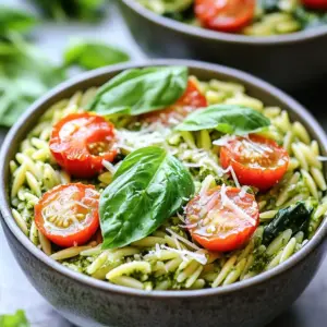 To make One-Pot Creamy Pesto Orzo, you need these simple ingredients: - 1 cup orzo pasta - 2 cups vegetable broth - 1 cup heavy cream - 1/2 cup basil pesto - 1 cup cherry tomatoes, halved - 1 cup fresh spinach - 1/2 cup grated Parmesan cheese - 2 tablespoons olive oil - 2 cloves garlic, minced - Salt and freshly cracked pepper to taste - Fresh basil leaves for garnish (optional) These ingredients work together to create a creamy, flavorful dish. The orzo pasta is small and cooks quickly, making it perfect for a one-pot meal. The vegetable broth adds depth, while heavy cream brings richness. Basil pesto gives a fresh, herby taste. Cherry tomatoes add a burst of sweetness, and spinach adds color and nutrition. Olive oil helps to sauté the garlic, which adds a lovely aroma. Grated Parmesan cheese melts into the dish, making it even creamier. Lastly, seasoning with salt and pepper is key to enhancing all the flavors. Feel free to customize this list based on what you have. You can swap in other veggies or use a different type of cheese. The goal is to make it your own while keeping it simple and delicious! - Heating the olive oil: Start by pouring 2 tablespoons of olive oil into a large pot. Turn the heat to medium. Allow the oil to heat until it shimmers. This step is key for great flavor. - Sautéing garlic: Next, add 2 cloves of minced garlic to the pot. Stir it for 1-2 minutes. You want it to turn fragrant and golden but not burned. This creates a tasty base for your orzo. - Adding the orzo pasta: Now, it’s time to add 1 cup of orzo pasta. Stir it gently for about a minute. This light toasting boosts the flavor of the pasta. - Incorporating the vegetable broth: Gradually pour in 2 cups of vegetable broth. Stir well and bring the mixture to a gentle simmer. Cook for about 8-10 minutes. Stir occasionally until the orzo is tender and absorbs most of the liquid. It should look creamy. - Mixing in heavy cream and pesto: Once the orzo is cooked, lower the heat. Carefully stir in 1 cup of heavy cream and 1/2 cup of basil pesto. Mix well to create a rich, creamy sauce. - Adding cherry tomatoes and spinach: Toss in 1 cup of halved cherry tomatoes and 1 cup of fresh spinach. Cook for an extra 2-3 minutes. The spinach will wilt, adding bright color and nutrition. - Stirring in Parmesan cheese: Finally, remove the pot from the heat. Mix in 1/2 cup of grated Parmesan cheese. Stir until it melts and makes everything creamy. Season with salt and fresh pepper to taste. Enjoy this rich and easy dinner! Toasting orzo is simple and adds lots of taste. Start by adding the orzo to the pot after the garlic has cooked. Stir it gently for about a minute. This light toasting brings out a nutty flavor in the pasta. For a creamy texture, use heavy cream. It blends smoothly with the pesto. Stir it in slowly once the orzo is cooked. This way, you get a rich sauce that clings to every bite. Serve the creamy orzo in deep bowls. This helps keep the dish warm and makes it look nice. A sprinkle of grated Parmesan cheese on top adds a lovely touch. You can also garnish with fresh basil leaves. They add color and a fresh flavor. Arrange the halved cherry tomatoes around the sides for a pop of color. Adjust the seasoning to fit your taste. If you like it zestier, add more salt or pepper. You can even mix in some red pepper flakes for heat. Want more protein? Try adding cooked chicken or shrimp. They mix well with the creamy sauce. You can also toss in veggies like peas or bell peppers for extra crunch and nutrition. {{image_4}} You can change the type of pasta in this dish. While orzo is great, you can try penne, farfalle, or even gluten-free pasta. Each choice gives a new twist. You can also add seasonal vegetables. For example, in summer, use zucchini or bell peppers. In fall, try butternut squash or kale. These choices add color and nutrients. To make this dish dairy-free or vegan, swap heavy cream with coconut milk or a nut-based cream. Use nutritional yeast instead of Parmesan for a cheesy flavor. For a gluten-free option, choose gluten-free pasta. This way, everyone can enjoy this creamy pesto orzo. Adding spices or herbs can boost flavor. Try red pepper flakes for heat or lemon zest for brightness. Fresh herbs like thyme or dill can add unique notes. You can also experiment with different pestos. Swap basil pesto for sun-dried tomato or arugula pesto. Each option makes this dish even more exciting. To store leftovers, let the orzo cool down. Place it in an airtight container. This helps keep the flavors locked in. You can store it in the fridge for up to three days. After that, the cream may separate, and the orzo can become mushy. The best way to reheat creamy dishes is on the stove. Pour the leftover orzo into a pot. Add a splash of vegetable broth or cream. Heat over low heat, stirring gently. This helps keep the creamy texture smooth. Avoid using high heat, as it may dry out the dish. Yes, you can freeze creamy pesto orzo. However, the texture may change after freezing. To freeze, let the dish cool completely. Then, scoop it into freezer-safe containers. Make sure to leave some space for expansion. To thaw, place it in the fridge overnight. Reheat gently on the stove for best results. Yes, you can make One-Pot Creamy Pesto Orzo ahead of time. This dish holds up well and tastes great even after a day or two. To prepare it in advance, follow these tips: - Cook the orzo: You can make the orzo and sauce separately. This keeps the orzo from getting too soft. - Store it properly: Place the cooled orzo in an airtight container. Keep it in the fridge for up to three days. - Reheat gently: When ready to eat, reheat it on low heat. Add a splash of broth or cream to keep it creamy. To complete your meal, serve One-Pot Creamy Pesto Orzo with these sides: - Garlic bread: A crunchy side that pairs well with the creamy dish. - Mixed salad: A fresh salad with greens, tomatoes, and a light dressing adds a nice contrast. - Grilled chicken: Adding protein makes it more filling and satisfying. - Roasted vegetables: Carrots, zucchini, or bell peppers bring color and flavor to your plate. If your orzo turns out sticky, here are some tips to fix it: - Use plenty of water: Cook the orzo in a large pot with enough water. This helps keep it separate. - Stir often: Stir the orzo occasionally while it cooks. This prevents it from clumping together. - Rinse after cooking: If it’s still sticky, rinse the orzo with cold water right after cooking. This stops the cooking process and removes excess starch. You now have a delicious recipe for One-Pot Creamy Pesto Orzo. We covered the fresh ingredients, easy steps, and helpful tips to enhance flavor and presentation. Remember, you can customize this dish to fit your taste. Feel free to try different vegetables or adjust the seasoning as you like. With the right storage, leftovers can stay fresh for days. This meal is both fun to make and delightful to eat. Enjoy the process and share your version with friends and family!