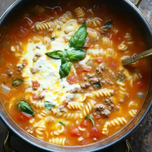 For a rich and tasty One-Pot Lasagna Soup, you need these key ingredients: - 1 tablespoon olive oil - 1 medium onion, finely diced - 3 cloves garlic, minced - 1 pound ground beef or Italian sausage - 1 can (14.5 oz) diced tomatoes (with juices) - 1 can (6 oz) tomato paste - 4 cups beef broth - 2 teaspoons Italian seasoning - 1 tablespoon sugar - 2 cups rotini or penne pasta - 1 cup ricotta cheese - 1 cup shredded mozzarella cheese - 1/2 cup grated Parmesan cheese - Fresh basil leaves (for garnish) - Salt and freshly cracked pepper These ingredients create layers of flavor. The onion and garlic add depth. Ground meat gives it heartiness. Tomatoes and spices bring in that classic Italian taste. To make your soup even better, consider these optional garnishes: - Extra grated Parmesan cheese - Fresh basil or parsley - Crushed red pepper flakes (for heat) - A drizzle of olive oil These toppings add freshness and texture. A bit of heat can liven up the dish, too. You can easily swap out some ingredients based on your taste or needs: - Use turkey or chicken instead of beef for a lighter option. - Swap the pasta for gluten-free options if needed. - Use vegetable broth for a vegetarian version. - For a creamier soup, add more ricotta. These substitutions keep the soup delicious while catering to different diets. Feel free to experiment! Start by heating 1 tablespoon of olive oil in a large pot over medium heat. Add 1 finely diced onion and sauté it for about 3-4 minutes. You want it to be soft and fragrant. Next, mix in 3 minced garlic cloves and cook for 1 minute. Stir often to keep the garlic from burning. Then, add 1 pound of ground beef or Italian sausage. Cook this for 5-7 minutes until the meat is brown. Break it apart with a wooden spoon. If there's extra fat, drain it off. Now it's time to add some flavor. Stir in 1 can of diced tomatoes with juices, 1 can of tomato paste, and 4 cups of beef broth. Add 2 teaspoons of Italian seasoning, 1 tablespoon of sugar, and a good pinch of salt and pepper. Bring it all to a gentle simmer. This lets the flavors blend. Toss in 2 cups of your choice of pasta, like rotini or penne. Cook according to the package instructions, usually about 8-10 minutes. Stir often until the pasta is tender but not mushy. Once your pasta is just right, turn the heat to low. Gently mix in 1 cup of ricotta cheese. This adds a creamy texture. Then, gradually stir in 1 cup of shredded mozzarella and 1/2 cup of grated Parmesan cheese. Keep stirring until all the cheese melts. This will make your soup creamy and rich. Taste and adjust the seasoning with more salt and pepper if needed. Serve hot, and don't forget to garnish with fresh basil leaves! To make your One-Pot Lasagna Soup taste amazing, use fresh ingredients. Fresh garlic and onions boost flavor. Use high-quality beef broth for a richer base. Adjust the Italian seasoning to match your taste. A touch of sugar helps balance acidity. Taste as you go. This way, you can find the perfect blend. One big mistake is overcooking the pasta. Cook it just until it's al dente. Also, don’t skip the cheese! Ricotta, mozzarella, and Parmesan bring creaminess and flavor. Another error is using canned tomatoes without their juices. The juices add depth. Lastly, don't forget to taste your soup before serving. Adjust seasoning to fit your palate. Serve your soup hot in bowls. To make it pretty, add fresh basil as a garnish. You can also sprinkle extra Parmesan on top. Pair it with crusty bread or garlic knots for a complete meal. This makes your One-Pot Lasagna Soup even better! Enjoy with family or friends for a cozy dinner. {{image_4}} You can easily make a vegetarian version of this soup. First, swap the ground beef or sausage for 1 pound of mushrooms. Mushrooms add a deep, rich flavor. Use a mix of cremini and shiitake for the best taste. Add chopped bell peppers and zucchini for more veggies. Keep the other ingredients the same, and enjoy a hearty, meat-free meal. For heat lovers, spice it up! Add red pepper flakes or diced jalapeños while cooking the onion. You can also use spicy Italian sausage instead of the regular kind. If you like a smoky flavor, stir in some smoked paprika. This version warms you up and adds a fun kick to the classic recipe. Feel free to try different pasta shapes! While rotini and penne work great, fusilli or shells can add fun textures. If you're gluten-free, use rice noodles or gluten-free pasta. Just remember to adjust cooking times. The key is to ensure the pasta is cooked al dente, so it holds up in the soup. To store your One-Pot Lasagna Soup, let it cool down first. Once cooled, transfer it to an airtight container. This soup stays fresh in the fridge for up to three days. Make sure to label it with the date you stored it for easy tracking. If you want to freeze the soup, use a freezer-safe container. Leave some space at the top, as the soup will expand when frozen. You can freeze it for up to three months. It’s best to freeze without the cheese added, as it may change texture when thawed. When you're ready to enjoy your soup again, thaw it in the fridge overnight. Reheat it on the stove over low to medium heat. Stir it often to help it heat evenly. If the soup seems thick, add a splash of broth or water to get the right consistency. Enjoy it warm with a sprinkle of cheese on top for added flavor! Yes, you can make this dish ahead of time. Prepare the soup as usual and let it cool. Store it in the fridge for up to three days. When ready to eat, reheat on the stove. Add a splash of broth if it seems thick. You have many options if you want to skip beef or sausage. Ground turkey or chicken work well. For a meat-free version, try lentils or mushrooms. Both add great texture and flavor. To make this soup gluten-free, simply swap the pasta for gluten-free options. Look for gluten-free rotini or penne. Always check labels to ensure all ingredients are safe and gluten-free. This article covered everything you need for one-pot lasagna soup. We discussed key ingredients, including useful garnishes. I shared step-by-step cooking instructions to guide you through. You learned tips to perfect the flavor and avoid mistakes. We explored tasty variations and proper storage for leftovers. With these insights, you can create a delicious meal with ease. Enjoy trying new flavors and making this soup your own!