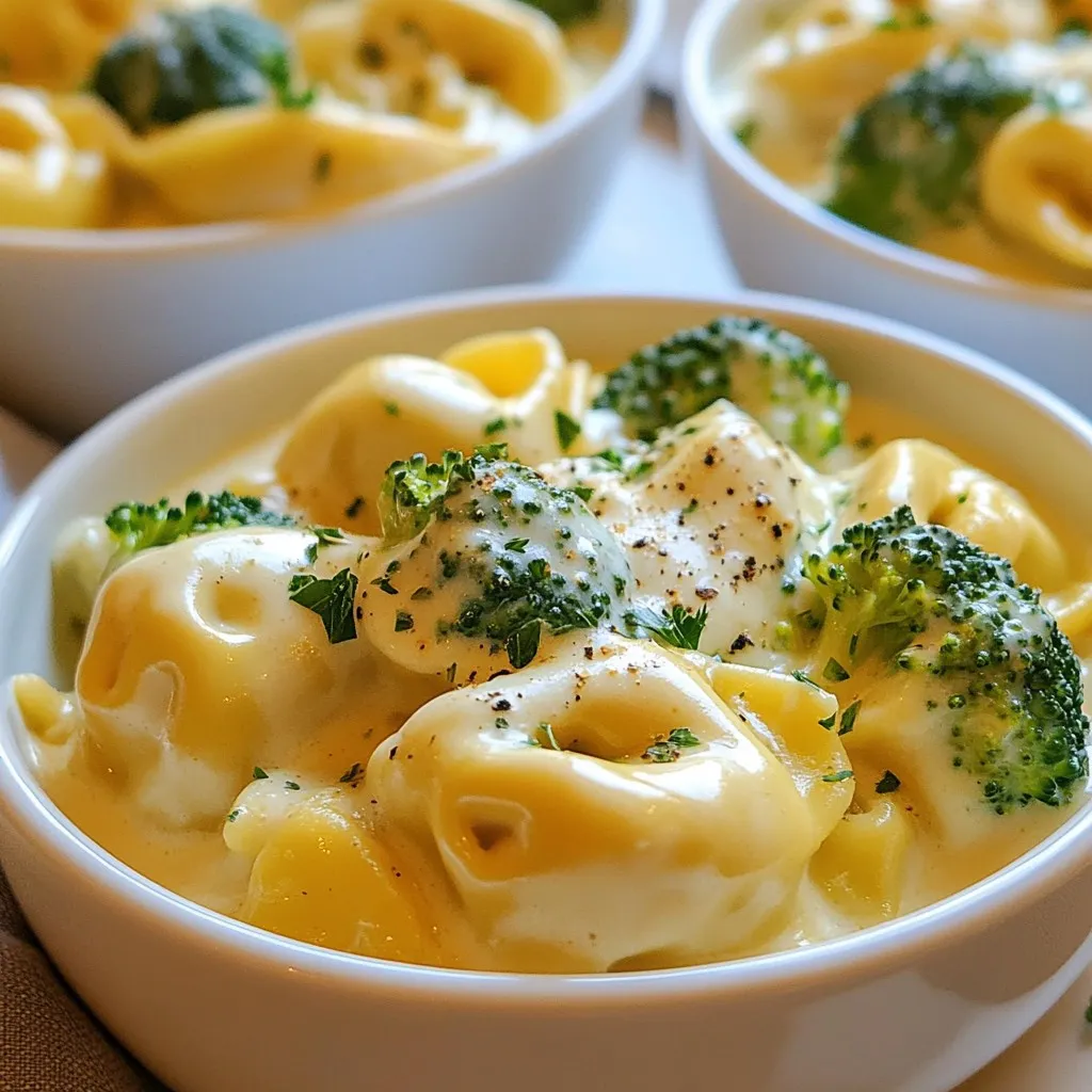 - 2 cups cheese tortellini - 1 cup cooked chicken, shredded - 2 cups fresh broccoli florets - 1 cup heavy cream - 1 tablespoon olive oil - 2 cloves garlic, minced - 1/2 cup grated Parmesan cheese - 1 teaspoon Italian seasoning - Salt and pepper - Fresh parsley, finely chopped The main ingredients in this dish are simple yet flavorful. Cheese tortellini adds a lovely texture and taste. Cooked chicken provides protein and heartiness. Fresh broccoli florets bring color and nutrition to the plate. Heavy cream makes the dish rich and creamy. In addition, olive oil is great for sautéing. Minced garlic adds depth to the flavor. Grated Parmesan cheese gives a salty kick. Italian seasoning enhances the overall taste with its blend of herbs. For seasoning, salt and pepper allow you to adjust the flavor. Fresh parsley garnishes the dish, adding a bright touch. This mix of ingredients creates a comforting meal that everyone will enjoy. {{ingredient_image_2}} First, grab a large pot and fill it with salted water. Bring this to a rolling boil. It’s important to use enough salt; this adds flavor to your tortellini. Once the water is boiling, add in 2 cups of cheese tortellini. You will want to cook them according to the package instructions. This usually takes about 3-5 minutes. Now, for the last 3 minutes of cooking, gently add in 2 cups of fresh broccoli florets. This will make them tender but still bright and crunchy. After everything is cooked, drain the tortellini and broccoli together. Set them aside in a large serving bowl while you prepare the next steps. Next, take a large skillet and heat 1 tablespoon of olive oil over medium heat. Make sure the oil gets nice and hot. This helps to flavor the dish. Once the oil is ready, add in 2 cloves of minced garlic. Cook the garlic for about 1-2 minutes. Stir it often to prevent burning. You want the garlic to become fragrant, not browned. Now it's time to add some protein. Stir in 1 cup of shredded cooked chicken into the skillet with the garlic. Cook this mixture for about 2-3 minutes. Stir occasionally until the chicken is warmed through. Next, we’ll create the cream sauce. Gradually pour in 1 cup of heavy cream while stirring constantly. Keep an eye on it and let it come to a gentle simmer. Avoid boiling the mixture. Let it simmer for 3-4 minutes to thicken slightly. Now, let’s add some flavor! Toss in 1/2 cup of grated Parmesan cheese and 1 teaspoon of Italian seasoning. Stir well until the cheese melts completely into the sauce. This will make the sauce creamy and rich. Season your dish with salt and freshly ground pepper to taste. Mix it thoroughly to ensure the seasoning is even. Finally, add the cooked tortellini and broccoli into the skillet. Carefully toss everything together to coat the pasta and broccoli in the creamy sauce. Remove the skillet from heat. Let the dish sit for 1 minute to let the flavors meld. Now, your creamy chicken tortellini with broccoli is ready to enjoy! To create a creamy sauce, you want the right consistency. Start by adding the heavy cream slowly. Stir as you pour. This helps the cream blend well. Let it simmer gently. Avoid boiling, as this can curdle the sauce. A gentle simmer thickens the sauce nicely without ruining it. When plating, use wide, shallow bowls. This lets the dish shine. Add a sprinkle of fresh parsley on top. It adds color and freshness. Serve with crusty bread for a complete meal. A simple green salad on the side pairs nicely too. To adjust the taste, consider spices. A pinch of red pepper flakes adds a nice kick. You can also try adding fresh basil or thyme. To get the best flavor, time your seasonings right. Add salt and pepper just before serving. This keeps the taste fresh and vibrant. Pro Tips Use Fresh Ingredients: Fresh broccoli and quality cheese tortellini will enhance the flavor and texture of your dish, making it more vibrant and delicious. Adjust the Creaminess: For a lighter version, you can substitute half of the heavy cream with chicken broth, which will still give you a rich flavor without being too heavy. Experiment with Cheese: Try adding different types of cheese like mozzarella or fontina for a unique twist on the classic creamy sauce. Garnish for Presentation: A sprinkle of extra Parmesan and fresh parsley not only adds color but also enhances the overall flavor profile of the dish. {{image_4}} For an easy twist on creamy chicken tortellini, try different proteins. You can use shrimp or tofu instead of chicken. Both options bring unique flavors. Shrimp cooks quickly and adds a nice seafood touch. Tofu offers a great vegetarian choice and soaks up the sauce well. You can also mix in different vegetables. Instead of broccoli, use spinach or peas. Both options are colorful and tasty. Bell peppers or zucchini can add crunch and flavor too. Get creative with what you have on hand! If you need gluten-free options, look for gluten-free tortellini. Many brands offer this choice now. You can also make your own if you feel adventurous. Swap out heavy cream for almond milk or coconut cream for a lighter dish. You can still enjoy a creamy texture without all the calories. For a lighter version, reduce the amount of cream. Use just half a cup and add extra broth or water. This keeps it creamy but cuts back on richness. You can also try low-fat sour cream for a different taste. To add a kick of flavor, try spices! A pinch of red pepper flakes can bring heat. You can also add a dash of smoked paprika for depth. These spices can really change the dish’s personality. Incorporating sun-dried tomatoes or spinach can enhance taste too. Sun-dried tomatoes add a sweet, tangy note. Spinach boosts nutrition and adds a nice color contrast. These small changes can create a whole new dish while keeping the creamy goodness. Store leftover creamy chicken tortellini in a sealed container. It keeps well in the fridge for up to three days. Ensure the dish cools down before sealing it to prevent moisture buildup. This helps maintain its texture and taste. To reheat, use a skillet over low heat. Add a splash of cream or milk to keep it creamy. Stir gently to avoid burning. You can also use a microwave; just cover it and heat in short bursts, stirring in between. This keeps the dish from drying out. Yes, you can freeze this dish! To freeze, let it cool completely first. Then, transfer it to an airtight container or freezer bag. It stays good for about three months. When ready to eat, thaw it in the fridge overnight. Reheat gently, adding a bit of cream to restore creaminess. This way, you enjoy the same delicious flavors later! Creamy chicken tortellini lasts about 3 to 4 days in the fridge. Store it in an airtight container. This keeps the dish fresh and safe to eat. Always check for signs of spoilage before eating. If it smells off or looks strange, toss it out. Yes, you can use frozen tortellini. Just adjust the cooking time. Usually, frozen tortellini takes a little longer to cook. Follow the package directions for the best results. You can add the broccoli at the same time as the tortellini. This ensures they cook together perfectly. If you want a lighter version, you can use half-and-half or whole milk. Both will change the texture a bit. For a vegan option, try coconut milk or almond milk. These alternatives still give a creamy feel, but they change the flavor slightly. To make creamy chicken tortellini dairy-free, use coconut milk or cashew cream. Both options add a rich taste without any dairy. You also need to skip the Parmesan cheese or use a dairy-free cheese. Adjust the seasoning to balance the flavors. This blog post explored how to make creamy chicken tortellini. We covered main ingredients like cheese tortellini, cooked chicken, broccoli, and heavy cream. Step-by-step, we discussed cooking techniques, tips for flavor, and serving ideas. You discovered useful variations, storage, and reheating methods. I hope this guide helps you create a delicious meal. Enjoy cooking this dish for family and friends!