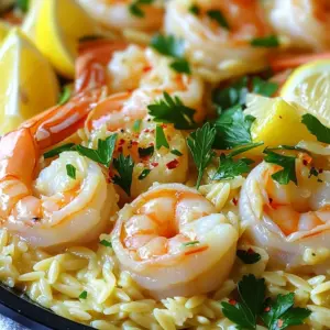 For this dish, you will need: - 1 pound large shrimp, peeled and deveined - 1 cup orzo pasta - 4 tablespoons unsalted butter - 4 cloves garlic, finely minced - 1 teaspoon red pepper flakes (optional, for heat) - 1 lemon, juiced and zested - 1/2 cup vegetable broth - 1/4 cup fresh parsley, finely chopped - Salt and freshly ground black pepper to taste - Lemon wedges for serving These main ingredients create a rich and flavorful base. The shrimp brings protein, while the orzo pasta gives a nice texture. Garlic and butter work together to create a lovely sauce. Lemon adds brightness, and parsley finishes the dish with freshness. You can add extra ingredients to enhance the taste: - Fresh basil for a sweet touch - A splash of white wine for depth - Grated Parmesan cheese for richness - Cherry tomatoes for a pop of color and sweetness These additions can elevate the dish even more. Fresh herbs will brighten the flavors, while wine adds a nice depth. Cheese gives a creamy finish, and tomatoes add a juicy burst. If you need to swap ingredients, here are some ideas: - Use shrimp alternatives like chicken or scallops - Swap orzo for rice or quinoa for a different texture - Substitute vegetable broth with chicken broth for more flavor - Use olive oil instead of butter for a lighter dish These substitutions keep the dish adaptable. You can still enjoy great flavor even with changes. Adjust based on what you have in your kitchen, and enjoy cooking! Start by boiling a large pot of salted water. Once it boils, add 1 cup of orzo pasta. Cook the orzo as per the package's instructions until it is al dente. This usually takes about 8-10 minutes. After it's cooked, drain the orzo in a colander. Set it aside while you prepare the shrimp. In a large skillet, melt 4 tablespoons of unsalted butter over medium heat. As the butter melts, add 4 cloves of finely minced garlic. If you like heat, add 1 teaspoon of red pepper flakes too. Sauté this mix for about 1 minute. You want the garlic fragrant but not browned. Now, carefully add 1 pound of large shrimp, peeled and deveined. Season the shrimp with salt and freshly ground black pepper. Sauté the shrimp for 2-3 minutes on each side. The shrimp should turn pink and opaque. Pour in 1/2 cup of vegetable broth, then add the juice and zest of 1 lemon. Stir gently and let it simmer for about 2 minutes. This allows the flavors to meld. Next, add the drained orzo to the skillet. Toss everything well, coating the orzo and shrimp with the sauce. Cook for an additional 2 minutes to heat it through. Finally, stir in 1/4 cup of finely chopped fresh parsley. Taste your dish and adjust the seasoning if needed. Now, serve your garlic butter shrimp scampi orzo immediately, garnished with lemon wedges for a fresh touch. Enjoy! To cook shrimp perfectly, start with large, fresh shrimp. Make sure they are peeled and deveined. Heat your skillet to medium heat before adding butter. Sauté shrimp for 2-3 minutes on each side. They should turn pink and opaque. Avoid overcooking, as this makes shrimp tough. Always season with salt and pepper for better taste. You can boost flavor by adding red pepper flakes for a hint of heat. Fresh lemon zest adds a bright kick. Try adding some cherry tomatoes or spinach for extra color and nutrients. Fresh herbs like basil or dill can also elevate the dish. A splash of white wine will give it a gourmet touch. Do not overcrowd the skillet when cooking shrimp. This can lead to steaming instead of sautéing. Make sure the garlic does not brown; it can turn bitter. Also, remember to taste and adjust seasoning before serving. Finally, don’t skip the fresh parsley; it adds freshness to each bite. {{image_4}} To add heat to your dish, use red pepper flakes. You can start with one teaspoon. If you want more spice, add a bit more. The heat pairs well with the garlic and butter. Adjust it to your taste. This change makes the dish vibrant and lively. You can easily add veggies to this dish. Spinach, cherry tomatoes, or zucchini work great. Just sauté them with the garlic before adding the shrimp. This adds color and nutrients. Plus, it makes the meal more filling. If you prefer chicken, swap shrimp for chicken breast. Cut it into bite-sized pieces and cook until golden. For scallops, use large ones. They cook quickly and taste amazing. Both options keep the dish just as tasty. Store any leftover garlic butter shrimp scampi orzo in an airtight container. Make sure to cool it to room temperature before sealing. This helps prevent condensation, which can make your dish soggy. Leftovers will last for up to three days in the fridge. If you want to enjoy it later, freezing is a great option. When you're ready to enjoy the leftovers, use a microwave or a skillet. If using a microwave, place the orzo in a bowl with a splash of broth or water. Heat for about one to two minutes. Stir halfway through for even warmth. If using a skillet, add the orzo and a little broth. Heat over medium heat, stirring gently until hot. This keeps the flavors fresh and tasty. To freeze your garlic butter shrimp scampi orzo, place it in a freezer-safe container. Make sure to leave some space for expansion. It will keep well in the freezer for up to three months. When you're ready to eat, thaw it in the fridge overnight. Reheat as mentioned above for a delicious meal that tastes fresh! The best shrimp for this recipe is large shrimp. I recommend using wild-caught shrimp if possible. They have a sweeter flavor and better texture. Fresh shrimp brings the best taste. If fresh shrimp isn’t available, frozen shrimp works too. Just make sure you thaw them properly before cooking. You can make this dish ahead of time. However, I suggest cooking the orzo and shrimp close to serving time. If you prepare it early, the orzo may absorb too much sauce. Store the cooked dish in an airtight container in the fridge. It will stay fresh for up to two days. Reheat gently on the stove or in the microwave. To make this dish gluten-free, swap orzo for gluten-free pasta. Many brands offer gluten-free options that taste great. Cook the pasta according to the package instructions. All other ingredients in the recipe are gluten-free. This way, you can enjoy the same delicious flavor while meeting dietary needs. You learned about making Garlic Butter Shrimp Scampi Orzo in this post. We covered ingredients, steps, and tips for perfect results. I shared fun variations and how to store leftovers. This dish is tasty and easy, perfect for any meal. Enjoy your cooking journey with this simple recipe and make it your own with added flavors. You will impress everyone at the table!
