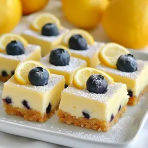 To make these tasty Lemon Blueberry Cheesecake Bars, gather these ingredients: - 1 ½ cups graham cracker crumbs - ½ cup unsalted butter, melted - ¼ cup granulated sugar (for crust) - 16 oz cream cheese, softened - ½ cup granulated sugar (for filling) - 2 large eggs, at room temperature - 2 tablespoons fresh lemon juice - Zest of 1 lemon - 1 teaspoon vanilla extract - 1 cup fresh blueberries, washed and dried - 2 tablespoons cornstarch Each ingredient plays a key role. The graham cracker crumbs form a crunchy base. Cream cheese gives a rich and creamy filling. Fresh blueberries add sweetness and color. Lemon juice brings a bright, zesty flavor. If you need alternatives, here are some great options: - Graham cracker crumbs: You can use crushed digestive biscuits or vanilla wafers. - Unsalted butter: Coconut oil or margarine work well too. - Granulated sugar: Brown sugar or maple syrup can be used in a pinch. - Cream cheese: Silken tofu or a dairy-free cream cheese can replace it. - Fresh blueberries: Try raspberries or chopped strawberries instead. These substitutes can change the taste slightly. Experiment and find what you like best! To make your bars look even better, consider these garnishes: - A handful of fresh blueberries on top - A light dusting of powdered sugar - Lemon slices for color and a hint of zest Garnishes can make your dessert stand out. They add visual appeal and extra flavor. {{ingredient_image_2}} First, preheat your oven to 325°F (160°C). Grab a 9x9 inch baking pan. Lightly grease it and line it with parchment paper. Leave some edges overhanging. This makes it easy to lift out the bars later. In a medium bowl, mix 1 ½ cups of graham cracker crumbs, ½ cup of melted unsalted butter, and ¼ cup of granulated sugar. Stir until it looks like wet sand. Firmly press this mixture into the bottom of your pan. Bake the crust for 10 minutes. Let it cool slightly while you make the filling. Take a large bowl and beat 16 oz of softened cream cheese on medium speed for 2-3 minutes until smooth. Gradually add ½ cup of granulated sugar. Mix on low speed until it is smooth and lump-free. Add 2 large eggs one at a time, mixing well after each. Then, stir in 2 tablespoons of fresh lemon juice, the zest of 1 lemon, and 1 teaspoon of vanilla extract. Mix everything until creamy. Now, get a small bowl. Toss 1 cup of fresh blueberries with 2 tablespoons of cornstarch. This keeps them from sinking in the filling. Gently fold the blueberries into the cream cheese mixture. Be careful not to break them. Pour the cream cheese mix over the crust. Spread it evenly. Bake for 30-35 minutes. The edges should be firm, and the center should jiggle a bit. Once done, let the bars cool for 30 minutes at room temperature. Then, chill them in the fridge for at least 2 hours. This helps them set perfectly. After chilling, lift the bars out using the parchment paper. Cut them into squares and enjoy! To make a creamy filling, start with softened cream cheese. Softened cream cheese blends smoothly. Use an electric mixer to beat it. Mix on medium speed until smooth, about 2-3 minutes. Gradually add sugar while mixing on low speed. This helps to avoid lumps. Don’t overmix after adding eggs. Mix just until blended. For extra creaminess, add fresh lemon juice and zest slowly. This not only adds flavor but also keeps the texture light. Toss your fresh blueberries in cornstarch before adding them to the filling. This step helps keep the blueberries from sinking. When you fold them into the filling, be gentle. You want to keep the blueberries whole. This way, each bite has juicy blueberry goodness. Try to evenly distribute the blueberries throughout the mixture. This ensures every square gets a burst of flavor. After baking, let the cheesecake bars cool in the pan for about 30 minutes. This helps to set the texture. Then, move the pan to the fridge for at least 2 hours. Chilling lets the bars firm up nicely. The longer they chill, the better the texture will be. When ready to serve, use the parchment paper to lift the bars out. This keeps them intact and makes slicing easier. Enjoy them chilled for the best taste! Pro Tips Chill Your Ingredients: For a smoother filling, ensure your cream cheese is properly softened at room temperature before mixing. This helps to achieve a lump-free and creamy texture. Use Fresh Blueberries: Fresh blueberries not only add vibrant color but also enhance the flavor of your cheesecake bars. If using frozen, make sure to thaw and drain them to avoid excess moisture. Don’t Overmix: Once you add the eggs to the cream cheese mixture, mix just until combined. Overmixing can incorporate too much air, leading to cracks in your cheesecake bars. Let Them Set: Allow the bars to chill in the refrigerator for at least 2 hours. This not only helps them firm up but also allows the flavors to meld beautifully. {{image_4}} You can swap blueberries for many fruits. Strawberries add a sweet twist. Raspberries give a nice tart bite. Cherries are also great and add a rich flavor. Just keep the same amount of fruit. This gives you room to play with flavors. Each fruit brings its own charm to the bars. If you need a gluten-free crust, use almond flour. Just mix 1 ½ cups of almond flour with ½ cup melted butter and ¼ cup sugar. Press it into the pan just like the original. Bake it for 10 minutes. This crust is nutty and delicious. It holds together well and adds a nice flavor. To make this recipe dairy-free, use vegan cream cheese. It works just like regular cream cheese. Replace the butter with coconut oil or a dairy-free spread. The taste will still be creamy and rich. You won’t miss the dairy. Just follow the rest of the recipe the same way. To keep your Lemon Blueberry Cheesecake Bars fresh, store them in the fridge. Place the bars in an airtight container. If you don’t have one, cover them tightly with plastic wrap. The bars stay good for about 4 to 5 days. Always check for any signs of spoilage before serving. If you want to save some bars for later, freezing is a great option. First, let the bars cool completely in the fridge. Then slice them into squares. Wrap each square in plastic wrap, then place them in a freezer-safe bag. These bars can last up to 3 months in the freezer. When you're ready to enjoy, just thaw them in the fridge overnight. If you prefer warm cheesecake bars, reheating is simple. Take the bars out of the fridge or freezer. If they are frozen, let them thaw first. Place them on a microwave-safe plate. Heat in the microwave for about 10 to 15 seconds. Check to see if they are warm enough. Be careful not to overheat; you want them warm, not hot. Enjoy your delicious bars! Yes, you can use frozen blueberries. They work well in this recipe. Just make sure to thaw them first and drain any excess water. This helps keep the bars from being too wet. Toss the thawed berries with cornstarch before adding them to your filling. This keeps them from sinking in the mixture. These cheesecake bars last for about 5 days in the fridge. Store them in an airtight container to keep them fresh. Make sure they are fully chilled before covering them. This helps prevent any condensation from forming inside the container. You can serve these bars with whipped cream for a creamy touch. Fresh blueberries on top add color and flavor. A scoop of vanilla ice cream pairs well too. For a twist, drizzle some lemon glaze over the bars. This blog post covered the key ingredients and steps to make Lemon Blueberry Cheesecake Bars. We explored ingredient choices and shared helpful tips for the best results. You learned about variations, storage methods, and answers to common questions. In summary, with the right ingredients and a few tricks, you can create a delicious treat. Enjoy making these bars and share them with your friends and family. Your efforts will surely impress!