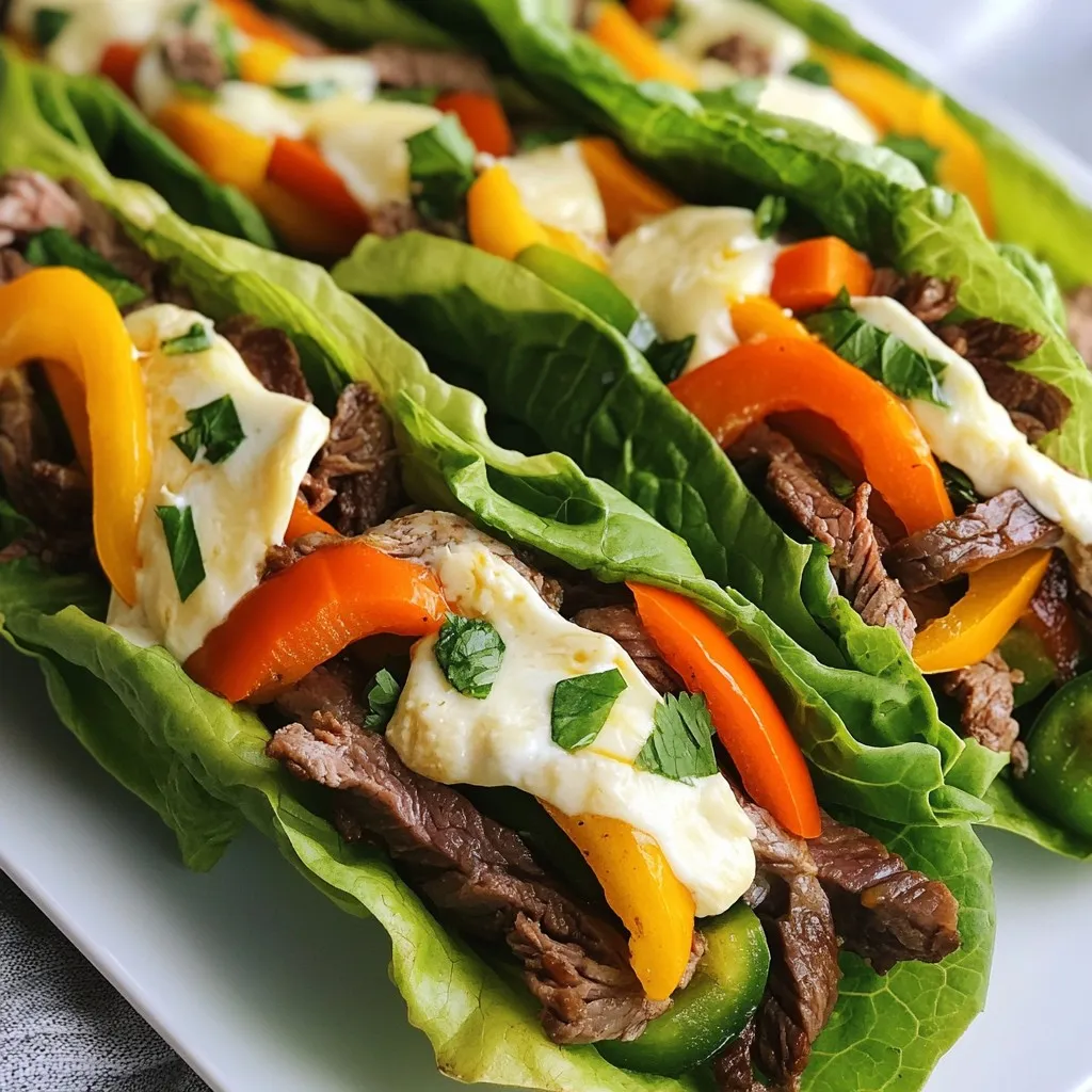 To make Keto Philly Cheesesteak Roll Ups, you will need the following ingredients: - 1 lb thinly sliced beef (ribeye or flank steak preferred) - 1 tablespoon extra-virgin olive oil - 1 bell pepper (preferably a mix of colors), sliced - 1 small onion, thinly sliced - 1 teaspoon garlic powder - 1 teaspoon onion powder - Salt and freshly ground black pepper to taste - 8 oz cream cheese, softened at room temperature - 1 cup shredded provolone or mozzarella cheese - 4 large lettuce leaves (Roma or iceberg varieties work well) - Optional: 1 tablespoon fresh parsley, chopped (for garnish) Each serving of these roll ups packs a flavorful punch while keeping your carb count low. Here’s a quick rundown of the nutrition: - Calories: Approximately 350 - Protein: About 25g - Fat: Roughly 28g - Carbohydrates: Around 5g - Fiber: 2g - Net Carbs: 3g These roll ups fit perfectly into a keto diet, offering great taste without the carbs. For this recipe, I suggest the following brands and substitutes to enhance your dish: - Beef: Look for high-quality cuts like ribeye or flank steak from brands like Omaha Steaks or Certified Angus Beef. - Cheese: Use Philadelphia cream cheese for a smooth texture. For shredded cheese, look for Sargento or Kraft provolone. - Olive oil: Choose extra-virgin olive oil from brands like California Olive Ranch for the best flavor. - Lettuce: Romaine or iceberg are great. Organic options from your local market are always a good choice. - Peppers and onions: Fresh, colorful bell peppers and sweet onions will really brighten up your dish. This selection ensures you get the best flavor and quality in every bite! {{ingredient_image_2}} First, gather all your ingredients. You need: - 1 lb thinly sliced beef (ribeye or flank steak preferred) - 1 tablespoon extra-virgin olive oil - 1 bell pepper (preferably a mix of colors), sliced - 1 small onion, thinly sliced - 1 teaspoon garlic powder - 1 teaspoon onion powder - Salt and freshly ground black pepper to taste - 8 oz cream cheese, softened at room temperature - 1 cup shredded provolone or mozzarella cheese - 4 large lettuce leaves (Roma or iceberg varieties work well) - Optional: 1 tablespoon fresh parsley, chopped for garnish Make sure to slice the beef, bell pepper, and onion ahead of time. This saves you time when cooking. Heat a large skillet over medium-high heat. Add the olive oil right away. Once the oil is hot, toss in the sliced onions and bell peppers. Sauté them for about 5 minutes. Stir occasionally until they soften and smell great. Afterward, transfer them to a bowl and set aside. Now, in the same skillet, add the thinly sliced beef. Sprinkle it with garlic powder, onion powder, salt, and black pepper. Cook the beef for about 4-5 minutes. It should brown nicely and be fully cooked. After it's done, add the cooked peppers and onions back into the skillet. Let them simmer together for 2 more minutes. This helps all the flavors blend well. Remove the skillet from the heat and let it cool slightly. While your beef mixture cools, grab a separate bowl. Combine the softened cream cheese and shredded cheese in it. Mix well until it's smooth and creamy. Now, take a large lettuce leaf and lay it flat on a clean surface. Place a spoonful of the beef and vegetable mix in the center. Add a generous dollop of the creamy cheese mix on top of the beef. Carefully wrap the lettuce leaf tightly around the filling. Start at one end and roll while tucking in the sides. This keeps everything secure. Repeat this for the rest of the lettuce leaves and filling. For a nice touch, slice the roll-ups in half diagonally. You can also use toothpicks to hold each piece together. Optionally, sprinkle some chopped parsley on top for a fresh look. Enjoy your roll-ups right away for the best taste! To make your beef tasty, start with the right cut. I recommend ribeye or flank steak. These cuts are tender and full of flavor. Slice your beef thinly for quick cooking. Season it well with garlic powder, onion powder, salt, and pepper. This gives it a rich taste. Cook it just until browned, about 4-5 minutes. Overcooking can make it tough. Mix in the sautéed onions and peppers for extra flavor. For the best roll-ups, choose sturdy lettuce. Romaine and iceberg work well. They hold the filling without tearing. Romaine gives a nice crunch, while iceberg is refreshing and crisp. Wash and dry the leaves well before using. This helps the filling stay in and not leak out. You can prep these roll-ups ahead of time. Cook the beef and veggies, then let them cool. Store them in the fridge for up to three days. You can also prepare the cheese mixture ahead. Just keep it in a sealed container. When ready to eat, assemble the roll-ups. This way, you have a quick meal ready to go. If you have leftovers, store them in the fridge wrapped tightly. Enjoy them within two days for the best taste. Pro Tips Select the Right Cut: Using ribeye or flank steak not only enhances the flavor but also ensures tenderness, making your roll-ups more enjoyable. Perfectly Sautéed Veggies: Sauté the bell peppers and onions until they are soft and fragrant; this step adds depth to the overall flavor of your dish. Cool Before Wrapping: Let the beef mixture cool slightly before wrapping it in the lettuce leaves. This helps to prevent the leaves from wilting and keeps your roll-ups crisp. Try Different Cheeses: Experiment with different cheeses like cheddar or gouda for a unique twist on the classic cheesesteak flavor profile. {{image_4}} Want to add some heat? You can make spicy Keto Philly cheesesteak roll ups. Simply add sliced jalapeños or a dash of hot sauce to the beef mixture. The spicy kick pairs well with the creamy cheese. Adjust the heat based on your taste. This twist makes the dish exciting for those who love bold flavors. For a vegetarian version, swap out the beef for your favorite plant-based protein. Options like mushrooms or tempeh work great. You can also add more vegetables, like spinach or zucchini, to enhance texture and flavor. Keeping the cream cheese and cheese mix will still give you that rich, creamy base. This way, everyone can enjoy a hearty meal. Not a fan of provolone or mozzarella? You can switch cheeses based on your preference. Cheddar gives a sharp taste, while pepper jack adds a nice zest. Vegan cream cheese is a great substitute too, making it dairy-free. Experimenting with cheeses can change the flavor profile and make each roll up unique. After you enjoy your Keto Philly Cheesesteak Roll Ups, you might have some left. To keep them fresh, store them in an airtight container. Place parchment paper between layers to avoid sogginess. They stay good for up to three days in the fridge. If you want to save some for later, freezing is a great option. Wrap each roll-up tightly in plastic wrap. Then, place them in a freezer-safe bag or container. This way, you can enjoy them for up to a month. Just remember to label the bag with the date. To reheat your roll-ups, you can use the microwave or oven. If using the microwave, heat them on a plate for about 30-45 seconds. For the oven, preheat it to 350°F and heat for about 10-15 minutes. Keep an eye on them to avoid drying out. Enjoy your meal just like the first time! Yes, you can use other meats. Chicken or turkey work well. Thinly sliced pork can also be tasty. Just adjust the cooking time based on the meat you choose. Each type will bring its unique flavor to the roll-ups. To make this dish dairy-free, use dairy-free cheese. There are many brands with great taste. You can also swap the cream cheese for a nut-based spread. Always check labels to ensure they meet your needs. These roll-ups go well with many sides. Consider a fresh salad with greens. Roasted vegetables are also a nice choice. You can serve them with cauliflower rice for a filling meal. Another option is a simple pickle platter for crunch. In this article, we covered all you need for perfect Keto Philly Cheesesteak Roll Ups. We detailed the key ingredients and their nutrition, offered step-by-step cooking instructions, and shared helpful tips. You discovered tasty variations, storage methods, and addressed common questions. These roll-ups are not just easy to make but also fun to enjoy. Try them out and adjust to your taste. Happy cooking!