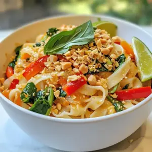 - 8 oz wide rice noodles - 2 tablespoons vegetable oil - 3 cloves garlic, minced - 1 red bell pepper, sliced into thin strips - 1 cup fresh Thai basil leaves - 1 carrot, julienned - 1 cup baby bok choy, chopped - 1 tablespoon light soy sauce - 2 tablespoons oyster sauce (or a plant-based alternative) - 1 tablespoon dark soy sauce - 1 tablespoon chili paste (adjust based on your heat preference) - 1 teaspoon sugar - 1 lime, cut into wedges - Crushed peanuts, for garnish These ingredients are key to making delicious Street Style Thai Drunken Noodles. The wide rice noodles give the dish its heartiness. The garlic adds a robust flavor that makes every bite pop. The fresh vegetables not only add taste but also bring color and crunch. The sauces create a rich, savory base that ties everything together. - Sliced green onions - Bean sprouts - Extra vegetables like snow peas or mushrooms - Protein options like chicken, shrimp, or tofu Feel free to add or swap in any ingredients you like. This flexibility lets you make the dish your own. For instance, if you love mushrooms, toss in some sliced ones during the stir-fry. Want more crunch? Add bean sprouts right before serving! - Large pot for boiling noodles - Large pan or wok for stir-frying - Tongs or spatula for mixing - Knife and cutting board for chopping Having the right tools makes cooking easier. A wok is best for stir-frying because it heats evenly. Make sure your pot is big enough for the noodles to cook well. With these tools, you’re set to make a yummy meal! {{ingredient_image_2}} To start, bring a large pot of water to a boil. Once the water is bubbling, add 8 oz of wide rice noodles. Cook the noodles for 4-5 minutes. They should be tender but still slightly firm. Drain the noodles and rinse them under cold water. This stops the cooking process and keeps them from getting mushy. After rinsing, set the noodles aside for later. Next, heat 2 tablespoons of vegetable oil in a large pan or wok over medium heat. When the oil is warm, add 3 cloves of minced garlic. Sauté for around 30 seconds until it smells good but doesn’t brown. Now, add the sliced red bell pepper, julienned carrot, and chopped baby bok choy to the pan. Stir-fry the veggies for 3-4 minutes. You want them tender, yet still crisp. Now it’s time to bring it all together. Add the cooked rice noodles to the pan with the vegetables. Pour in 1 tablespoon of light soy sauce, 2 tablespoons of oyster sauce (or a plant-based alternative), 1 tablespoon of dark soy sauce, and 1 tablespoon of chili paste. If you like it spicy, feel free to add more chili paste! Add 1 teaspoon of sugar for a hint of sweetness. Use tongs or a spatula to toss everything together. Make sure the noodles are coated well with the tasty sauces. Finally, fold in 1 cup of fresh Thai basil leaves. Cook for another 1-2 minutes until the basil wilts. Now you’re ready to serve! Squeeze fresh lime juice over the noodles and garnish with crushed peanuts for extra crunch. Enjoy your flavorful street-style Thai drunken noodles! To get the best noodle texture, use wide rice noodles. Boil them for 4-5 minutes. They should be tender but firm. After cooking, rinse them under cold water. This stops the cooking. It keeps the noodles from getting mushy. You want a nice chew! If you like spice, add chili paste to taste. Start with one tablespoon. This gives a good kick. If you want it milder, use less. You can always add more later. Taste as you cook. This way, you can control the heat. Fresh ingredients make a big difference in flavor. Use fresh Thai basil for a nice aroma. The red bell pepper adds sweetness and color. Baby bok choy adds crunch. Don't skip the lime! It brightens the dish. Squeeze it on before serving. This extra step boosts the taste. Pro Tips Use Fresh Ingredients: For the best flavor, use fresh Thai basil and crisp vegetables. Fresh ingredients enhance the dish's overall taste and aroma. Adjust Spice Level: Customize the heat of your drunken noodles by varying the amount of chili paste. Start with less and add more to suit your preference. Don’t Overcook the Noodles: Make sure to cook the rice noodles just until tender. Overcooking can lead to mushy noodles that don't hold their shape well. Garnish for Flavor: Finishing the dish with crushed peanuts and a squeeze of lime adds a delightful crunch and acidity, elevating the overall flavor profile. {{image_4}} You can easily make this dish vegetarian or vegan. Simply swap out the oyster sauce for a plant-based version. Many brands offer vegan oyster sauce made from mushrooms. You can also add more veggies, like zucchini or eggplant, to boost the flavor and nutrition. Use these swaps to keep it tasty while sticking to your dietary choices. If you want to add protein, you have great options. Chicken works well; just slice it thinly and cook it before adding the veggies. Shrimp is another tasty choice. Cook them until they turn pink, then mix them in. For a plant-based option, use tofu. Cube it and sauté until golden before adding to the mix. Each protein adds its own unique taste to the dish. Feel free to explore with vegetables. Try snap peas for a crunchy twist or bell peppers in various colors for a vibrant look. Broccoli florets or mushrooms can also add great texture. Mixing different veggies not only enhances the taste but also makes your meal colorful and fun. Just remember to cut them into similar sizes for even cooking. After you finish your meal, let the noodles cool. Place them in an airtight container. This keeps them fresh. Store the container in the fridge. They will last for about 3 to 4 days. To reheat, you can use the microwave. Place the noodles in a bowl and cover it. Heat for about 1 to 2 minutes. Stir halfway through to warm evenly. You can also use a pan. Add a splash of water and heat on low. Stir gently until warmed through. If you want to save some for later, freezing works well. First, let the noodles cool completely. Then, portion them into freezer-safe bags. Squeeze out any air before sealing. They can be frozen for up to 2 months. When ready to eat, thaw overnight in the fridge. Reheat as before. This keeps your dish tasty and enjoyable. Street Style Thai Drunken Noodles are a popular dish from Thailand. They feature wide rice noodles stir-fried with fresh vegetables, garlic, and sauces. The dish has a spicy and savory flavor that makes it amazing. You will often find it served with Thai basil and lime. The name comes from the idea that this dish is so good, it can make you feel "drunk" with joy! Yes, you can use other noodles! While wide rice noodles are traditional, you can try egg noodles or even soba noodles. Just make sure to adjust the cooking time based on the type you choose. Each noodle will give a different taste and texture. Experimenting can help you find your favorite version. You can find authentic Thai Drunken Noodles at many Thai restaurants. Look for places that serve street food-style dishes. If you want to make them at home, use fresh ingredients and follow a good recipe, like the one here. This way, you can enjoy this dish anytime! You learned how to make Street Style Thai Drunken Noodles. We covered the essential and optional ingredients, plus the right tools for cooking. The step-by-step guide showed you how to cook the noodles and mix flavors perfectly. You can customize spice levels and try different proteins or veggies. Remember to follow storage tips for leftovers. With practice, you’ll master this dish. Enjoy cooking and sharing your tasty creation with others!