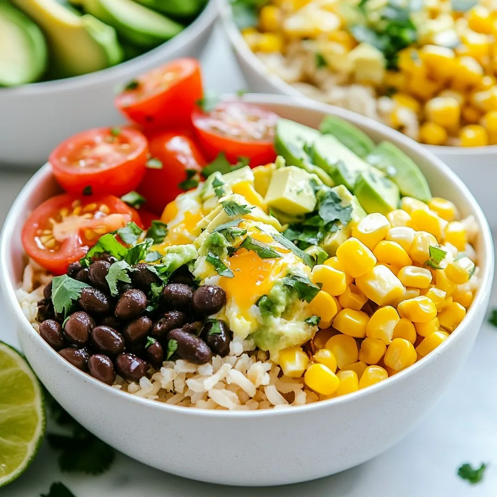 - 1 cup brown rice, cooked - 1 cup black beans, rinsed and drained - 4 large eggs - 1 cup cherry tomatoes, halved - 1 ripe avocado, diced - ½ medium onion, finely diced - 1 bell pepper, diced (choose any color that you prefer) - ½ cup corn kernels (fresh or frozen) - 1 teaspoon smoked paprika - 1 teaspoon ground cumin - Salt and pepper, to taste - ¼ cup fresh cilantro, chopped (optional) - Lime wedges for serving To make your meal-prep breakfast burrito bowls shine, start with these main ingredients. Brown rice serves as a hearty base. Black beans add protein and fiber. Eggs give you a rich, savory flavor. Cherry tomatoes and avocado bring freshness and creaminess. Now, let’s add some color and spice with the vegetables and seasonings. Onions and bell peppers provide sweetness when cooked. Corn kernels add a nice crunch. Smoked paprika and ground cumin bring warmth and depth to the dish. Salt and pepper enhance all these flavors. For the finishing touch, consider using optional garnishes. Fresh cilantro adds a bright taste. Lime wedges bring a zesty kick when you squeeze them over the bowl. These simple ingredients create a tasty and balanced meal that you can enjoy throughout your busy week. {{ingredient_image_2}} To cook brown rice, rinse one cup under cold water. This removes excess starch. In a pot, add the rice and two cups of water. Bring it to a boil over high heat. Once boiling, reduce the heat to low and cover. Let it simmer for about 45 minutes. Turn off the heat and let it sit for 10 minutes. Fluff the rice with a fork, then set it aside. For perfect sautéing, heat a skillet over medium heat. Add a drizzle of olive oil. Once hot, toss in the diced onion and bell pepper. Cook for about 5-7 minutes. Stir often, letting them soften and become fragrant. If you want extra flavor, add a pinch of salt while cooking. This helps draw out the moisture. Crack four large eggs into a mixing bowl. Add one teaspoon of smoked paprika, one teaspoon of ground cumin, and a pinch of salt and pepper. Whisk the mixture until it's blended well. Pour it into the skillet with the cooked vegetables. Stir gently with a spatula. Cook for about 3-4 minutes until the eggs are set but still moist. Start each bowl with a layer of cooked brown rice at the bottom. Next, add a layer of rinsed black beans. Then, scoop in the egg and vegetable mix. Top each bowl with halved cherry tomatoes, diced avocado, and corn kernels. Arrange these toppings in a colorful way. If you like, sprinkle chopped cilantro on top for extra flavor. After assembling, secure the lids on your meal-prep containers. Place the bowls in the refrigerator. They will stay fresh for up to four days. For easy meals, simply grab a bowl when you're hungry. Enjoy your healthy breakfast burrito bowls any day of the week! Efficient cooking saves time and energy. Start with cooking the brown rice first. It takes about 15 minutes. While it cooks, you can chop your veggies and prep the eggs. Sauté the onion and bell pepper in a skillet. This method uses one pan, which cuts down on cleanup. You can cook the eggs in the same skillet after the veggies. This keeps flavors together and makes your meal more tasty. These breakfast burrito bowls are not just delicious; they are also healthy. Each bowl has about 400 calories. The brown rice gives you fiber and energy. Black beans add protein and more fiber. Avocado provides healthy fats, while veggies add vitamins. These bowls are balanced and will keep you full through the morning. A colorful meal looks more appetizing. Layer your ingredients in the bowl to show each color. Start with rice, then add black beans, followed by eggs, and top it with tomatoes and avocado. This makes each layer visible and fun to eat. Adding lime wedges on the side gives a fresh look too. When you serve these bowls, guests will be impressed! Pro Tips Use Fresh Ingredients: Opt for fresh vegetables and ripe avocados for the best flavor and nutrition in your breakfast burrito bowls. Customize Your Spices: Feel free to adjust the spices according to your taste. Add chili powder for heat or oregano for an Italian twist. Storage Tips: Use airtight containers to keep your meal-prep bowls fresh. They can last up to 5 days in the refrigerator. Reheating Advice: When ready to eat, reheat in the microwave for about 1-2 minutes. Squeeze some lime juice on top for added flavor! {{image_4}} You can swap the eggs with protein like chicken or tofu. Tofu works well for a plant-based option. Simply cube and sauté it until golden. For chicken, use cooked, shredded pieces. Both choices keep the meal tasty and filling. To make it more veggie-friendly, add extra vegetables. You can include spinach, zucchini, or even kale. Legumes like lentils or chickpeas are also great to boost protein. They add texture and make the bowl heartier. You can change the spice level to suit your taste. Add chili powder for heat or cayenne for a kick. If you love smoky flavors, increase the smoked paprika. Experiment with herbs like oregano or cilantro for fresh notes. This way, you can create your perfect breakfast burrito bowl! To keep your breakfast burrito bowls fresh, use airtight containers. Glass or BPA-free plastic containers work well. Choose containers that can hold all your layers without squishing them. Make sure to leave some space at the top to prevent spills when you close the lid. Store your bowls in the fridge for easy grab-and-go meals. If you want to make burrito bowls ahead, freezing is a great option. Cool the bowls completely before freezing. This helps to prevent ice crystals. For best results, use freezer-safe containers or zip-top bags. Label each container with the date. You can store them for up to three months. When ready to eat, you can thaw overnight in the fridge for easy reheating. To reheat your burrito bowls, you can use the microwave or stovetop. If using a microwave, remove the lid and heat for 1-2 minutes. Stir halfway through to ensure even heating. For stovetop reheating, place the bowl in a skillet over low heat. Add a splash of water to keep it moist. Stir until everything is warm. Enjoy your tasty meal! Meal-prep breakfast burrito bowls last about 4-5 days in the fridge. They stay fresh when stored in airtight containers. If you want to freeze them, they can last up to 3 months. Just remember to let them cool before sealing and freezing. When you're ready to eat, thaw them overnight in the fridge. Yes, you can make this recipe vegan. Replace the eggs with scrambled tofu or chickpea flour. You can also add extra veggies for protein. Use nutritional yeast for a cheesy flavor. The rest of the ingredients work well, so feel free to mix and match. You can get creative with toppings for your burrito bowls. Here are some ideas: - Salsa or pico de gallo - Shredded lettuce - Jalapeños for heat - Sour cream or vegan yogurt - Cheese or vegan cheese - Hot sauce for extra flavor These toppings add variety and make your meals more exciting! This blog post detailed how to create delicious meal-prep burrito bowls. We covered the key ingredients like brown rice, black beans, and fresh veggies. I shared easy instructions for cooking, sautéing, and assembling. Then, we explored tips for meal prep and impressive presentations. You can customize these bowls with various proteins and spices, plus learn the best storage methods. Now, you can enjoy tasty burrito bowls any day of the week!