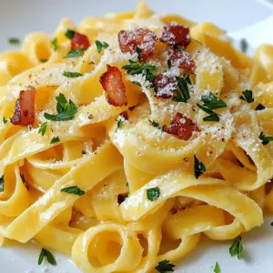 For this creamy dish, you will need: - 12 oz fettuccine pasta - 4 large egg yolks - 1 cup heavy cream - 1 cup freshly grated Parmesan cheese - 4 oz pancetta, diced - 2 cloves garlic, finely minced - 1 teaspoon freshly cracked black pepper - Salt, to taste - Fresh parsley, finely chopped These ingredients come together to make a rich and tasty meal. The fettuccine is the base, while the egg yolks and cream create the sauce. The pancetta adds a nice crunch and flavor. You can swap some ingredients if needed: - Use turkey bacon instead of pancetta for a lighter dish. - Substitute heavy cream with half-and-half for less fat. - Grate some Pecorino Romano cheese for a different cheese flavor. - Try adding peas or spinach for extra veggies. These swaps can help fit your taste or dietary needs without losing too much flavor. For finishing touches, consider these garnishes: - Fresh parsley, finely chopped - Extra grated Parmesan cheese - A sprinkle of cracked black pepper These garnishes not only look good but also add more flavor to your Carbonara Fettuccine. Enjoy your rich and flavorful dish! {{ingredient_image_2}} Start by filling a large pot with water. Add a good amount of salt to the water. Bring it to a rolling boil. Once boiling, add the fettuccine. Cook it for about 8-10 minutes, or until it is al dente. Before you drain it, save 1 cup of the starchy pasta water. This water will help the sauce later. After saving the water, drain the pasta and set it aside. In a medium bowl, take 4 large egg yolks and add 1 cup of heavy cream. Then, add 1 cup of freshly grated Parmesan cheese. Whisk this mixture well until it is smooth and creamy. This will be the rich sauce for your fettuccine. Set it aside for later. Grab a large skillet and heat it over medium heat. Add 4 oz of diced pancetta. Cook the pancetta for about 5-7 minutes. You want it to get crispy and golden. Once it’s crispy, add 2 cloves of finely minced garlic. Sauté the garlic for another minute. Make sure it does not burn; you want it fragrant and golden. Now, lower the heat to a gentle simmer. Add the drained fettuccine to the skillet with the pancetta and garlic. Pour the creamy sauce over the warm pasta right away. Toss everything together quickly and vigorously for about 1-2 minutes. The heat from the pasta will cook the eggs gently, making the sauce rich and smooth. If it looks too thick, add a little of the reserved pasta water, one tablespoon at a time. Keep mixing until you reach the desired creamy texture. Finally, add freshly cracked black pepper and salt to taste. Toss again to coat every strand of fettuccine with that creamy sauce. To get a smooth and creamy sauce, follow these steps: - Use high-quality heavy cream. This makes the sauce richer. - Whisk the egg yolks and cream well. This helps blend them perfectly. - Always add the egg mixture to warm pasta. This prevents scrambling. - If the sauce is too thick, add small amounts of reserved pasta water. Stir and check the texture until it's just right. You can boost the flavor of your creamy carbonara fettuccine by adding: - Fresh herbs like basil or thyme for a fresh kick. - Red pepper flakes for a bit of heat. - Sun-dried tomatoes for a sweet and tangy twist. - Mushrooms for an earthy depth. Just sauté them with the pancetta. To keep your creamy carbonara fettuccine fresh: - Store leftovers in an airtight container. This helps retain moisture. - Place in the fridge and consume within 2-3 days for best taste. - Avoid freezing as it can change the sauce's texture. Reheat gently on the stove or microwave. Add a splash of cream for a creamy finish. Pro Tips Use Fresh Ingredients: Freshly grated Parmesan cheese and high-quality pancetta will elevate the flavor of your carbonara significantly compared to pre-grated cheese or inferior bacon. Temperature Control: Make sure to toss the pasta with the sauce off the heat to prevent the eggs from scrambling. The residual heat will create a creamy texture without cooking the eggs too much. Customize the Creaminess: Adjust the richness of the sauce by varying the amount of heavy cream and reserved pasta water. Add more water for a lighter sauce and less for a thicker one. Garnish for Flavor: Don't skip the fresh parsley and extra Parmesan cheese on top. They add a pop of color, freshness, and an additional layer of flavor to your dish. {{image_4}} For a vegetarian version of Creamy Carbonara Fettuccine, skip the pancetta. You can replace it with sautéed mushrooms or smoked tempeh. Both add a nice depth of flavor and texture. For a vegan option, use plant-based cream and nutritional yeast instead of Parmesan. This keeps the dish creamy and adds a cheesy taste without dairy. Remember to use egg substitutes like silken tofu or a flaxseed mixture to mimic the egg yolks. You can switch up the meat in this dish to suit your taste. Try using diced turkey bacon for a lighter touch. It offers similar flavor and texture as pancetta but with less fat. Chicken or even shrimp can work well too. Just make sure to adjust the cooking time. Cook chicken until it's no longer pink, and shrimp until they turn opaque. Adding herbs and spices can elevate your carbonara. Fresh basil or thyme can add an aromatic touch. A pinch of red pepper flakes gives a nice kick. If you like a smoky flavor, try adding smoked paprika. Mix these spices into the sauce or sprinkle on top just before serving. Each variation allows you to personalize this dish to your liking. Enjoy experimenting! To store Creamy Carbonara Fettuccine, let it cool down first. Place it in an airtight container. This keeps the pasta fresh and prevents it from drying out. You can store it in the fridge for up to 3 days. If you have a lot, consider splitting it into smaller portions for easier reheating later. To reheat your pasta, use a skillet on low heat. Add a splash of water or cream to help revive the sauce. Stir gently for a few minutes until warmed through. You can also use the microwave. Cover it with a damp paper towel to keep it moist. Heat in short bursts of 30 seconds, stirring in between. If you want to freeze it, make sure the pasta is fully cooled. Transfer the fettuccine to a freezer-safe container. You can freeze it for up to 2 months. When you’re ready to eat, thaw it overnight in the fridge. Reheat it gently, as mentioned above, to keep the sauce creamy. You can use turkey bacon as a lighter choice. It gives a nice flavor. You can also try diced ham or bacon if you want. Each will change the taste slightly, but they all work well. Yes, you can make carbonara without eggs. Use a mix of cream and cheese for creaminess. You can also use silken tofu for a vegan option. This will not give the same taste but will keep the dish rich. To avoid scrambling, mix the sauce quickly with the warm pasta. The heat from the pasta will cook the eggs gently. Make sure to remove the pan from the heat before adding the sauce. This helps keep it creamy and smooth. Yes, you can make gluten-free carbonara. Just use gluten-free fettuccine. Many brands offer great options now. Follow the same cooking steps, and you’ll enjoy a delicious dish that fits your needs. In this post, we explored the key ingredients for creamy carbonara fettuccine. You learned how to cook the pasta, prepare the sauce, and combine flavors for a delicious meal. I shared tips for achieving the perfect consistency and offered variations, including vegetarian options. Remember, it's easy to store and reheat leftovers. Enjoy this comforting dish your way, and feel free to get creative with substitutions. Your tasty carbonara awaits!
