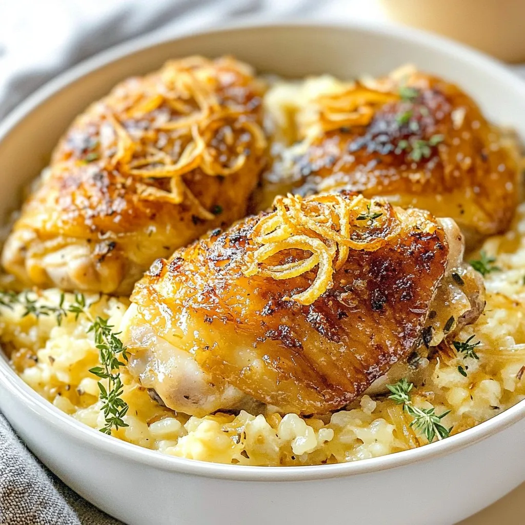 - 2 cups cooked rice (white or brown) - 4 boneless, skinless chicken thighs - 2 medium yellow onions, thinly sliced - 2 cups low-sodium chicken broth - 1 tablespoon olive oil - 1 teaspoon dried thyme - 1 teaspoon garlic powder - 1 teaspoon onion powder - Salt and pepper to taste For this French Onion Chicken Rice Bake, I love using either white or brown rice. Brown rice gives a nutty flavor, while white rice is soft and fluffy. Both work well! The chicken thighs are the star here. They stay juicy and tender, making every bite a delight. Season them well with salt, pepper, garlic powder, and onion powder. This ensures they soak up all the great flavors. Onions add a sweet depth to the dish. Sauté them until they turn golden and caramelized. This takes about 15-20 minutes. Use low-sodium chicken broth for a rich taste without too much salt. - 1 cup shredded Gruyère cheese - 1/2 cup crispy fried onions Gruyère cheese is my top choice for this recipe. It melts beautifully and adds a rich, creamy texture. If you can’t find Gruyère, try Swiss or mozzarella for similar results. Crispy fried onions give a fun crunch. Add them on top just before serving for a delightful texture contrast. They bring a satisfying finish to your comforting meal. - Consider using dried rosemary or parsley for extra flavor. - Adjust salt and pepper based on your taste. For added flair, you can mix in dried rosemary or parsley. These herbs brighten up the dish and enhance the overall flavor. Always taste your mix before baking. Adjust salt and pepper as needed to suit your liking. {{ingredient_image_2}} Start by preheating your oven to 375°F (190°C). This ensures the oven is hot before baking. Next, take a large skillet and pour in 1 tablespoon of olive oil. Heat it over medium heat. This will get the oil warm and ready for the onions. Add 2 medium yellow onions, thinly sliced, to the skillet. Sauté them for about 15 to 20 minutes. Stir occasionally to help them cook evenly. You want them to turn a deep golden brown color. For perfect caramelization, keep the heat steady. If the onions stick, add a little more oil or water. Take 4 boneless, skinless chicken thighs. Season them well with salt, pepper, garlic powder, and onion powder. This adds great flavor. Once your onions are caramelized, push them to the side. Add the chicken thighs to the skillet. Sear them for 3 to 4 minutes on each side. You want a nice golden crust on the chicken. In a large bowl, mix together 2 cups of cooked rice and 2 cups of low-sodium chicken broth. Then, add in the caramelized onions and chicken. Sprinkle in 1 teaspoon of dried thyme and adjust salt and pepper to taste. Stir everything well until it is mixed nicely. Pour the mixture into a greased 9x13 inch baking dish. Spread it evenly. Place the seared chicken thighs on top. Make sure they sit partially in the rice mix to soak up the flavors. Cover the dish tightly with aluminum foil. Bake it in the oven for 25 minutes. After 25 minutes, take off the foil. Sprinkle 1 cup of shredded Gruyère cheese on top of the chicken. Return the dish to the oven without the foil. Bake for another 15 to 20 minutes until the cheese is melted and bubbly. Let the dish sit for about 5 minutes once it's out of the oven. Finally, add 1/2 cup of crispy fried onions on top for a crunchy finish. To get the best rice texture, use cooked rice. I recommend white or brown rice. Both work well. Make sure the rice is fluffy and not too sticky. If you want more flavor, use chicken broth instead of water to cook your rice. Keep your chicken juicy by not overcooking it. Sear the thighs for just 3-4 minutes per side. This gives them a nice crust while keeping them moist. When baking, cover the dish with foil to trap steam. This helps keep the chicken tender. For melting Gruyère cheese, sprinkle it on top right before the final bake. This allows it to melt evenly. If you want a golden top, bake it uncovered for the last 15-20 minutes. If you can’t find Gruyère, use Swiss cheese or mozzarella. Both melt well and add a creamy texture. Cheddar is another fun option for a sharper taste. Serve the dish in shallow bowls for a nice look. This makes it easy for guests to enjoy. Garnish with fresh thyme sprigs. They add color and a hint of flavor. For extra flair, sprinkle crispy fried onions on top. They give a nice crunch and contrast to the soft chicken and rice. This simple touch makes your dish look and taste gourmet. Pro Tips Caramelizing Onions: For the best flavor, be patient while caramelizing the onions. Cook them slowly over medium heat until they are deep golden brown, which can take around 15-20 minutes. Seasoning Chicken: Don't skimp on seasoning the chicken thighs. Properly seasoning them not only enhances the flavor but also infuses the rice with deliciousness as it cooks. Using Broth: Opt for low-sodium chicken broth to control the salt levels in your dish. This allows you to adjust the seasoning to your taste without overpowering it. Cheese Choice: Gruyère cheese adds a wonderful depth of flavor. For a twist, consider mixing it with a bit of mozzarella for extra creaminess. {{image_4}} If you want to switch up the protein, there are great options. Turkey works well instead of chicken. It adds a nice, lean flavor. Tofu is a good choice for a plant-based meal. Just press and cube it before adding to the skillet. Other meats like pork or beef can also fit this dish nicely. Just adjust the cooking time to ensure they are cooked through. Rice is a wonderful base for this dish. You can use wild rice for a nutty flavor. Quinoa is another excellent choice, bringing in protein and texture. To boost the taste, cook your rice in chicken broth instead of water. Adding herbs like parsley or basil can also enhance the flavor of the rice. Experimenting with these options can make each meal unique. Adding vegetables can really elevate your French Onion Chicken Rice Bake. Mushrooms bring an earthy taste, while spinach adds a fresh touch. You can sauté them with the onions for added flavor. Cheese is key too. Gruyère is classic, but you can try mozzarella or cheddar for a different taste. Each cheese will change the dish's flavor profile, so feel free to mix it up! To keep your French Onion Chicken Rice Bake fresh, store it in an airtight container. I recommend using glass or plastic containers with tight-fitting lids. This will help prevent moisture loss and keep flavors intact. You can refrigerate the leftovers for up to four days. If you know you won’t finish it in that time, freezing is a great option. To freeze the dish, allow it to cool completely first. Then, transfer portions into freezer-safe bags or containers. Remove as much air as possible to prevent freezer burn. This meal can be frozen for up to three months. When you are ready to enjoy it again, thaw it overnight in the fridge. Reheating is simple. Just preheat your oven to 350°F (175°C) and place the dish in a baking pan. Cover it with foil to keep moisture in and heat for about 25-30 minutes. When reheating, the oven is best for keeping the dish moist. Covering with foil helps prevent drying out. If you need a quicker method, the microwave works too. Just add a splash of chicken broth to keep it juicy. Heat in short bursts, stirring in between, until it’s warmed through. Enjoy your leftovers as if they were fresh! How long does it take to cook French Onion Chicken Rice Bake? You need about 25 minutes to bake it, plus 15 to 20 minutes for the cheese to melt. What is the total time including prep and cooking? The total time is around 1 hour. This includes 20 minutes for prep and 40 minutes for cooking. Can I use brown rice instead of white? Yes, you can use brown rice. Just make sure it's cooked before mixing it in. What can I use if I don’t have Gruyère cheese? If you lack Gruyère, try mozzarella or cheddar. Both will melt well and taste great. What pairs well with French Onion Chicken Rice Bake? This dish goes well with a fresh green salad or steamed veggies. They add a nice crunch and balance. Can this dish be served as a meal prep option? Absolutely! This bake stores well in the fridge and is perfect for meal prep. Just reheat before serving. This blog post covered all you need to make a delicious French Onion Chicken Rice Bake. We discussed the main ingredients, like cooked rice, chicken, and tasty toppings. You also learned the step-by-step process to create this dish from prepping the oven to finishing touches. Remember, the right technique makes a big difference. Whether you're trying out protein substitutes or unique rice variations, feel free to get creative. With these tips, you can easily impress your family or friends. Enjoy making this flavorful meal!