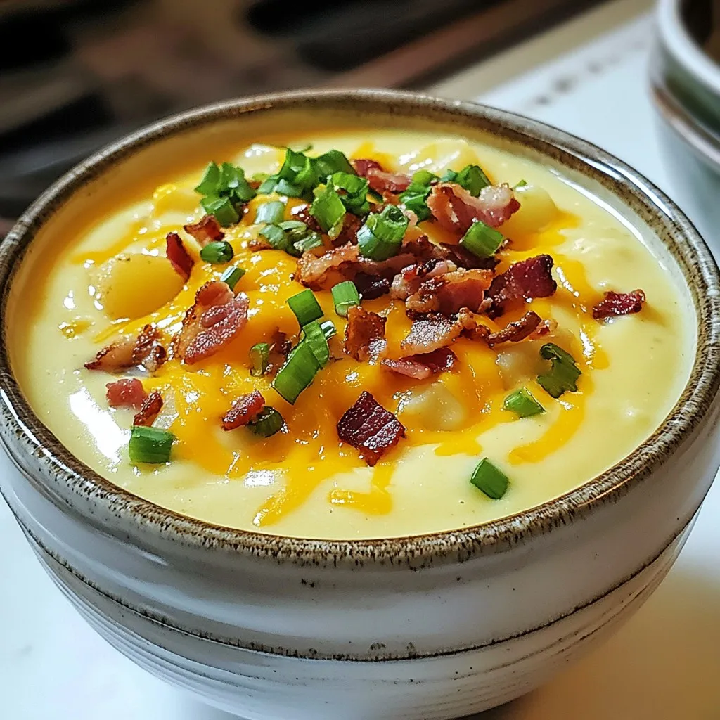 To make a great loaded baked potato soup, you need some key ingredients: - 4 large russet potatoes, peeled and diced into 1-inch cubes - 1 medium onion, finely chopped - 2 cloves garlic, minced - 4 cups vegetable broth (low sodium preferred) - 1 cup heavy cream - 1/2 cup sour cream These ingredients create a thick and creamy base. The russet potatoes give the soup a hearty feel. The onion and garlic add a nice touch of flavor. Vegetable broth keeps it rich without adding meat. You can make your soup even better with these optional ingredients: - 1 cup shredded sharp cheddar cheese, plus extra for garnish - 1/2 cup cooked crispy turkey bacon, crumbled (or a vegetarian alternative) - 1/4 cup green onions, sliced - 2 tablespoons olive oil Adding cheese gives the soup a cheesy, rich taste. Turkey bacon adds a nice crunch if you choose to use it. Green onions not only brighten the flavor but also add a pop of color. For the best taste, include these seasonings: - Salt - Freshly cracked black pepper - Immersion blender tips Season your soup with salt and black pepper to taste. This step makes a big difference in flavor. When using an immersion blender, blend half of the soup finely. Leave some potato chunks for extra texture. This method creates a creamy soup with a comforting bite. {{ingredient_image_2}} Start by heating the olive oil in a large pot over medium heat. Once hot, add the finely chopped onion and minced garlic. Sauté them for about 3 to 4 minutes. You want the onions to turn translucent and fragrant. Next, add the diced russet potatoes and pour in the vegetable broth. Increase the heat to bring this mix to a boil, then reduce it to a gentle simmer. Let the soup simmer for 15 to 20 minutes. This time allows the potatoes to become fork-tender. Check their doneness by poking them with a fork. They should be soft enough to mash easily. Once they are tender, you can reduce the heat to keep the soup warm. Once the potatoes are soft, use an immersion blender to puree the soup. Blend until you reach your desired texture. For variety, blend only half of it while leaving some chunks. This adds depth to the soup. Then, stir in the heavy cream and sour cream. Mix them well until they blend smoothly into the soup. Now it's time to add the shredded cheddar cheese. Stir it in until it melts and becomes part of the soup. Taste the soup and season it with salt and freshly cracked black pepper. Adjust the flavor to your liking. Serve the soup hot, and be generous with the toppings. Add extra cheddar cheese, crumbled turkey bacon, and sliced green onions on top. For a fun twist, ladle the soup into rustic bread bowls. Top each serving with a dollop of sour cream and a sprinkle of fresh chives or parsley. This makes the soup look great and adds extra flavor. To get the perfect texture in your loaded baked potato soup, you can use two blending methods. If you want a smooth soup, blend all of it with an immersion blender. For a mix of textures, blend only half, leaving some potato chunks. This gives your soup a nice bite. When it comes to thickness, you can adjust it easily. If your soup is too thick, add more vegetable broth or cream. If it’s too thin, let it simmer longer. This allows some liquid to evaporate and thickens the soup. Finding the right balance makes all the difference. Fresh herbs can boost the flavor of your soup. Try adding chopped chives or parsley right before serving. They bring a fresh taste and add a pop of color. If you want to change the creaminess, consider alternatives to sour cream. Greek yogurt works well and adds protein. You can also skip the sour cream entirely if you prefer a lighter option. You can make this soup healthier with a few simple swaps. Use low-fat milk instead of heavy cream. This keeps the soup creamy while cutting some calories. You can also use a plant-based sour cream for a dairy-free version. If you want a vegetarian option, swap the turkey bacon for crispy chickpeas or mushrooms. These add a nice crunch and flavor without the meat. These changes make your soup both tasty and nutritious! Pro Tips Use Fresh Ingredients: Fresh ingredients will enhance the flavor of your soup, making it more vibrant and delicious. Adjust the Consistency: If you prefer a creamier soup, add more heavy cream or blend it longer. For a chunkier texture, blend less. Season Gradually: Taste your soup as you go and adjust the seasoning gradually to avoid over-salting. Garnish Creatively: Experiment with different toppings like crispy onions, a drizzle of olive oil, or even jalapeños for added flavor and texture. {{image_4}} You can change the cheese to add new flavors. Try using pepper jack for a spicy twist. It adds a nice kick to the creamy soup. If you want a dairy-free option, use vegan cheese. It melts well and keeps the soup rich. For a different taste, swap crispy turkey bacon with plant-based bacon. It gives you a similar crunch without meat. You can also add other protein options like diced ham or cooked chicken. These choices make the soup heartier and more satisfying. You can make this soup special by adding seasonal vegetables. Spinach or corn can brighten the flavor and color. If you want a sweeter taste, use sweet potatoes instead of russets. They add a lovely sweetness that pairs well with the creamy base. To store your loaded baked potato soup, let it cool first. Then, pour it into an airtight container. This keeps the soup fresh and tasty. You can store it in the fridge for about 4 to 5 days. When you're ready to eat, just grab your soup and heat it up! If you want to freeze your soup, follow these steps. First, let the soup cool completely. Next, use freezer-safe containers or heavy-duty freezer bags. Make sure to leave some space for the soup to expand. This soup can last up to 3 months in the freezer. When you’re ready to enjoy it, thaw it in the fridge overnight. You can reheat your soup in two ways: on the stovetop or in the microwave. If you use the stovetop, heat it over medium-low heat. Stir it often to keep it smooth. For the microwave, put the soup in a microwave-safe bowl. Heat it in short bursts, stirring in between. This helps keep the texture creamy. If the soup seems too thick, add a splash of broth or water. Yes, you can make Loaded Baked Potato Soup ahead of time. To prep in advance, follow these steps: - Cook the soup as directed. - Let it cool completely. - Store it in an airtight container in the fridge for up to three days. When you are ready to eat, here are the reheating guidelines: - Reheat the soup on the stovetop over medium heat. - Stir often to avoid sticking. - If the soup is too thick, add a splash of vegetable broth or water to thin it out. If you need a substitute for heavy cream, try these options: - Whole milk or half-and-half for a lighter version. - Coconut milk for a dairy-free option. - Silken tofu blended until smooth for extra creaminess. Each substitute may change the flavor and texture slightly. Whole milk makes it lighter, while coconut milk adds a hint of sweetness. Silken tofu keeps the soup rich without dairy. Yes, you can make a vegetarian version of Loaded Baked Potato Soup. Here’s how: - Use vegetable broth instead of chicken broth. - Top the soup with fresh herbs, like chives or parsley, for added flavor. - Add toppings like crispy plant-based bacon or extra cheese. You can ensure flavor without meat by using spices and herbs. They enhance the soup and create a tasty vegetarian dish. Loaded baked potato soup is a tasty treat. We covered essential and optional ingredients, cooking steps, and helpful tips. You learned how to blend for the perfect texture and enhance flavors. Plus, I shared ways to make it healthier and try fun variations. Store it right for leftovers so you can enjoy it more. Keep experimenting to find your ideal bowl. With some practice, you'll always make a winning soup!