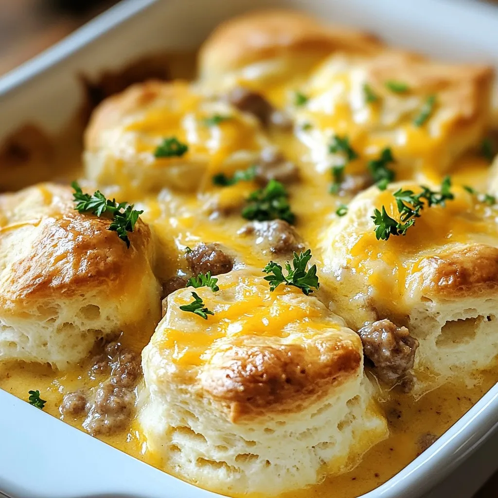 - 1 package refrigerated flaky biscuits - 1 pound ground breakfast sausage - 1/4 cup all-purpose flour - 2 cups milk - 1/2 teaspoon garlic powder - 1/2 teaspoon onion powder - 1/4 teaspoon freshly ground black pepper - 1/4 teaspoon salt - 1 cup shredded sharp cheddar cheese - 2 large eggs - 1 tablespoon chopped fresh parsley, for garnish These ingredients create a hearty base for your casserole. The refrigerated flaky biscuits give a soft, buttery texture. Ground breakfast sausage adds savory flavor and richness. All-purpose flour helps thicken the gravy, while milk makes it creamy. The garlic and onion powder add depth to the dish. Black pepper and salt enhance all the flavors. Sharp cheddar cheese melts beautifully and brings a nice tang. The eggs bind everything together in the oven, creating a satisfying meal. Fresh parsley adds a pop of color and freshness when serving. - Additional spices (e.g., cayenne pepper) - Vegetables (e.g., bell peppers, onion) - Different types of cheese (e.g., mozzarella or pepper jack) Feel free to customize your casserole! If you like a bit of heat, add cayenne pepper. Chopped bell peppers or onions can bring extra flavor and texture. For cheese lovers, try using mozzarella or pepper jack for a different taste. These add-ins can make your casserole even more delicious and unique. {{ingredient_image_2}} - Preheat the oven to 350°F (175°C). - Grease a 9x13 inch baking dish with cooking spray or butter. - In a large skillet, add the ground breakfast sausage. - Cook over medium heat until it is browned. - Use a spatula to break the meat into small pieces. - After browning, drain excess grease, leaving about 1 tablespoon. - Sprinkle 1/4 cup of flour evenly over the sausage. - Stir to mix and cook for one more minute. - Gradually whisk in 2 cups of milk until smooth. - Add 1/2 teaspoon garlic powder, 1/2 teaspoon onion powder, 1/4 teaspoon black pepper, and 1/4 teaspoon salt. - Stir the mixture as it cooks for 3-5 minutes until it thickens. - Cut each refrigerated biscuit into quarters. - Place the biscuit pieces evenly in the greased baking dish. - Pour the sausage gravy mixture over the biscuit pieces. - Sprinkle 1 cup of shredded cheddar cheese on top. - In a bowl, beat 2 large eggs until frothy. - Pour the eggs evenly over the dish to help bind it. - Place the casserole in the preheated oven. - Bake for 25-30 minutes until golden brown. - Check that the biscuits are cooked through before serving. To make your Biscuits & Gravy Casserole even tastier, try adding extra spices. A pinch of cayenne pepper can give it a nice kick. You can also try smoked paprika for a different flavor. Using fresh ingredients is key. Fresh parsley, for example, not only adds color but also boosts the taste. Always choose high-quality sausage, as it makes a big difference in flavor. Properly browning the sausage is crucial. Use medium heat and break it into small pieces. This ensures even cooking and great flavor. Watch carefully to avoid burning it. Making a creamy roux is another important step. Once the sausage is browned, sprinkle in the flour and mix well. Let it cook for a minute to get rid of the raw flour taste. Pair your casserole with fresh fruit or a light salad. This balances the richness of the dish. A side of sliced oranges or a simple green salad works well. For presentation, cut the casserole into squares. Serve on individual plates for a nice touch. Drizzle extra sausage gravy on top for added indulgence. Sprinkle more parsley for color and flavor. Enjoy it warm! Pro Tips Use Fresh Sausage: For the best flavor, opt for fresh breakfast sausage instead of pre-packaged to enhance the taste of your gravy. Experiment with Cheese: Try different types of cheese, such as pepper jack or gouda, for a unique twist on the classic flavor. Let it Rest: Allow the casserole to rest for a few minutes before serving to ensure it holds its shape and is easier to cut. Garnish Wisely: Add a sprinkle of smoked paprika or red pepper flakes along with the parsley for an extra layer of flavor and color. {{image_4}} You can make a great vegetarian version of Biscuits & Gravy Casserole. Substitute the ground breakfast sausage with plant-based sausage. This gives you the same savory flavor without meat. Add vegetables like spinach, bell peppers, or mushrooms for extra texture and taste. They add a nice crunch and vibrant color. If you love heat, give this casserole a spicy twist. You can add jalapeños to the gravy for a kick. Another option is to use spicy sausage instead of regular sausage. You can also drizzle some hot sauce over the finished casserole. This will make each bite exciting and flavorful. Try putting a fun spin on the classic dish. Create a breakfast burrito casserole by adding black beans and salsa. Mix in some taco seasoning for that extra flavor. You could also go for a Southern-style twist by adding collard greens or using buttermilk biscuits. This way, you can enjoy the comfort of Southern cooking with a new touch. To store your leftover Biscuits & Gravy Casserole, use airtight containers. This keeps moisture in and air out. Make sure the casserole is cool before sealing it. This helps keep it fresh for longer. Store it in the fridge for up to four days. You can freeze the casserole before or after baking. If you freeze it before baking, wrap it tightly in plastic wrap. This prevents freezer burn. To bake later, thaw it overnight in the fridge before cooking. If you freeze it after baking, let it cool first. Reheat it in the oven at 350°F (175°C) until warm, about 20 minutes. In the fridge, your casserole stays fresh for about four days. Look for signs of spoilage, like a sour smell or mold. If it smells off or looks strange, toss it out. Keeping track of how long it has been stored helps you enjoy it at its best! Yes, you can use homemade biscuits. Homemade biscuits can taste fresher and fluffier. They might take more time to prepare. Refrigerated biscuits save time and are easy to use. They also come out consistent every time. If you enjoy baking, try making your own for a fun twist. To make this casserole ahead, follow these steps: - Prepare the sausage gravy: Cook the sausage, add flour, and mix in milk. - Cool the mixture: Let it cool before assembling. - Assemble the casserole: Cut biscuits, pour gravy, and add cheese and eggs. - Cover and refrigerate: Store it in the fridge overnight. When ready to cook, bake straight from the fridge. You may need to add a few extra minutes to the cooking time. Yes, you can make it gluten-free. Use gluten-free flour for the roux. For biscuits, look for gluten-free options in stores. Many brands offer good substitutes. You can also make biscuits from scratch with gluten-free flour. Great drinks to serve with this casserole include: - Coffee: A classic breakfast choice. - Orange juice: Adds a fresh, fruity flavor. - Milk: Simple and satisfying. - Tea: A warm choice for any time. These drinks balance the savory flavors of the casserole. Enjoy your meal! You learned about making a delicious Biscuits & Gravy Casserole. You know the key ingredients and cooking steps now. I shared tips for flavor and variations, like vegetarian and spicy options. Remember to store leftovers properly for the best taste. Keep experimenting with your favorite add-ins to make this dish your own. Enjoy your cooking journey!