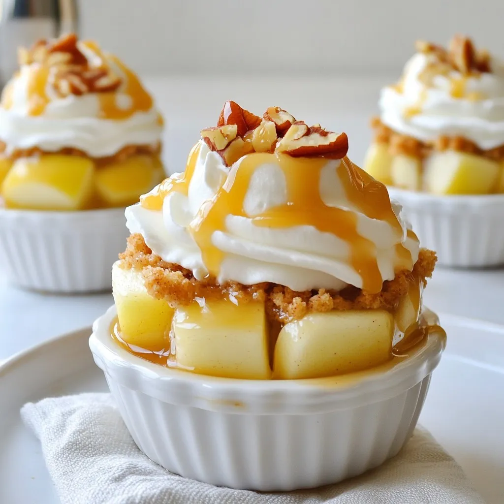 - Apples - Caramel sauce - Whipped cream - Ground cinnamon - Chopped pecans - Extra caramel for drizzling - Mixing bowls - Serving cups or small bowls - Measuring cups and spoons Gathering the right ingredients is key to making these caramel apple dessert cups shine. Choose two large apples, like Granny Smith or Honeycrisp. They bring a nice tartness to balance the sweet caramel. You will also need one cup of caramel sauce, which can be store-bought or homemade if you’re feeling adventurous. For that creamy finish, grab one cup of whipped cream. To add a sprinkle of warmth, ground cinnamon is optional. If you want a nice crunch, consider chopped pecans. You can drizzle extra caramel on top for a sweet finish. Having the right tools makes the process easy. Get a few mixing bowls for combining your apple mixture. Serving cups or small bowls are perfect for layering the dessert. Don’t forget measuring cups and spoons for accurate portions. This setup will help you create the perfect treat with ease! {{ingredient_image_2}} Start by taking two large apples, like Granny Smith or Honeycrisp. Core and finely dice them. In a medium mixing bowl, combine the diced apples with one tablespoon of fresh lemon juice and one teaspoon of ground cinnamon. Toss them well to coat. This step keeps the apples from browning and adds great flavor. Set the apple mixture aside for a bit. Let the flavors meld for at least five minutes. Prepare your serving cups or small bowls. Begin each cup with about two tablespoons of crushed graham crackers. This makes a nice crunchy base. Over the graham cracker layer, drizzle about one tablespoon of caramel sauce. Let it pool on the crackers for extra flavor. Next, spoon a generous layer of the cinnamon apple mixture on top. Make sure each cup has an equal portion for a balanced taste. Repeat this layering. Add another two tablespoons of crushed graham crackers again, then top with a delightful dollop of whipped cream. This creates a lovely contrast. Now it’s time for the final touches. Drizzle more caramel sauce over the whipped cream. This makes the dessert look inviting. If you want, sprinkle chopped pecans on top for a nice crunch. Continue layering until your cups are filled to your liking. Be sure to finish with a generous dollop of whipped cream and a luscious drizzle of caramel. For a pretty display, present the dessert cups on a decorative platter. A light sprinkle of cinnamon and a thin apple slice on the rim adds an elegant touch. Enjoy your delicious Caramel Apple Dessert Cups! For the best flavor in your caramel apple dessert cups, I like using Granny Smith or Honeycrisp apples. These apples have a great balance of sweet and tart flavors. Their crisp texture also holds up well in the dessert. To prevent browning, toss your diced apples with fresh lemon juice. This simple step keeps them looking fresh and bright. Homemade caramel sauce is easy to make. Just combine one cup of sugar with half a cup of heavy cream in a saucepan. Heat it on medium, stirring until the sugar melts. Then, let it simmer for about five minutes. This will give you a smooth sauce. To get the perfect consistency, watch closely. If it’s too thick, add a bit more cream. If too thin, let it cook a bit longer. For a beautiful display, use a decorative platter for your dessert cups. You can garnish each cup with a light sprinkle of cinnamon. A thin slice of apple on the rim adds a nice touch too. This makes your dessert look even more inviting and fun! Pro Tips Choose the Right Apples: Opt for tart apples like Granny Smith or Honeycrisp; their crisp texture and tangy flavor complement the sweetness of the caramel perfectly. Layer Strategically: For a balanced flavor profile, ensure that each layer of your cups has a mix of textures and flavors, alternating between crunchy graham crackers, sweet caramel, and tart apples. Make It Ahead: You can prepare the apple mixture and graham cracker layer a few hours in advance to save time. Just assemble the cups right before serving for maximum freshness. Garnish for Presentation: A sprinkle of cinnamon or a thin apple slice on top not only enhances the look of your dessert cups but also adds a delightful aroma that will entice your guests. {{image_4}} You can easily change the taste of your caramel apple dessert cups. Adding spices makes a big difference. Try nutmeg or allspice for a warm flavor. You can mix these spices into the apple mixture for a cozy touch. Using flavored whipped cream also adds fun. Vanilla or caramel-flavored whipped cream can enhance the dessert. This small change can make your cups taste even better and more unique. Get creative with your toppings! Adding chocolate chips or sprinkles gives a sweet crunch. These toppings make your dessert cups look great and taste even better. You can sprinkle them on top of the whipped cream for a fun look. You can also use different nuts for crunch. Chopped walnuts or almonds work well. They add a nice texture and flavor. Just sprinkle these on top for that extra bite. You can make these dessert cups fit many diets. For gluten-free options, use gluten-free graham crackers. They give the same crunchy base without the gluten. If you want vegan substitutions, use plant-based whipped cream. You can also find vegan caramel sauce in stores. These swaps let everyone enjoy the treat without missing out. To keep your caramel apple dessert cups fresh, store them in the fridge. Use airtight containers to prevent moisture loss. The cups last up to three days in the fridge. Enjoy them cold for a nice treat or let them sit at room temperature for a few minutes before eating. You can freeze these dessert cups, but it's best to freeze the components instead. Freeze the apple mixture and whipped cream separately in airtight bags. When you're ready to serve, thaw them in the fridge overnight. For best taste, eat them within a month of freezing. Yes, you can make parts of this dessert ahead of time. Prepare the apple mixture and graham cracker base in advance. Just layer and assemble the dessert cups right before serving. This keeps everything fresh and tasty for your guests. Yes, you can use store-bought caramel. Look for brands like Kraft or Smucker's. They are thick and sweet, making them great for this recipe. If you want a richer taste, try a gourmet caramel sauce. Just heat it slightly to make it easy to drizzle. To make this dessert dairy-free, use coconut cream instead of whipped cream. For caramel, find a dairy-free version at the store or make your own with coconut milk and sugar. This way, you can still enjoy a creamy, sweet treat without dairy. Use small cups or bowls that hold about 4 ounces. This size is perfect for portion control. It also helps with presentation, making each dessert look cute and inviting. If you want larger servings, use 6-ounce cups, but remember to adjust the layers. This blog post covered a tasty apple dessert that mixes simple ingredients. We discussed key items like apples, caramel sauce, and whipped cream. You learned how to prepare layers and present them nicely. I shared tips for choosing apples and making homemade caramel. We even explored storage options and variations to suit different diets. In the end, crafting this dessert can be fun and flexible. You can impress anyone with a simple, tasty treat. Enjoy creating your own version!