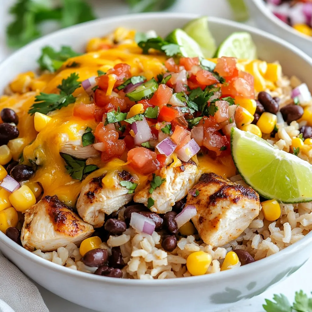 - 1 lb (450g) boneless, skinless chicken thighs, diced into bite-sized pieces - 1 cup uncooked brown rice - 2 cups chicken broth (low-sodium if preferred) - 1 cup canned black beans, drained and rinsed thoroughly - 1 cup sweet corn (canned or frozen) - 1 red bell pepper, diced into small cubes - 1 small red onion, finely chopped - 2 cloves garlic, minced - 1 tablespoon chili powder - 1 teaspoon ground cumin - 1 teaspoon smoked paprika - 1 cup fresh salsa or pico de gallo - 1 cup shredded sharp cheddar cheese - Salt and pepper to taste - Fresh cilantro, chopped for garnish - Lime wedges for serving Using the right amount of each ingredient is key for flavor. Here are some tips: - Chicken: Use a kitchen scale for precise weight. This keeps your meat tender. - Rice: Measure the rice carefully. Too much can make the dish dry. - Broth: Use a liquid measuring cup for the broth. It should be exact. - Spices: Use measuring spoons for spices. They change the taste a lot. - Beans and Veggies: A standard measuring cup works well for these. Not all ingredients are must-haves. Here are some swaps: - Chicken thighs: Use chicken breast for a leaner option. - Brown rice: Quinoa or cauliflower rice can work for a different base. - Black beans: Kidney beans or pinto beans are good alternatives. - Sweet corn: Fresh corn or peas can add a nice touch. - Red bell pepper: Any bell pepper or even zucchini can fit in. - Red onion: Yellow onion or green onions can be used instead. - Garlic: Garlic powder can replace fresh garlic if needed. - Spices: Adjust spices to your taste. More chili for heat, less for mild. - Salsa: Store-bought salsa works well if you’re in a hurry. - Cheese: Any cheese can replace cheddar. Try Monterey Jack or pepper jack. These options make your meal flexible. Enjoy cooking! {{ingredient_image_2}} Start by heating a drizzle of olive oil in a large skillet over medium-high heat. Season the diced chicken thighs with salt, pepper, chili powder, cumin, and smoked paprika. This adds great flavor to the chicken. Once your skillet is hot, add the chicken. Cook it for about 5 to 7 minutes. You want it to be browned on all sides. Next, add the chopped red onion and minced garlic to the pan. This step is key for a tasty base. Sauté for 2 to 3 minutes. Stir often until the onions become soft and see-through. This will fill your kitchen with a wonderful aroma. Now, add 1 cup of uncooked brown rice to the pan. Stir well to coat the rice in the spices and chicken. Then, carefully pour in 2 cups of chicken broth. Mix everything thoroughly. The broth will help the rice cook perfectly. After that, stir in 1 cup of black beans, 1 cup of sweet corn, and 1 diced red bell pepper. Make sure all the ingredients are mixed evenly. This step adds color and nutrition to your dish. Raise the heat to bring the mixture to a gentle boil. Once you see bubbles, lower the heat to low. Cover the pan with a lid. Let it simmer for 35 to 40 minutes. Stir occasionally to keep it from sticking. The rice will absorb the broth and become tender. When the rice is cooked, gently fold in 1 cup of fresh salsa. This adds a fresh taste. Then, sprinkle 1 cup of shredded cheddar cheese on top. Cover the pan again for 2 to 3 minutes. This will help the cheese melt beautifully. Remove the pan from heat. Garnish your burrito bowls with freshly chopped cilantro. It adds a nice touch. Serve with lime wedges on the side. A squeeze of lime brings a zesty flavor that brightens the dish. Enjoy! To cook chicken perfectly, use boneless, skinless thighs. These stay juicy and tender. Season them well with salt, pepper, chili powder, cumin, and smoked paprika. Heat olive oil in your pan before adding the chicken. Cook until golden brown, which takes about 5-7 minutes. Stir to cook evenly. This technique seals in flavor and keeps the chicken moist. For perfect rice, rinse it before cooking. This removes extra starch and helps it cook evenly. When you add it to the pan, stir it well to coat with spices and chicken juices. Pour in chicken broth for added flavor. Cover the pan and let it simmer for 35-40 minutes. Check occasionally to prevent sticking. The rice should be tender and absorb most of the broth. To boost flavor, don't skip the garlic and onion. They add depth and aroma. Use fresh salsa or pico de gallo for a bright taste. You can also add lime juice for a zesty kick. Fresh cilantro as a garnish adds a fresh note. Each ingredient plays a role in building layers of taste that make each bite enjoyable. Serve your burrito bowls right from the pan for a cozy, homey feel. For a more polished look, scoop the mixture into individual bowls. Top with extra cilantro for color. Add lime wedges on the side for a fresh pop. This not only makes the dish look good but also enhances the eating experience. Pro Tips Marinate the Chicken: For extra flavor, marinate the diced chicken thighs in lime juice, garlic, and spices for at least 30 minutes before cooking. This will enhance the taste and tenderness of the chicken. Use Fresh Ingredients: Whenever possible, opt for fresh vegetables and herbs. Fresh ingredients add more vibrant flavors and nutrients to your dish, elevating your burrito bowls to the next level. Adjust the Spice Level: If you prefer a milder dish, reduce the amount of chili powder or substitute it with a milder spice. Conversely, for more heat, consider adding diced jalapeños or a dash of hot sauce. Customize Your Toppings: Feel free to customize your burrito bowls with your favorite toppings, such as avocado, sour cream, or pickled red onions, to create a personalized and delicious meal. {{image_4}} You can easily make a vegetarian version of the One-Pan Chicken Burrito Bowls. Replace the chicken with extra black beans or chickpeas for protein. Use vegetable broth instead of chicken broth. Add more veggies like zucchini, mushrooms, or spinach for flavor. These changes make the dish just as hearty and tasty. If you want a kick, add sliced jalapeños or diced green chilies. Incorporate them when you sauté the onion and garlic. You can also mix in a dash of hot sauce or cayenne pepper. This adds heat that balances well with the cheese and salsa. You can swap ingredients to fit your taste. Use quinoa instead of brown rice for a different texture. Try different beans like pinto or kidney for variety. Instead of cheddar cheese, use pepper jack for a spicy touch. You can even use fresh avocado or guacamole on top for richness. These simple swaps can create a new twist on the classic dish. To keep your leftover burrito bowls fresh, store them in an airtight container. Make sure the bowl has cooled down to room temperature before sealing it. This method helps avoid moisture buildup. Store them in the fridge for up to four days. When reheating, use the microwave for quick warming. Place the bowl in the microwave and cover it with a lid or a microwave-safe plate. Heat for about two minutes, stirring halfway through. You can also reheat on the stove. Add a splash of broth or water to keep it moist. Heat on low and stir frequently until warm. To freeze your burrito bowls, portion them into freezer-safe containers. Make sure to leave some space at the top for expansion. They can last in the freezer for up to three months. When ready to eat, thaw them in the fridge overnight. Reheat as mentioned above for the best taste. To add heat, you can use jalapeños. Chop them finely and stir them in with the onion and garlic. Another option is to add a pinch of cayenne pepper or more chili powder. Taste as you go to find your perfect level of spice. If you love heat, consider a hot salsa as well. Yes, you can use white rice. Just remember that white rice cooks faster. Reduce the cooking time to about 20-25 minutes. Make sure to adjust your broth measurement to keep it moist. The dish will still be full of flavor and delicious. These bowls are great on their own, but you can add sides. Consider serving tortilla chips with guacamole or a fresh salad on the side. You could also include a dollop of sour cream or Greek yogurt for creaminess. A refreshing drink, like limeade, pairs well too. Leftovers will stay fresh for about 3-4 days in the fridge. Store them in an airtight container to keep them tasty. If you want to enjoy them later, consider freezing them. They can last for up to 3 months in the freezer. Just reheat thoroughly before eating. In this article, we explored how to make tasty one-pan chicken burrito bowls. You learned about the key ingredients and easy substitution options. I provided step-by-step instructions for cooking and serving. We also shared helpful tips for great flavor and presentation. Plus, I offered variations for vegetarians and spice lovers. Remember, proper storage keeps your leftovers fresh. Now you’re ready to cook this dish with confidence! Enjoy your meal and impress your friends with your skills.