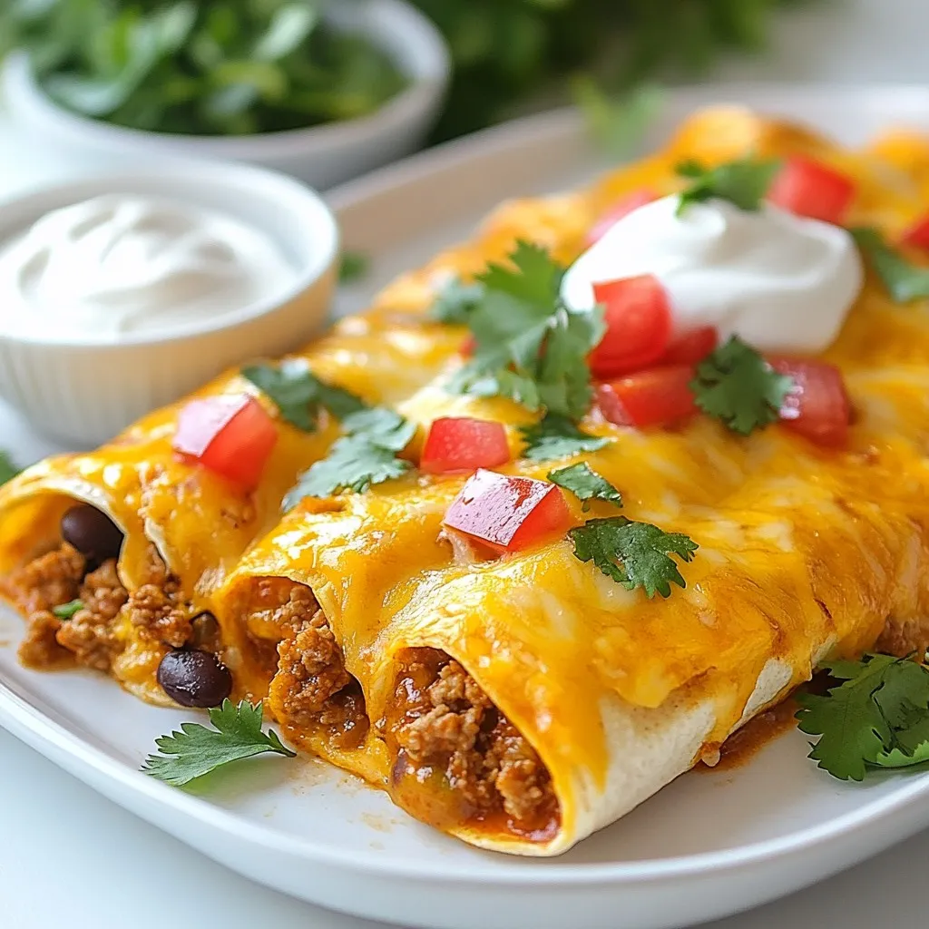 - Ground Beef - Onions and Garlic - Black Beans - Diced Tomatoes with Green Chiles - Spices: Cumin and Chili Powder - Corn Tortillas - Cheddar Cheese - Enchilada Sauce - Fresh Cilantro and Sour Cream To make tasty beef enchiladas, use these amounts: - 1 lb (450g) ground beef for a hearty base. - 1 small onion, finely chopped, adds sweetness. - 2 cloves garlic, minced, enhance the flavor. - 1 can (15 oz / 425g) black beans for fiber. - 1 can (10 oz / 284g) diced tomatoes with green chiles for spice. - 1 teaspoon ground cumin for earthiness. - 1 teaspoon chili powder for warmth. - 8 small corn tortillas for rolling. - 2 cups shredded cheddar cheese for richness. - 1 cup enchilada sauce to bring it all together. - Fresh cilantro leaves, for a fresh finish. - Sour cream, for a creamy touch (optional). You can switch things up! Try these ideas: - Use ground turkey instead of beef for a lighter dish. - For a vegetarian option, try black beans with lentils. - Experiment with different cheeses like Monterey Jack or queso fresco. - Swap enchilada sauce for green sauce or homemade salsa for a twist. {{ingredient_image_2}} To start, heat a large skillet over medium heat. Add 1 lb (450g) ground beef. Cook the beef for 5-7 minutes. Break it apart with a spatula until it is browned. If there’s too much fat, drain it. Next, add 1 small onion, finely chopped, and 2 cloves garlic, minced, to the skillet. Sauté them for 3-4 minutes. You want the onion to be soft and clear. This adds great flavor to the beef mixture. Now, stir in 1 can (15 oz / 425g) black beans, drained and rinsed, and 1 can (10 oz / 284g) diced tomatoes with green chiles. Add 1 teaspoon ground cumin and 1 teaspoon chili powder. Let the mix simmer for about 5 minutes. Stir it often to blend the flavors well. While the beef mixture simmers, it’s time to warm the tortillas. In a dry skillet over medium heat, warm 8 small corn tortillas for 30 seconds on each side. This softens them, making them easy to roll. Once warmed, take one tortilla and spoon about 1/4 cup of the beef mixture onto the center. Sprinkle a bit of shredded cheddar cheese on top. Carefully roll the tortilla tightly. Place it seam-side down in a greased 9x13 inch baking dish. Repeat this step with all the tortillas. Preheat your oven to 375°F (190°C). Once all the rolled tortillas are in the baking dish, pour 1 cup enchilada sauce evenly over them. Then, sprinkle the remaining 2 cups shredded cheddar cheese on top. Ensure the cheese is spread out well. Bake in the preheated oven for 20-25 minutes. Look for the cheese to be melted, bubbly, and slightly golden. After baking, let the enchiladas cool for a few minutes. Garnish with fresh cilantro leaves for added flavor and a nice look. To boost the flavor of your beef enchiladas, use spices wisely. Here are my favorites: - Ground cumin: This spice adds warmth and depth. - Chili powder: It brings a nice kick and balances the dish. - Smoked paprika: For a smoky twist, this works wonders. - Oregano: A pinch adds freshness and complexity. Mix these spices into your beef mixture as it cooks. This helps the flavors blend well. Soft tortillas are key for great enchiladas. Here’s how to get them just right: - Warm tortillas: Heat each corn tortilla in a dry skillet for 30 seconds on each side. This makes them pliable. - Don’t overheat: If you cook them too long, they can break when rolling. - Keep them covered: After warming, stack them and cover with a clean cloth to keep them warm and soft. These steps will ensure your tortillas are perfect for rolling and holding in all that tasty beef filling. Pair your beef enchiladas with tasty sides and toppings. Here are some ideas: - Sour cream: A dollop adds creaminess and cuts the spice. - Fresh cilantro: Sprinkle on top for freshness. - Salsa: A colorful salsa adds flavor and crunch. - Lime wedges: Serve on the side for a zesty squeeze. These additions make your meal more vibrant and enjoyable! Feel free to mix and match based on your taste. Pro Tips Choose the Right Tortillas: For the best texture, use fresh corn tortillas. They will hold up better when rolled and will give your enchiladas an authentic flavor. Customize Your Filling: Feel free to add vegetables like bell peppers or zucchini to the beef mixture for extra nutrition and flavor. This also adds a colorful touch to your dish! Spice It Up: If you enjoy heat, add sliced jalapeños or a dash of hot sauce to the beef mixture. You can also use spicier enchilada sauce for an extra kick. Let It Rest: Allow the enchiladas to rest for a few minutes after baking. This helps the flavors meld together and makes them easier to serve. {{image_4}} You can switch the ground beef for other proteins. Turkey is a great choice and has less fat. For a plant-based option, try using lentils or black beans. You can also use shredded chicken or even shrimp for a seafood twist. Each option adds a unique flavor to your enchiladas. If you're lactose intolerant, use lactose-free cheese. You can also try a blend of nutritional yeast for a cheesy flavor without dairy. If you want a lower-fat sauce, consider using a homemade tomato sauce. Just mix crushed tomatoes with spices and a little broth. This keeps your dish tasty and lighter. Garnishes can really elevate your enchiladas. Try adding sliced avocado or jalapeños for extra flavor. Fresh cilantro adds a nice touch as well. For sides, serve with a crisp salad or some Mexican rice. A dollop of guacamole can also make it more special. These toppings make every bite exciting! To store leftovers, let the enchiladas cool first. Then, place them in an airtight container. They can stay fresh in the fridge for about three to four days. If you use a glass dish, you can cover it tightly with plastic wrap or foil. This keeps moisture in and prevents drying out. When you’re ready to enjoy leftovers, preheat your oven to 350°F (175°C). Place the enchiladas in an oven-safe dish. Cover them with foil to keep them moist. Heat for about 15-20 minutes. You can also reheat them in the microwave for about 2-3 minutes, but the oven helps keep the cheese nice and melted. For freezing, wrap each enchilada tightly in plastic wrap. Then, place them in a freezer bag or a freezer-safe container. This helps prevent freezer burn. They can last up to three months in the freezer. When you want to eat them, thaw in the fridge overnight. Bake at 350°F (175°C) for 25-30 minutes until heated through. Enjoy your tasty beef enchiladas anytime! Yes, you can prep beef enchiladas ahead. First, cook the beef mixture as stated in the recipe. Let it cool, then fill the tortillas. Place them in a baking dish and cover with sauce and cheese. Wrap the dish in plastic wrap. Store it in the fridge for up to 24 hours. When ready to eat, just bake it as usual. If you want to avoid ground beef, there are great options. You can use ground turkey or chicken for a leaner meal. For a vegetarian choice, try black beans or lentils. Both give great taste and texture, and they are healthy! They fit well in the enchiladas and still taste amazing. To add more spice, use hot chili powder or diced jalapeños in your mixture. You can also choose a spicier enchilada sauce. If you love heat, sprinkle some red pepper flakes on top before baking. Start small and taste as you go to find the right heat level for you. Yes, enchiladas can be gluten-free. Look for corn tortillas instead of flour. Most brands sell gluten-free options. Also, check your enchilada sauce for gluten. Many are gluten-free, but it’s wise to read the label. This way, you can enjoy a tasty meal without worries! We explored all the key parts of making delicious enchiladas. You learned about the best ingredients, cooking steps, and ways to store leftovers. Remember, you can adjust the recipe for your taste and needs. If you want extra flavor, try new spices or toppings. Making these enchiladas can be fun and rewarding. So grab your ingredients and start cooking! Enjoy your tasty meal and impress your friends and family.
