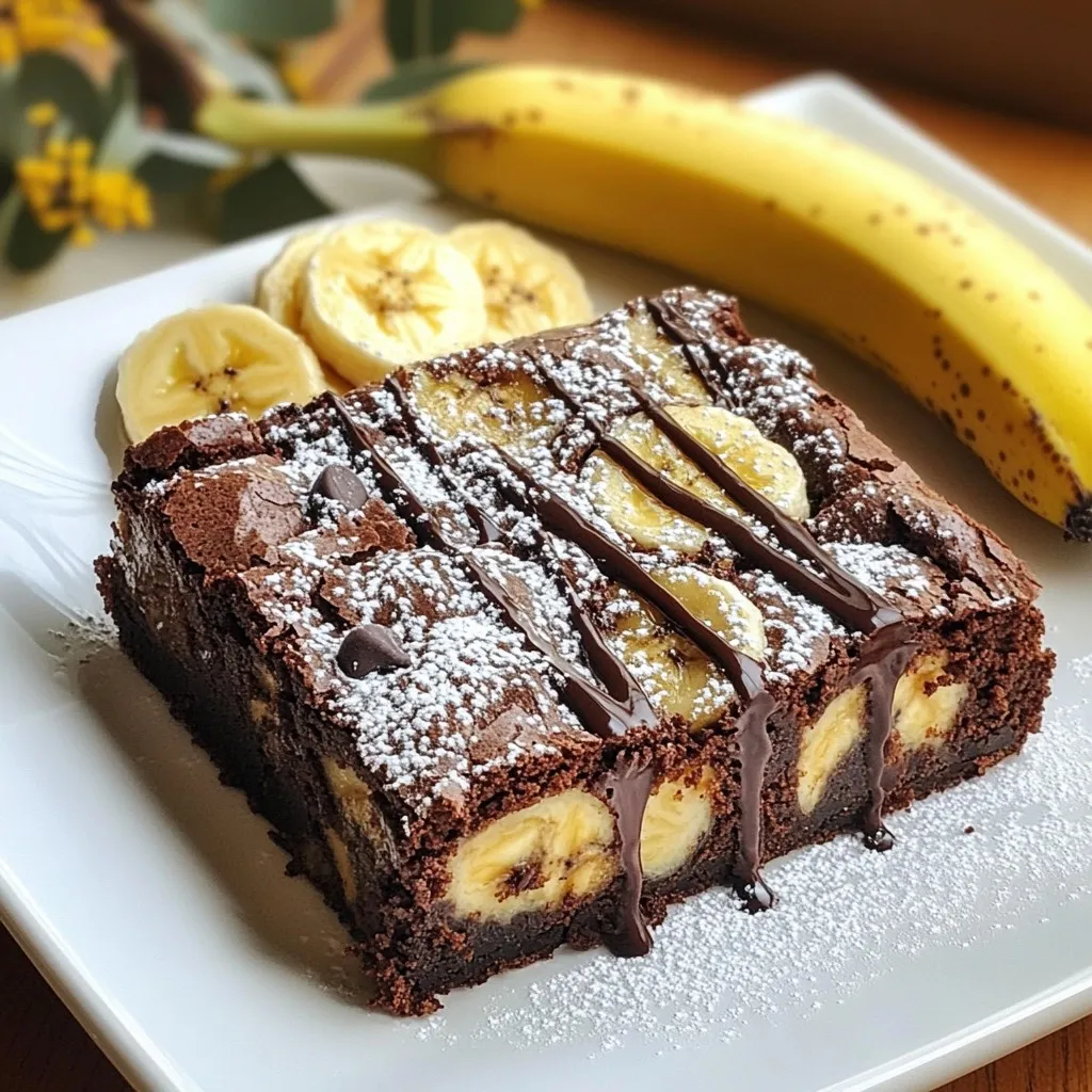 To make these tasty banana brownies, gather these key ingredients: - 2 ripe bananas, mashed - 1/2 cup unsweetened cocoa powder - 1/2 cup granulated sugar - 1/4 cup brown sugar - 1/3 cup melted coconut oil or vegetable oil - 2 large eggs, room temperature - 1 teaspoon vanilla extract These ingredients create a rich and moist brownie base. The ripe bananas add natural sweetness and moisture. Using both granulated and brown sugar boosts flavor and texture. Coconut oil gives a slight tropical twist, while eggs bind everything together. Vanilla extract enhances the overall taste and aroma. For added texture and flavor, consider these ingredients: - 1 cup all-purpose flour - 1/2 teaspoon baking powder - 1/4 teaspoon fine sea salt - 1/2 cup chocolate chips (optional) - 1/4 cup chopped walnuts (optional) The flour forms the structure of the brownies, while baking powder helps them rise slightly. Salt balances the sweetness. Chocolate chips can make the brownies extra indulgent, and walnuts add a nice crunch. You can mix and match these extras based on your taste. Using these ingredients ensures a delicious and satisfying treat that everyone will love. {{ingredient_image_2}} 1. Preheat your oven to 350°F (175°C). Prepare an 8-inch square baking pan by greasing it lightly or using parchment paper. This helps the brownies come out easily. 2. In a large mixing bowl, mash the ripe bananas. Add the unsweetened cocoa powder, granulated sugar, and brown sugar. Stir well until everything blends smoothly. 3. Add the melted coconut oil, eggs, and vanilla extract. Use a whisk or spatula to mix until everything is well combined. Make sure to beat the eggs fully for a fluffy texture. 4. In a separate bowl, whisk together the flour, baking powder, and sea salt. This step helps to mix the dry ingredients evenly. 5. Gradually mix the dry ingredients into the wet banana mixture. Use a spatula or wooden spoon to fold gently. Avoid overmixing so the brownies stay fudgy. 6. If you want, fold in chocolate chips and walnuts. This adds a rich flavor and a nice crunch. Distribute them evenly in the batter. 7. Carefully pour the brownie batter into the prepared pan. Use a spatula to spread the batter evenly. This ensures even baking. 8. Bake in the preheated oven for 25-30 minutes. Check for doneness by inserting a toothpick in the center. It should come out with a few moist crumbs, not wet batter. 9. Allow the brownies to cool in the pan for about 10 minutes. Then transfer them to a wire rack to cool completely. This step is key for easy cutting. 10. Once cooled, use a sharp knife to cut the brownies into squares. Serve them on a decorative plate for a nice touch. Enjoy your delicious treat! To get the best texture in your banana brownies, avoid overmixing the batter. When you mix too much, it can make your brownies tough. Just stir until the dry ingredients blend in. You want some lumps left; this keeps them fudgy. Check for doneness with a toothpick. After about 25 to 30 minutes, insert a toothpick into the center. If it comes out with a few moist crumbs, your brownies are ready. If it's wet, they need more time. Trust me, this step is key for perfect brownies. You can make these brownies vegan or gluten-free. For vegan brownies, swap eggs with mashed flax seeds or applesauce. Use gluten-free flour instead of all-purpose flour for a gluten-free version. Both options work well and taste great. For a healthier brownie, try using sugar substitutes like honey or maple syrup. These give sweetness without the extra calories. You can also cut down on sugar by using ripe bananas; they add natural sweetness. To make your brownies look fancy, serve them on a nice plate. A dusting of powdered sugar on top adds a lovely touch. You can also garnish with fresh banana slices and a drizzle of chocolate syrup. This makes each bite even better! Enjoy your delicious creation! Pro Tips Use Overripe Bananas: The sweeter and softer the bananas, the better the flavor and texture of your brownies. Look for bananas with brown spots for the best results. Don’t Overmix: When combining your wet and dry ingredients, mix just until incorporated. Overmixing can lead to tougher brownies. Check for Doneness: Every oven is different, so start checking your brownies a few minutes before the minimum baking time. They should be set around the edges but slightly soft in the center. Experiment with Add-ins: Feel free to customize your brownies with different mix-ins such as peanut butter chips, dried fruit, or shredded coconut for added flavor and texture. {{image_4}} You can spice up your banana brownies easily. Adding cinnamon gives them warmth and depth. Just a half teaspoon works well. Nutmeg is another great choice. It adds a sweet and nutty taste. You could also try almond extract. This adds a lovely nutty flavor without using nuts. If you need a nut-free version, simply leave out walnuts. You can add extra chocolate chips for more fun. For a gluten-free option, swap in almond flour or a gluten-free blend. This way, everyone can enjoy these treats! To make your brownies a bit healthier, use whole wheat flour instead of all-purpose. It adds fiber and can make them more filling. Reducing the sugar is also a smart move. Use natural sweeteners like honey or maple syrup instead. This keeps the sweetness but cuts out some refined sugar. Store your banana brownies at room temperature. Use an airtight container. This keeps them fresh for days. If you live in a warm place, you might want to refrigerate them. Just remember that cold can change the texture. To freeze banana brownies, cut them into squares. Wrap each piece in plastic wrap. Place them in a freezer-safe bag or container. They can last up to three months in the freezer. When you're ready to eat them, take out what you need. Let them thaw in the fridge overnight for best texture. You can also warm them in the microwave for a few seconds. Banana brownies stay fresh for about four to five days at room temperature. If stored in the fridge, they can last up to a week. Watch for signs of spoilage. If you see mold or if they smell off, it’s best to throw them away. Yes, you can use frozen bananas! They work great in banana brownies. Just thaw them first. Drain any excess liquid. This keeps the batter from becoming too wet. Frozen bananas tend to be softer, which helps them mix easily. They also add a nice sweetness to your brownies. To check if your brownies are done, insert a toothpick into the center. If it comes out with a few moist crumbs, they are ready. If it has wet batter, they need more time. Usually, baking takes about 25 to 30 minutes. Keep an eye on them near the end. Overbaking can lead to dry brownies. Absolutely! You can make banana brownies without eggs. Try using unsweetened applesauce, mashed bananas, or flaxseed meal mixed with water. Each of these substitutes works well. They add moisture and help bind the ingredients. Experiment to find which one you like best! You can add many tasty things to enhance your brownies. Consider mixing in spices like cinnamon or nutmeg for warmth. You might also try almond or peanut butter for a nutty taste. Adding chocolate chips or chopped nuts boosts flavor and texture. Get creative and make them your own! Banana brownies are a tasty treat made with simple ingredients and steps. We covered essential ingredients and their roles, along with tips for perfect texture. You learned about flavor variations and how to store these treats for later enjoyment. Try these delicious brownies today and watch how they impress everyone. Feel free to experiment with flavors and share your creations. Baking is fun, and banana brownies are a great way to start!