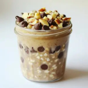 - 1 cup rolled oats - 1 cup almond milk (or your preferred milk) - 2 tablespoons almond butter (or creamy peanut butter) These main ingredients form the base of our tasty oats. Rolled oats give a great texture. Almond milk adds creaminess. You can also use any milk you like. Nut butter brings a rich flavor. Almond butter is smooth, while peanut butter adds a nice twist. - 2 tablespoons maple syrup (or honey for a different sweetness) - 1 teaspoon pure vanilla extract - A pinch of fine sea salt Sweeteners like maple syrup or honey make the oats delicious. Maple syrup gives a warm flavor. Honey adds a floral note. Pure vanilla extract makes everything taste better. A pinch of sea salt enhances all the flavors, making them pop. - 1/4 cup mini chocolate chips (plus extra for topping) - Crushed nuts (such as walnuts or pecans) - Additional garnishes (extra chocolate chips, flaky sea salt) Mix-ins and toppings are where you can get creative! Mini chocolate chips add sweetness and fun. Crushed nuts give a nice crunch. You can use walnuts or pecans, depending on your taste. Finish with extra chocolate chips and flaky sea salt for that perfect bite! {{ingredient_image_2}} 1. In a medium bowl, mix the rolled oats and almond milk. 2. Add almond butter, maple syrup, and vanilla extract. 3. Whisk the mixture until it is creamy and combined. 4. Next, stir in the chia seeds and a pinch of sea salt. 5. Make sure the chia seeds are spread evenly for the best texture. 6. Now, gently fold in the mini chocolate chips. Save some for later! 1. Divide the mixture into jars or containers. 2. Leave half an inch of space at the top for the oats to expand. 3. Seal the jars tightly with their lids. 4. Store them in the refrigerator for at least 4 to 6 hours. 5. Soaking overnight is best to get that cookie dough taste. 1. When ready to eat, take the jars out of the fridge. 2. Give each jar a good stir to mix everything well. 3. If the oats seem too thick, add a splash of milk. 4. Top with more chocolate chips, crushed nuts, and a sprinkle of flaky sea salt. For the best texture, I always use rolled oats. They soak up liquid well and stay chewy. Quick oats can turn mushy, which isn't what we want. When it comes to milk, I love almond milk for its nutty flavor. You can also use oat milk or coconut milk for a twist. Just pick what you enjoy most! You can adjust sweetness to match your taste. If you like it sweeter, add more maple syrup or honey. Start with a little and taste as you go. To boost the cookie dough flavor, try adding a bit more vanilla extract. It adds that warm, sweet note we all love. A pinch of sea salt also enhances sweetness. These oats are perfect for a grab-and-go breakfast. Just take a jar from the fridge, and you&rsquo;re set! You can also change things up for special occasions. Add fresh fruit like bananas or berries for a fresh twist. Or, mix in a scoop of yogurt for creaminess. Pro Tips Store Properly: Keep your overnight oats in airtight containers to maintain freshness and prevent them from absorbing unwanted odors from the fridge. Customize Flavors: Feel free to swap out almond butter for other nut butters or even sunflower seed butter for a nut-free option! Adjust Sweetness: Depending on your taste preference, adjust the amount of maple syrup or honey to achieve your desired sweetness level. Top It Off: Experiment with different toppings like fresh fruit, shredded coconut, or a dollop of yogurt for added flavor and texture! {{image_4}} You can make edible cookie dough overnight oats in different flavors. Try using chocolate chip cookies or peanut butter cookies for a fun twist. Each adds its own special taste. You can also add fruits like bananas or berries. They bring freshness and sweetness. Sliced bananas pair well with the oats. Berries add a burst of flavor in every bite. If you need dairy-free options, use almond milk or coconut milk. Both give a creamy texture without dairy. For nut-free alternatives, swap almond butter with sunflower seed butter. This keeps it safe for those with nut allergies. You can still enjoy the delicious cookie dough flavor without worry. You can serve your edible cookie dough oats in fun ways. Try mixing them with yogurt for extra creaminess. This makes a tasty breakfast bowl. You can also layer the oats in a smoothie bowl. Top it off with fresh fruit, nuts, or more chocolate chips. These toppings add crunch and color, making your meal more exciting. To keep your edible cookie dough overnight oats fresh, store them in airtight jars. This helps lock in flavor and moisture. Place the jars in the fridge right after making them. They will stay good for up to five days. Always check for any signs of spoilage before eating. If you have extra oats, you can freeze them. Spoon the mixture into freezer-safe containers, leaving some space at the top. This space allows the oats to expand. When you want to eat them, take out a jar and place it in the fridge overnight to thaw. You can also warm them up in the microwave for a quick breakfast. After refrigeration, the oats may thicken. Add a splash of milk to get the right texture. This makes them creamy again and restores the flavor. You can also boost the taste with more chocolate chips or a sprinkle of flaky sea salt before serving. Enjoy them cold or at room temperature! Yes, you can easily make these oats vegan. Just use almond milk and almond butter. Maple syrup is already vegan, so you&rsquo;re good there too. This way, you enjoy a tasty treat without any animal products. You can store these oats in the fridge for up to five days. They taste best within the first three days. Just remember to keep them in airtight containers to maintain freshness. Yes, you can substitute chia seeds. Try using ground flaxseeds or hemp seeds instead. Both will add some healthy fats and protein. Just note that the texture may change a bit. I recommend using rolled oats for this recipe. They absorb the liquid well and create a creamy texture. Avoid quick oats, as they may become too mushy. Steel-cut oats work too but require longer soaking time. Absolutely! These oats are perfect for meal prep. Just make a batch on the weekend. Store them in jars for easy grab-and-go breakfasts. They save time and taste great all week long. You can create delicious edible cookie dough overnight oats with simple, tasty ingredients. We explored rolled oats, milk options, and nut butters. We also discussed sweeteners, mix-ins, and toppings to enhance flavor. Following clear steps ensures your oats are perfectly mixed and stored safely. Remember, you can adjust flavors for your taste and even try different variations. These oats are easy to grab as breakfast or a snack. Enjoy experimenting with your unique combinations for a fun twist on this classic dish!