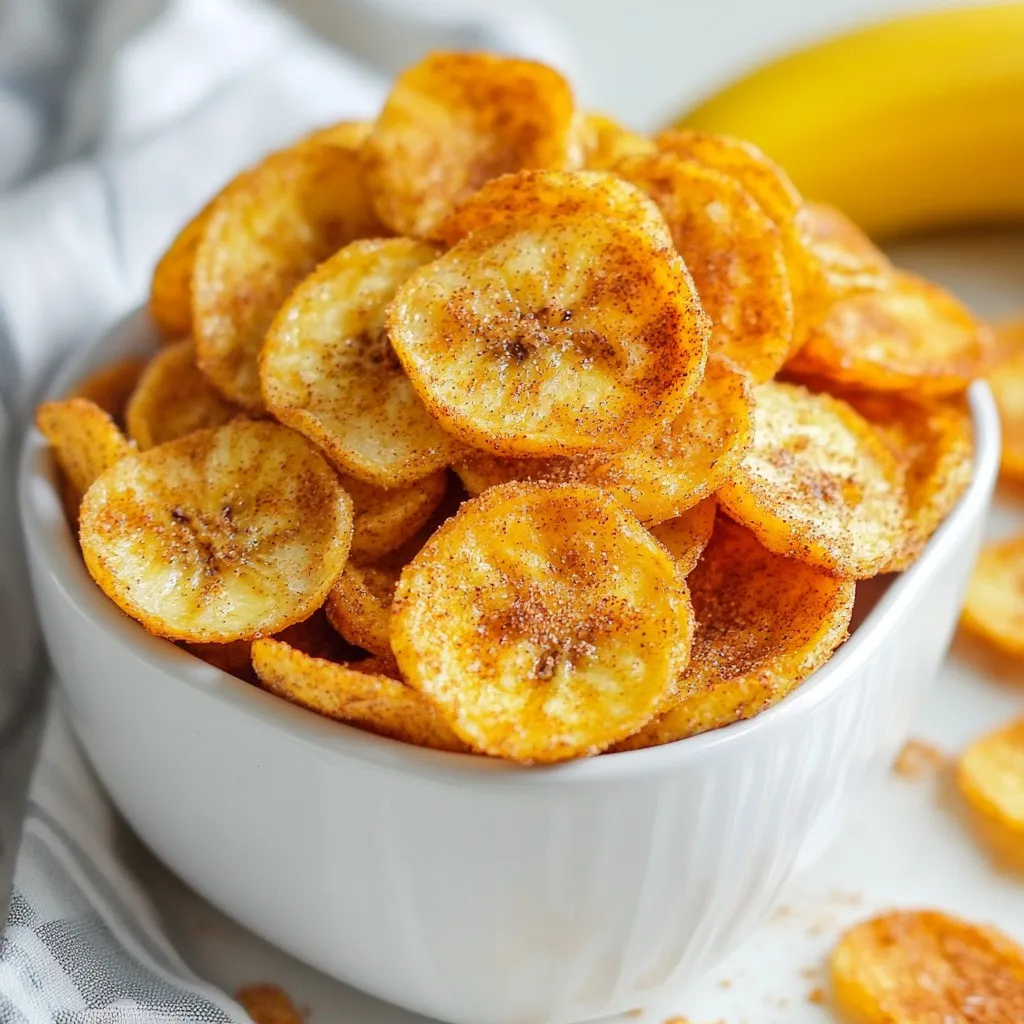 To make Air Fryer Cinnamon Banana Chips, you need: - 3 ripe bananas - 2 tablespoons coconut oil, melted - 1 teaspoon ground cinnamon - 1 tablespoon honey or maple syrup (optional for extra sweetness) - Pinch of salt If you run out of an ingredient, here are some swaps: - Bananas: Use plantains for a different taste. - Coconut Oil: Olive oil or vegetable oil work well. - Honey or Maple Syrup: Agave syrup or brown sugar can replace these. - Cinnamon: Try nutmeg or pumpkin spice for a new flavor. Choosing the right bananas is key. Look for: - Color: Yellow with small brown spots. - Firmness: Slightly soft when gently squeezed. - Shape: Curved, not too straight. - Smell: A sweet scent means they are ripe. Using ripe bananas ensures the best flavor and sweetness in your chips. {{ingredient_image_2}} Start by peeling the bananas. Use a sharp knife or mandoline to slice them thinly. Aim for rounds about 1/8 inch thick. Thin slices yield crisper chips. If you cut them too thick, they may not crisp up well. In a bowl, combine melted coconut oil, ground cinnamon, and a pinch of salt. If you want extra sweetness, add honey or maple syrup. Mix well until everything is blended together. This coating adds great flavor to your banana chips. Preheat your air fryer to 350°F (175°C). This step helps the banana chips cook evenly. Arrange the banana slices in a single layer inside the basket. Avoid overcrowding. Cook them for about 10-12 minutes. Flip them halfway through to ensure they brown evenly. Check on them often to avoid burning. They should turn golden and crispy. After cooking, let the chips cool completely for maximum crunch. Enjoy your tasty snack! To get the best crispy banana chips, slice the bananas thinly. Aim for 1/8 inch thick. Thinner slices cook faster and get crunchier. Make sure to toss each slice well in the cinnamon mixture. Even coating helps each chip get flavor and crunch. Preheat the air fryer to 350°F (175°C) for even cooking. Arrange the banana slices in a single layer in the basket. This gives each chip room to crisp up. One common mistake is overcrowding the air fryer basket. If you pile the chips, they won’t cook evenly. Flip the chips halfway through cooking to ensure they crisp up on both sides. Keep an eye on them to avoid burning. If they start to darken too much, take them out. Lastly, don’t skip the cooling step. Letting them cool makes them even crunchier. You can add more flavor to your chips easily. Try using maple syrup for a different sweet taste. Adding a pinch of cayenne can give a spicy kick. You can mix in nuts for extra crunch or sprinkle sea salt for balance. If you like cocoa, try dusting the chips with cocoa powder after cooking. These simple tweaks can make your banana chips unique and fun! Pro Tips Slice Thickness Matters: The thinner the banana slices, the crispier your chips will be. Aim for around 1/8 inch for the best results! Flavor Boost: Feel free to add a dash of vanilla extract or nutmeg to the coating mixture for an extra layer of flavor. Batch Cooking: If you're making a large amount, cook the chips in batches to avoid overcrowding and ensure even cooking. Storage Tip: For maximum freshness, store your banana chips in an airtight container with a desiccant packet to absorb moisture. {{image_4}} You can change the sweetener in this recipe. Honey is a classic choice. Maple syrup adds a nice twist. If you want less sugar, try agave syrup. Each sweetener gives a unique flavor. Taste as you go to find your perfect mix. Mixing in nuts can add crunch and flavor. Chopped almonds or walnuts work well. You can also sprinkle in cocoa powder for a chocolate kick. Experiment with spices like nutmeg or ginger for extra warmth. Just remember to keep your flavors balanced. You can make these chips in the oven too. Set it to 200°F (93°C) and spread the slices on a baking sheet. Bake for about 2-3 hours, flipping halfway. For a dehydrator, set it to 135°F (57°C) and dry for 6-8 hours. Both methods will give you great results! To keep your banana chips fresh, place them in an airtight container. This helps keep moisture out. You can also use resealable bags, but make sure to squeeze out all the air. Store them in a cool, dry place. Avoid direct sunlight, as heat can make them soggy. When stored correctly, banana chips can last up to two weeks. If you live in a humid area, they might not last as long. Always check for any signs of moisture or soft spots before eating. If they feel stale, they may need to be re-crisped. If your banana chips lose their crunch, don’t worry! You can easily bring back their crispness. Preheat your air fryer to 350°F (175°C). Place the chips in for 2-3 minutes. Keep an eye on them to avoid burning. This will help restore their crunch and make them tasty again! No, you should not use green bananas for this recipe. Green bananas are not sweet and will not taste good as chips. Ripe bananas have natural sugars that make them sweet and tasty. Choose bananas that are yellow with a few brown spots. This will give you the best flavor. The best air fryer temperature for banana chips is 350°F (175°C). This temperature cooks the bananas evenly, making them crispy without burning. Preheating your air fryer to this temperature helps you get the best results. It is key to achieving that perfect crunch. You will know the banana chips are done when they turn a golden color. They should also feel crisp and hard to the touch. It usually takes about 10 to 12 minutes of cooking time. Remember to flip them halfway through to ensure even cooking. Check them often to avoid burning. You’ve learned about making tasty banana chips from scratch. We covered the key ingredients, how to choose ripe bananas, and tips for mixing and air frying. You also saw ways to vary the recipe with different sweeteners and nuts. Finally, we discussed how to store your chips and keep them fresh. Now, you have everything you need to create your crunchy snack. Enjoy each bite of your homemade banana chips!
