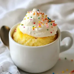 To make the Second Vanilla Mug Cake, you need a few simple ingredients. Gather these items for a quick and tasty treat. - 4 tablespoons all-purpose flour - 2 tablespoons granulated sugar - 1/8 teaspoon baking powder - 1/8 teaspoon salt - 3 tablespoons milk (or plant-based milk of choice) - 2 tablespoons vegetable oil (or melted coconut oil) - 1/2 teaspoon pure vanilla extract - 1 tablespoon sprinkles (optional, for decoration) These ingredients come together to create a fluffy and delicious cake. If you want to add more fun, consider using toppings like whipped cream, a scoop of ice cream, or extra sprinkles. You can mix in chocolate chips or nuts for a twist. The choice is yours! Enjoy experimenting with flavors and textures to make this mug cake truly your own. {{ingredient_image_2}} Start with a microwave-safe mug. Add the following dry ingredients: - 4 tablespoons all-purpose flour - 2 tablespoons granulated sugar - 1/8 teaspoon baking powder - 1/8 teaspoon salt Mix these well using a whisk or a spoon. This step is key. A good mix helps the baking powder spread evenly. It ensures your cake rises well and tastes good. Now, it&rsquo;s time to add the wet ingredients: - 3 tablespoons milk (or your choice of plant-based milk) - 2 tablespoons vegetable oil (or melted coconut oil) - 1/2 teaspoon pure vanilla extract Gently stir everything together. Use a spoon or a small whisk again. Mix until the batter is smooth and free of lumps. If you want, add 1 tablespoon of sprinkles now. They make your cake look fun and bright! Place the mug in your microwave. Cook the cake on high for 1 minute and 30 seconds. After that, check if it&rsquo;s done. If the center is wet, cook it more. Use 10-second intervals to avoid overcooking. Keep an eye on it! Microwave wattage can change cooking times. Let it cool for a few minutes before you dig in. To keep your mug cake moist, measure carefully. Use a kitchen scale for the best results. Too much flour can make the cake dry. If your cake turns out gummy, try mixing it longer. A well-mixed batter helps create a light texture. Microwave times can differ. Start with 1 minute and 30 seconds, then check. If it&rsquo;s still wet, add more time in small bursts. This way, you avoid overcooking and dryness. Always let it cool a bit before eating. The cake will finish cooking as it cools. You can make your mug cake even better with flavors. Add 1/4 teaspoon of almond extract for a nutty twist. Cinnamon or nutmeg can also spice it up nicely. If you use plant-based milk, choose one that has a nice taste. Almond or coconut milk works great here. For a fun change, try flavored oils like coconut oil. These small changes can turn a simple cake into a treat. Pro Tips Use a Larger Mug: This ensures that your cake has enough space to rise without overflowing during cooking. Experiment with Flavors: Try adding cocoa powder for a chocolate version, or a pinch of cinnamon for a warm spice flavor. Check Microwave Power: Microwaves can vary in power; adjust cooking time as needed to prevent overcooking. Let Cool Slightly: Allowing the cake to cool for a few minutes makes it easier to enjoy without burning your mouth! {{image_4}} You can change your vanilla mug cake into something new and fun. Here are a few tasty ideas: - Chocolate Mug Cake: Swap out two tablespoons of flour for cocoa powder. Use chocolate chips for extra sweetness. - Matcha Mug Cake: Add one teaspoon of matcha powder to the dry mix. It gives a lovely green color and a unique taste. - Lemon Mug Cake: Add a teaspoon of lemon zest and a dash of lemon juice. This gives a fresh, zesty flavor. These easy swaps let you enjoy different flavors with little effort. If you need to make changes for diet reasons, it's simple. - Gluten-Free: Use gluten-free all-purpose flour instead. It works just like regular flour in this recipe. - Vegan: Replace the milk with almond milk or any plant-based milk. Use coconut oil instead of regular oil. These adjustments help everyone enjoy a mug cake, no matter their needs. Toppings can make your mug cake even better. Here are some ideas: - Fruits: Add fresh berries or banana slices right before cooking. They bring natural sweetness. - Nuts: Chopped nuts like walnuts or almonds add crunch. Mix them in before cooking. - Confectionery: Try adding colorful sprinkles or chocolate chips. They add fun and flavor. These mix-ins and toppings let you customize your mug cake to your taste. Enjoy experimenting! To keep your Second Vanilla Mug Cake fresh, you have a few options. First, let the mug cake cool completely. Then, cover it tightly with plastic wrap or place it in an airtight container. This helps keep moisture in and prevents it from drying out. You can store it at room temperature for one day or in the fridge for up to three days. If you want to keep it longer, consider freezing it. Wrap it well in plastic wrap and then in aluminum foil. This can last up to a month. When you're ready to enjoy your mug cake again, reheating is easy. If you are using a microwave, place it back in for about 10-15 seconds. Check if it&rsquo;s warm enough. You want it to feel soft and moist but not hot enough to overcook. If you prefer the oven, preheat it to 350&deg;F (175&deg;C). Place the mug cake in the oven for about 5-10 minutes. This method gives it a nice texture. Always keep an eye on it to avoid drying out. Enjoy your tasty treat! If your mug cake is dry, don't worry. This can happen for a few reasons. - Too Much Flour: You may have added too much flour. Use a spoon to scoop flour into a measuring cup, then level it off. - Cooking Time: Cooking too long can dry out the cake. Try reducing the time by 10 seconds. - Liquid Ratio: Ensure you have enough liquid. Adding a splash of milk can help. To fix a dry cake, you can add a dollop of cream or ice cream on top. It adds moisture and taste. Yes, you can make a mug cake without a microwave. Here are some methods: - Oven: Preheat your oven to 350&deg;F (175&deg;C). Pour the batter into an oven-safe mug. Bake for 15-20 minutes or until a toothpick comes out clean. - Stovetop: Use a pot with a lid. Place a trivet or small dish at the bottom. Add water to the pot, but not enough to touch the mug. Cover and steam for about 20 minutes. Both methods work well. Just keep an eye on the cake as it cooks. Adjusting the serving size is simple. Here&rsquo;s how: - Single Serving: Stick to the original recipe for one mug. - Double or More: Multiply each ingredient by the number of servings you want. For example, use 8 tablespoons of flour for four servings. - Cooking Time: If you make multiple mug cakes, check them at the same time. They may need similar cooking times. This way, you can easily share or make extra for later. Enjoy your baking! This blog post covered the key ingredients and steps to make a delicious mug cake. We discussed mixing techniques, cooking times, and tips for perfect texture. I shared ways to enhance flavors and mentioned various recipe variations. Remember to store leftovers properly and reheat them for the best taste. I hope this guide helps you create a tasty mug cake that fits your preferences! Enjoy experimenting with flavors and have fun in the kitchen.