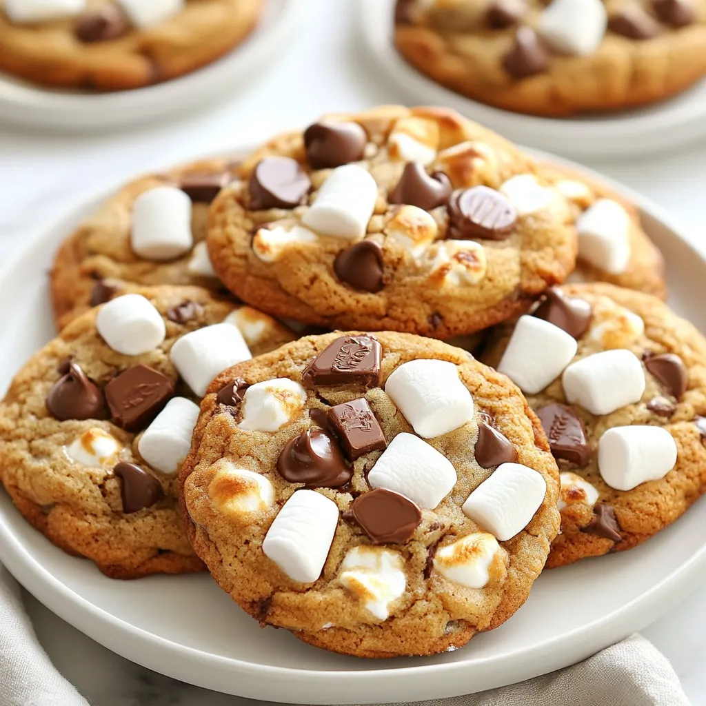 To make gooey s'mores cookies, you need these key ingredients: - 1 cup all-purpose flour - 1/2 teaspoon baking soda - 1/4 teaspoon salt - 1/2 cup unsalted butter, softened - 1/2 cup brown sugar, tightly packed - 1/4 cup granulated sugar - 1 large egg - 1 teaspoon pure vanilla extract - 1 cup semisweet chocolate chips - 1 cup mini marshmallows - 1/2 cup graham cracker crumbs These ingredients blend together to form a rich, tasty dough full of flavor. For extra fun, consider these optional toppings: - Extra mini marshmallows - Chocolate pieces Adding these on top makes your cookies even more gooey and delicious. You will need some basic kitchen tools: - Mixing bowls - Hand mixer or stand mixer - Measuring cups and spoons - Baking sheet - Parchment paper - Spatula - Wire rack With these tools and ingredients, you can create the perfect gooey s'mores cookies! {{ingredient_image_2}} First, set your oven to 350°F (175°C). This temperature ensures that your cookies bake evenly. Next, grab a baking sheet and line it with parchment paper. This step keeps the cookies from sticking and makes cleanup a breeze. In a small bowl, whisk together the flour, baking soda, and salt. Make sure these dry ingredients are combined well. This mix adds the right texture to your cookies. Set this bowl aside for now; you will use it later. In a large bowl, combine the softened butter, brown sugar, and granulated sugar. Use a hand mixer or stand mixer to beat them together. Mix until the blend is fluffy and light, which should take about 2-3 minutes. This step adds air to your cookies, making them soft. Now, add the egg and vanilla extract to your butter and sugar mix. Beat until everything is smooth and blended. Gradually add your dry mixture to the wet ingredients. Stir gently until you see no dry flour left. Be careful not to overmix; this keeps your cookies tender. Next, fold in the chocolate chips, mini marshmallows, and graham cracker crumbs. Use a spatula to mix gently. Ensure these tasty bits are evenly spread throughout the dough. This step adds that classic s'mores flavor to every bite. Scoop generous portions of dough onto your prepared baking sheet. Leave about 2 inches between each scoop. This space allows the cookies to spread while baking. For a gooey touch, press extra mini marshmallows and chocolate pieces on top. Bake for 10-12 minutes. The edges should be lightly golden, while the centers stay soft. After baking, let them cool on the sheet for 5 minutes before moving them to a wire rack. Enjoy your gooey s'mores cookies! To get that perfect chewy texture in your s'mores cookies, watch your baking time. Bake them until the edges are golden brown, but the centers should look soft. This softness helps keep them chewy. Remember, they will firm up as they cool! When mixing the dough, stop as soon as you see no dry flour. Overmixing can make cookies tough. Gently fold in the chocolate chips, mini marshmallows, and graham cracker crumbs. This keeps your cookies light and fluffy. Let the cookies cool on the baking sheet for five minutes after baking. This helps them set. After that, transfer them to a wire rack. Cooling completely on the rack lets air circulate, keeping them soft and gooey. Enjoy your warm s'mores cookies! Pro Tips Chill the Dough: For an even chewier texture, consider chilling the cookie dough for 30 minutes before baking. This helps the cookies maintain their shape and enhances the flavors. Use Quality Chocolate: Opt for high-quality semisweet chocolate chips or chunks for a richer chocolate flavor that complements the gooey marshmallows beautifully. Experiment with Add-ins: Feel free to add other mix-ins like nuts or flavored chocolate for a unique twist on the classic s'mores cookie! Storage Tips: Store the cookies in an airtight container at room temperature for up to a week, or freeze them for longer-lasting gooey goodness! {{image_4}} If you want nut-free cookies, just skip any nuts. The recipe is already nut-free as it stands. Make sure to check your chocolate chips too. Some brands may contain nuts. Always read the labels to ensure safety. To make these cookies gluten-free, swap out the all-purpose flour for a gluten-free blend. Look for blends that work in baking. You may also want to add a little xanthan gum to mimic the texture of regular flour. This will help keep your cookies chewy. Want to mix things up? You can add more flavor to your cookies. Try adding a scoop of peanut butter for a nutty taste. You can also sprinkle in some cinnamon for warmth. A drop of mint extract will give a fresh twist. Just be careful not to overdo it! Start with a small amount and taste as you go. To keep your gooey s'mores cookies fresh, store them in an airtight container. This prevents air from drying them out. Place a piece of bread in the container. The bread keeps the cookies soft by adding moisture. You can store them at room temperature for up to five days. You can freeze these cookies for later. First, let them cool completely. Then, place them in a single layer on a baking sheet. Freeze them for about an hour. Once firm, transfer the cookies to a freezer bag. They can last for up to three months in the freezer. When you want one, just take it out and let it thaw. To enjoy your cookies warm and gooey again, preheat your oven to 350°F (175°C). Place the cookies on a baking sheet. Heat them for about 5 to 10 minutes. You can also use the microwave. Heat for 10-15 seconds, but check often. This way, you’ll get that delightful gooey texture back! Yes, you can make these cookies ahead of time. Prepare the dough and scoop it onto the baking sheet. Then, cover it and chill in the fridge for up to two days. When ready, just bake them straight from the fridge. This keeps them fresh and ready for any occasion. To store leftover cookies, place them in an airtight container. They stay fresh at room temperature for up to three days. If you want to keep them longer, you can freeze them. Just make sure to wrap each cookie in plastic wrap first. If you don’t have graham cracker crumbs, you can use crushed cookies like Digestive biscuits or vanilla wafers. You can also make your own by crushing plain crackers and adding a bit of brown sugar for sweetness. Yes, you can use miniature chocolate bars instead of chips. Just chop them into small pieces. They will melt nicely and add a rich chocolate flavor to your cookies. You now know how to make gooey s'mores cookies from start to finish. We covered essential ingredients, optional toppings, and equipment needed. The step-by-step guide helps you bake easily. Tips ensure perfect chewy cookies, while variations let you get creative. Storing and reheating methods keep your cookies fresh and delicious. Enjoy making these tasty treats. You can wow your friends and family with your baking skills. Embrace the joy of s'mores cookies in every bite!
