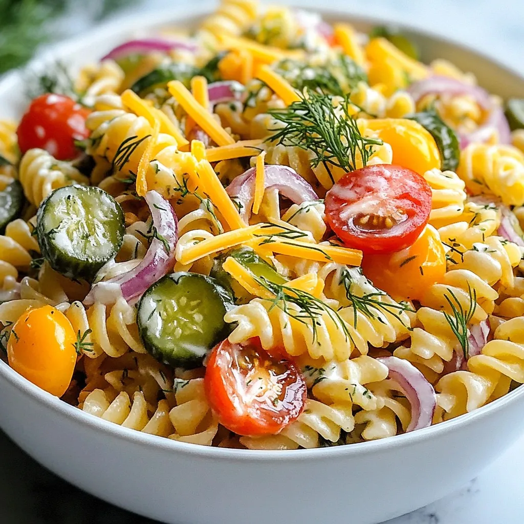 - Pasta Options - 8 oz rotini or penne pasta - Vegetables and Pickles - 1 cup dill pickles, finely chopped - 1/2 cup red onion, finely diced - 1/2 cup cherry tomatoes, halved - Dressing Components - 1/4 cup mayonnaise - 1/4 cup Greek yogurt - 1 tablespoon Dijon mustard - 2 tablespoons pickle juice (from the pickle jar) - 1 teaspoon garlic powder - Salt and freshly cracked black pepper to taste - Fresh dill, chopped, for garnish (optional) This list covers the key parts of the dish. You can choose rotini or penne for your pasta. Both work well and hold the dressing nicely. I like using dill pickles for their tangy crunch. The red onion adds a sweet bite, while the cherry tomatoes bring freshness. For the dressing, a mix of mayonnaise and Greek yogurt gives a creamy base. The Dijon mustard adds a zing, and pickle juice boosts the flavor. Garlic powder rounds it out nicely. Don't forget salt and pepper to taste! Optionally, you can sprinkle fresh dill on top for extra flavor. This salad is fun to make and even better to eat! {{ingredient_image_2}} To start, boil a large pot of salted water. You want it rolling and hot. Add 8 oz of rotini or penne pasta. Cook it for about 8-10 minutes. You want the pasta to be al dente, or firm to the bite. Once it's done, drain the pasta in a colander. Rinse it under cold water to stop the cooking. Set it aside to cool. Grab a medium bowl for the dressing. Add 1/4 cup of mayonnaise and 1/4 cup of Greek yogurt. Then, mix in 1 tablespoon of Dijon mustard and 2 tablespoons of pickle juice. Add 1 teaspoon of garlic powder, a pinch of salt, and some freshly cracked black pepper. Whisk it all together until smooth. Make sure there are no lumps. In a large bowl, add the cooled pasta. Toss in 1 cup of finely chopped dill pickles, 1/2 cup of diced red onion, and 1/2 cup of halved cherry tomatoes. Don't forget 1/2 cup of shredded sharp cheddar cheese. Gently fold the ingredients together. Be careful not to break the pasta. Next, pour the dressing over the pasta mixture. Use a spatula to toss everything together. Make sure every piece is coated. Cover the salad with a lid or plastic wrap. Put it in the fridge for at least 30 minutes. This chilling step helps the flavors mix well. When ready to serve, stir again and adjust seasoning if needed. Garnish with fresh dill for a nice touch. Enjoy your tasty Dill Pickle Pasta Salad! To get the best texture in your salad, start with al dente pasta. Cook the rotini or penne until it is firm but not hard. Rinse it under cold water right after cooking. This stops the cooking process and keeps the pasta from getting mushy. Make sure to drain it well before mixing. To make your salad more flavorful, add more dill pickles or their juice. This boosts the tangy taste. You can also try adding fresh herbs like parsley or chives for a fresh kick. A dash of hot sauce can give it a spicy twist. Always taste your salad before serving, and adjust the salt and pepper to suit your taste. Presentation is key to enjoying your Dill Pickle Pasta Salad. Serve it in a big bowl for gatherings or in small cups for individual servings. Top it with extra chopped dill for color. Shredded cheese on top adds a nice touch too. You can even serve it with a side of extra pickles for a fun touch! Pro Tips Choose the Right Pasta: Opt for rotini or penne as they hold the dressing well and add texture to the salad. Chill for Better Flavor: Allow the salad to chill for at least 30 minutes; this lets the flavors meld together beautifully. Customize Your Veggies: Feel free to add other vegetables like cucumbers or bell peppers for extra crunch and color. Adjust the Creaminess: If you prefer a creamier texture, increase the mayonnaise or Greek yogurt to taste. {{image_4}} You can easily add proteins to your Dill Pickle Pasta Salad. Cooked chicken or turkey works great. You can also use canned tuna or chickpeas for a tasty twist. Just chop them into small pieces and mix them in. This will make the salad more filling and boost the protein content. Feel free to swap in other veggies. You can use bell peppers for crunch or cucumbers for freshness. Carrots can also add a sweet note. Just make sure to chop them finely, so they mix well. Each veggie brings its own flavor to the salad, making it more exciting. You can change up the dressing, too. If you want a tangy kick, add more pickle juice. For a lighter version, use all Greek yogurt instead of mayonnaise. You can also add herbs like dill or basil to give the dressing more flavor. Mix and match until you find your favorite blend! To keep your Dill Pickle Pasta Salad fresh, place it in an airtight container. This helps avoid drying out and keeps flavors intact. Always let the salad cool down before sealing it. Never leave it out for more than two hours. If you plan to eat it later, store it in the fridge right away. Freezing pasta salad is not the best option due to its creamy dressing. The texture can change after thawing. If you must freeze it, leave out the dressing. You can freeze the pasta and veggies separately. When you're ready to eat, mix in fresh dressing after thawing. Dill Pickle Pasta Salad lasts up to three days in the fridge. Check for signs of spoilage. If the salad has an off smell or the colors look dull, it might be bad. Always trust your senses. If in doubt, throw it out! Yes, you can use different types of pasta. Rotini and penne work well. You can try fusilli or farfalle for a fun twist. Just make sure to cook them al dente. This keeps the pasta firm and tasty in the salad. You can keep Dill Pickle Pasta Salad in the fridge for about three to five days. Store it in an airtight container to keep it fresh. The flavors will blend more over time, making it even tastier! You can use Greek yogurt instead of mayonnaise. It adds creaminess and a bit of tang. You can also try sour cream or avocado for a different flavor. Each option gives a unique twist to the salad while keeping it creamy. This blog post covered everything you need for a tasty Dill Pickle Pasta Salad. We explored the key ingredients, cooking steps, and helpful tips to enhance flavor. I shared fun variations to suit your taste and provided useful storage info. In conclusion, making this salad is easy, fun, and full of flavor. You'll impress your family and friends with this dish. Enjoy creating your unique version and savoring every bite!