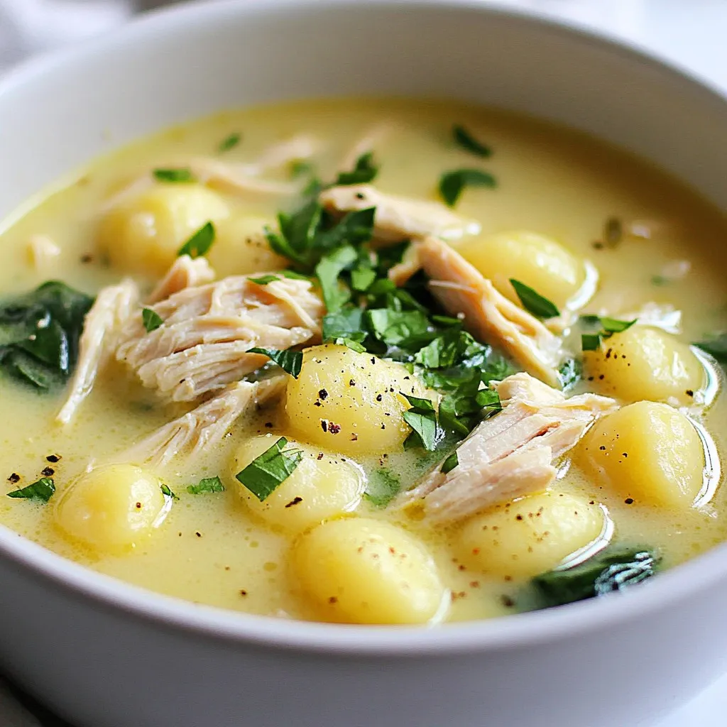 To make this creamy rotisserie chicken gnocchi soup, gather these main ingredients: - 1 rotisserie chicken, shredded into bite-sized pieces - 1 tablespoon extra virgin olive oil - 1 medium onion, diced finely - 3 cloves garlic, minced - 3 medium carrots, peeled and diced - 2 celery stalks, diced - 6 cups low-sodium chicken broth - 1 teaspoon dried thyme - 1 teaspoon dried basil - 1 bay leaf - 1 pound potato gnocchi - 1 cup heavy cream - 2 cups fresh spinach, roughly chopped - Salt and freshly ground black pepper to taste - Fresh parsley, chopped (for garnish) These ingredients create a rich and hearty soup. The rotisserie chicken adds a lovely flavor and saves time. You can add some fun garnishes or extras to enhance the soup: - Grated Parmesan cheese for a salty kick - Crusty bread for dipping - A squeeze of lemon juice for brightness - Croutons for crunch These options add layers of flavor and texture. Feel free to mix and match! If you need to swap ingredients, here are some ideas: - Use chicken breast if you don’t have a rotisserie chicken. - Swap heavy cream for half-and-half for a lighter version. - Replace potato gnocchi with regular pasta or rice. - Use vegetable broth for a vegetarian base. These substitutes keep the soup tasty while fitting your needs. Enjoy the process! {{ingredient_image_2}} Start by gathering your ingredients. You will need a rotisserie chicken, olive oil, onion, garlic, carrots, and celery. Chop the onion finely. Peel and dice the carrots. Dice the celery stalks. Mince the garlic cloves. These fresh veggies add flavor and nutrition to your soup. In a large pot or Dutch oven, heat one tablespoon of olive oil over medium heat. Add the diced onion, carrots, and celery. Sauté these for about 5-7 minutes. You want the vegetables to soften and the onion to turn translucent. Next, stir in the minced garlic and cook for one more minute. Be careful not to let it burn. Pour in six cups of low-sodium chicken broth. Bring it to a gentle simmer. Add the shredded rotisserie chicken, one teaspoon of dried thyme, one teaspoon of dried basil, and a bay leaf. Let the soup simmer for about 10 minutes. This helps the flavors blend nicely. Now it's time for the fun part! Carefully add one pound of potato gnocchi to the pot. Cook them based on the package instructions, usually about 2-3 minutes. They will rise to the top when done. Once the gnocchi are tender, stir in one cup of heavy cream and two cups of roughly chopped fresh spinach. Let the soup heat for 2-3 minutes more. This allows the spinach to wilt and the soup to become rich and creamy. Don’t forget to remove the bay leaf. Season with salt and freshly ground black pepper to your taste. Stir well to combine everything. Enjoy your warm, creamy bowl of comfort! Add more heavy cream. Start with an extra half cup. This will boost the creaminess. You can also use cream cheese. Mix in a few spoonfuls when you add the heavy cream. It will make your soup silky and rich. Taste your soup before you serve it. Add salt and pepper as needed. If you want more flavor, try adding a splash of lemon juice. This will brighten the taste. Fresh herbs like thyme or basil can also enhance the flavor. Add them right before serving for the best impact. Don’t skip the sautéing step. Cooking the onions, carrots, and celery first builds flavor. Avoid cooking the gnocchi too long. They should float to the top to show they are done. Also, don’t forget to remove the bay leaf before serving. It can be bitter if eaten. Pro Tips Flavor Boost: For an extra layer of flavor, consider adding a splash of white wine after sautéing the vegetables before adding the broth. Gnocchi Cooking: Be sure not to overcook the gnocchi; they should only take 2-3 minutes to float to the surface to ensure they remain tender. Storage Tips: If you plan to have leftovers, store the gnocchi separately from the soup to prevent them from becoming mushy. Herb Variations: Experiment with different herbs like rosemary or oregano for a unique twist on the classic flavors. {{image_4}} You can change the taste of your soup easily. Try adding a splash of lemon juice for brightness. A teaspoon of smoked paprika gives a nice smoky flavor. You can also toss in some diced tomatoes for a touch of sweetness. If you like spice, add crushed red pepper flakes. Each option brings a new taste to your creamy gnocchi soup. If you want a lighter version, swap heavy cream for half-and-half or milk. This change keeps the soup creamy but reduces calories. You can also use whole wheat gnocchi for added fiber. Fresh veggies boost nutrition too. Consider adding zucchini or bell peppers to the mix. These swaps keep the soup tasty while making it healthier. For a vegetarian soup, skip the chicken and use vegetable broth instead of chicken broth. Replace the rotisserie chicken with mushrooms or chickpeas. Both options add protein and flavor. You can also add more greens, like kale or Swiss chard, for extra nutrients. These changes keep the soup hearty and satisfying while being meat-free. To store leftover soup, let it cool first. Use an airtight container. Place the soup in the container and seal it tightly. It will stay fresh in the fridge for about 3 days. Label the container with the date for easy tracking. When you're ready to enjoy the soup again, pour it into a pot. Heat it over medium-low heat, stirring often. This helps it warm evenly. You can also microwave it in a bowl. Heat in 30-second bursts, stirring in between, until hot. You can freeze this soup for longer storage. Use freezer-safe containers or bags. Leave some space at the top for expansion. The soup can last up to 3 months in the freezer. To reheat, thaw it in the fridge overnight. Then, reheat on the stove or in the microwave. Yes, you can use homemade gnocchi! It adds a personal touch. Just ensure they are cooked properly. Fresh gnocchi may cook faster than store-bought. Keep an eye on them as they rise to the surface. This means they are ready. Using homemade gnocchi makes the soup even more special. To spice up the soup, add red pepper flakes. Start with a teaspoon. You can always add more if needed. Another option is to include diced jalapeños. For a smoky flavor, try adding chipotle powder. Adjust the spice level to suit your taste. Experimenting can lead to a tasty twist on this classic soup. This soup pairs well with crusty bread. A warm baguette is perfect for dipping. You can also serve it with a fresh garden salad. The crisp veggies complement the creamy soup. Try adding a light vinaigrette to the salad. This balance enhances your meal experience. Enjoy your comforting bowl of soup with these delicious sides! Rotisserie Chicken Gnocchi Soup combines simple ingredients and easy steps for a tasty dish. You can adjust flavors with different spices or make it vegetarian. Remember to store leftovers correctly and reheat them well for the best taste. I hope you feel ready to make this comforting soup at home. Enjoy the warmth and flavor it brings to your table!