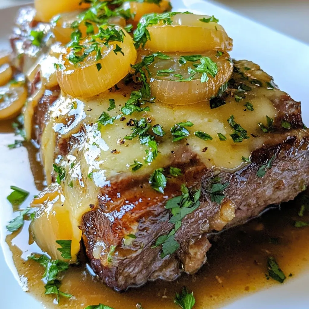 To make a rich and tasty French onion pot roast, gather these main ingredients: - 3-4 lbs beef chuck roast - 4 large onions, thinly sliced - 4 cloves garlic, minced - 4 cups beef broth - 2 tablespoons balsamic vinegar - 2 tablespoons olive oil - 2 teaspoons fresh thyme leaves (or 1 teaspoon dried thyme) - 2 teaspoons dried rosemary - 1 teaspoon salt - 1 teaspoon black pepper These ingredients form the heart of your pot roast. The beef chuck roast gives a great texture and flavor. The onions and garlic bring sweetness and depth. The beef broth keeps it moist and flavorful. You can add these optional ingredients to boost the taste: - 1 cup Gruyère cheese, shredded (optional for topping) - Fresh parsley, chopped (for garnish) The Gruyère cheese adds a creamy, gooey finish. The parsley offers a nice color and freshness to balance the richness. Seasonings play a key role in elevating your pot roast. Use: - Fresh thyme leaves for a herbal note - Dried rosemary for an earthy flavor - Salt and black pepper to enhance the dish These seasonings work well together, bringing out the best in your roast. Don't forget to garnish with parsley right before serving. This adds a pop of color and a fresh taste that brightens the meal. {{ingredient_image_2}} Start by gathering all your ingredients. You will need: - 3-4 lbs beef chuck roast - 4 large onions, thinly sliced - 4 cloves garlic, minced - 4 cups beef broth - 2 tablespoons balsamic vinegar - 2 tablespoons olive oil - 2 teaspoons fresh thyme leaves (or 1 teaspoon dried thyme) - 2 teaspoons dried rosemary - 1 teaspoon salt - 1 teaspoon black pepper - 1 cup Gruyère cheese, shredded (optional for topping) - Fresh parsley, chopped (for garnish) Now, preheat your oven to 300°F (150°C). This step is important for the roast. Next, heat olive oil in a large oven-safe pot over medium-high heat. Generously season the beef chuck roast with salt and black pepper. When the oil is hot, carefully place the roast into the pot. Sear it for about 3-4 minutes on each side. You want it nice and brown. This adds flavor. Once browned, remove the roast and set it aside. In the same pot, add the thinly sliced onions. Lower the heat to medium. Cook the onions, stirring often, until they turn golden brown. This should take about 15-20 minutes. Once they are caramelized, add the minced garlic. Cook for one more minute until the garlic smells great. Now, pour in the balsamic vinegar. Use a wooden spoon to scrape up any tasty bits stuck to the pot. This step brings out deeper flavors. Return the seared roast to the pot. Slowly pour in the beef broth, covering the roast. Sprinkle thyme and rosemary on top. Let it come to a gentle boil. Cover the pot with a lid and transfer it to the oven. Cook for 3-4 hours. Check it occasionally. The beef should be tender and easy to shred. If you want cheese, sprinkle the shredded Gruyère on top during the last 15 minutes. This will make it gooey and delicious. Once done, take the pot out of the oven. Let the roast rest for about 10 minutes before serving. Shred the beef into large pieces and top with onion gravy. For a nice touch, add fresh parsley right before serving. Enjoy! To make the best pot roast, choose a good cut of meat. I recommend a beef chuck roast. It has fat that keeps it moist. Season it well with salt and black pepper. Sear it in hot oil. This step adds flavor and color. Slow cooking makes it tender. Aim for three to four hours in the oven. Low heat helps break down the tough fibers in the meat. For deeper flavor, caramelize the onions well. Cook them slowly until they are golden brown. This takes about 15 to 20 minutes. Don’t rush this step. It makes the dish rich and sweet. Use balsamic vinegar to deglaze the pot. It brings out the tasty bits stuck to the bottom. Add fresh thyme and rosemary for more aroma. You can also try adding a splash of red wine for extra depth. Cheese can take your pot roast to the next level. Gruyère is a great choice because it melts well. Add it during the last 15 minutes of cooking. This gives it time to melt and become gooey. If you want something sharper, try aged cheddar. For a fun twist, use blue cheese for a punchy flavor. Always cover the pot to trap the heat while the cheese melts. Pro Tips Choose the Right Cut: For the best flavor and tenderness, use a well-marbled beef chuck roast. The fat will render during cooking, keeping the meat moist and flavorful. Perfectly Caramelized Onions: Take your time when caramelizing the onions. Cooking them slowly over medium heat will bring out their natural sweetness and deepen the flavor of the dish. Add Depth with Herbs: Fresh herbs like thyme and rosemary enhance the dish's aroma and flavor. Consider adding a bay leaf during cooking for an additional layer of taste. Rest Before Serving: Letting the roast rest for 10-15 minutes after cooking allows the juices to redistribute, resulting in a more succulent and tender meat when served. {{image_4}} You can use different cuts of meat for pot roast. While beef chuck is popular, brisket works well too. Brisket has great flavor and tender texture when cooked slowly. Rump roast is another option; it’s leaner but still tastes good. If you prefer pork, try a pork shoulder. It’s rich and juicy, perfect for this dish. You can make a vegetarian version of French Onion Pot Roast. Start with a hearty plant-based protein, like jackfruit or seitan. They absorb flavors well. Use vegetable broth instead of beef broth for a rich base. For the cheese, try vegan cheese or skip it altogether. This version is just as tasty and satisfying! Adding vegetables makes your pot roast even better. Consider using root veggies like carrots, potatoes, or parsnips. Chop them into bite-sized pieces and add them with the onions. You can also add mushrooms for a nice umami boost. These veggies soak up the flavors and create a more filling dish. Enjoy the mix of tastes and textures! To store leftover pot roast, let it cool down first. Place it in an airtight container. You can keep it in the fridge for up to four days. If you want to save it longer, consider freezing it. To freeze the pot roast, slice it into portions. Wrap each portion tightly in plastic wrap. Then, place the wrapped portions in a freezer bag. Label the bag with the date. You can freeze it for up to three months for the best taste. When you are ready to eat your pot roast, take it out of the fridge or freezer. If frozen, let it thaw in the fridge overnight. To reheat, place the pot roast in a pot over low heat. Add a splash of beef broth to keep it moist. Heat until warm, stirring gently. This keeps the flavors rich and delicious. The best cut of meat for pot roast is beef chuck roast. This cut has a good amount of fat and connective tissue. It becomes tender and flavorful when slow-cooked. You can also use brisket or round, but chuck is the most popular choice. Yes, you can make French Onion Pot Roast in a slow cooker. Just follow the same steps for searing the meat and caramelizing the onions. Then, place everything in the slow cooker. Cook on low for 6-8 hours or high for 3-4 hours. You will still get a tasty and tender roast. Great side dishes for pot roast include mashed potatoes and roasted vegetables. You can also serve it with crusty bread or a simple salad. These sides complement the rich flavors of the roast and help balance the meal. To make pot roast gluten-free, ensure that the beef broth is gluten-free. Use a brand that is labeled gluten-free. You can also skip the balsamic vinegar or check if it is gluten-free. This way, you can still enjoy a delicious meal without gluten. Yes, you can use different types of cheese for topping. While Gruyère is a classic choice, Swiss or mozzarella work well too. Feel free to experiment with your favorites. Just remember to add the cheese in the last 15 minutes of cooking for the best melt. This blog post showed how to make a tasty French Onion Pot Roast. You learned about the key ingredients, prep steps, and cooking tips. We also covered storage and variations to suit your taste. Remember, you can experiment with different meats and garnishes. Cooking should be fun, so try new things. Enjoy your delicious pot roast with friends and family!