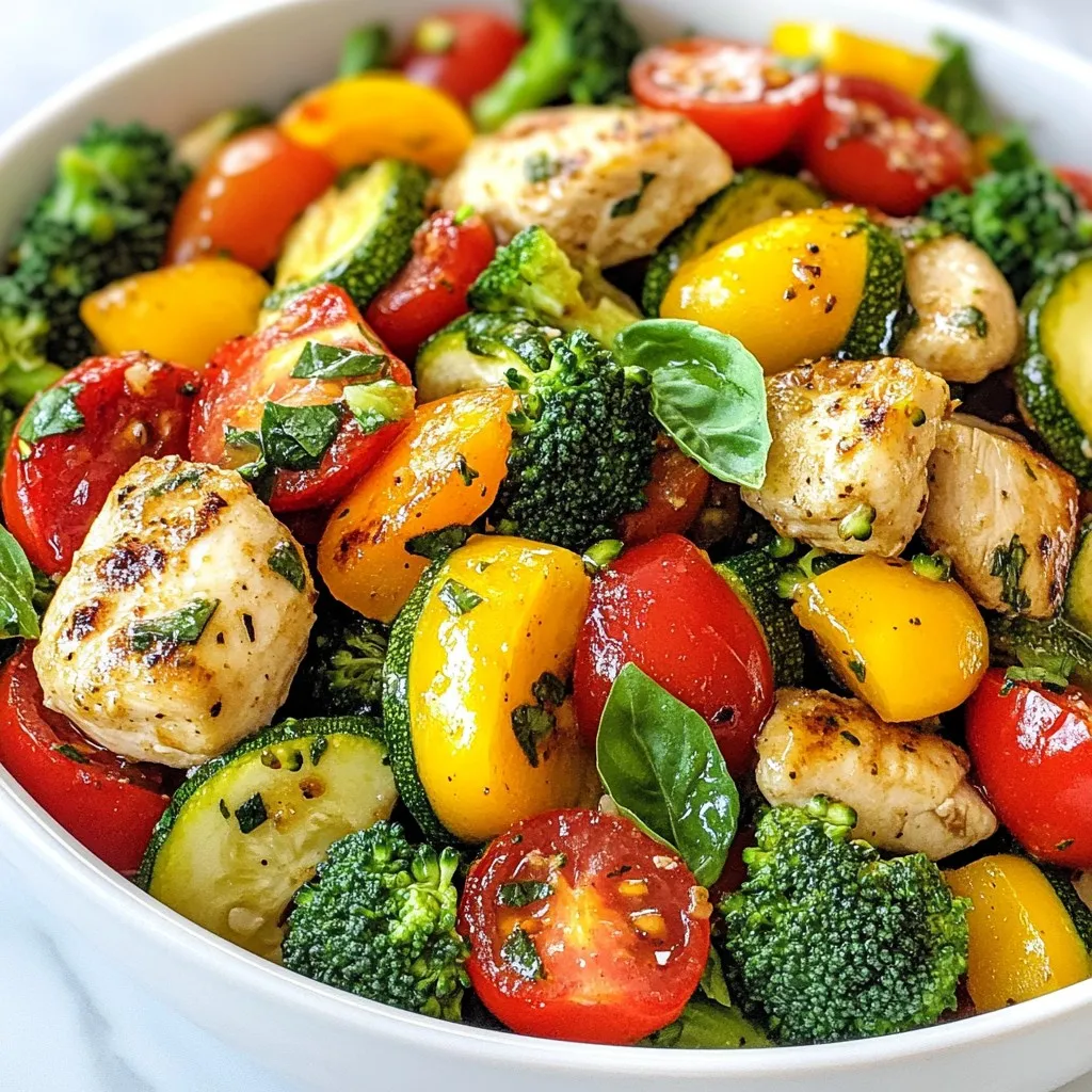 For this dish, you need fresh and colorful ingredients. Gather the following: - 2 boneless, skinless chicken breasts, cut into bite-sized pieces - 1 cup assorted bell peppers (red, yellow, green), thinly sliced - 1 cup zucchini, cut into half-moons - 1 cup broccoli florets, cut into small pieces - 1 cup cherry tomatoes, halved These veggies add great taste and bright colors. They also provide vitamins and minerals. To make your chicken and veggies pop, use these seasonings: - 2 cloves garlic, finely minced - 2 tablespoons extra virgin olive oil - 1 teaspoon Italian seasoning blend - Salt and freshly ground black pepper to taste - 1/4 cup low-sodium chicken broth The olive oil helps the food cook well. The garlic and Italian seasoning give a nice flavor. Finishing touches can elevate your dish. Consider these garnishes: - Fresh basil leaves, for garnish These herbs not only look nice but also add fresh taste. You can use them for a pretty plate. {{ingredient_image_2}} To start, grab a large skillet. I like to use one that is deep and wide. This helps all the food cook evenly. Place the skillet on the stove over medium-high heat. Once it's hot, pour in two tablespoons of extra virgin olive oil. Let the oil get warm for a minute. A hot skillet gives a nice sear to the chicken. Now, take the two boneless, skinless chicken breasts. Cut them into small, bite-sized pieces. Add the chicken to the skillet. Season it with salt, pepper, and one teaspoon of Italian seasoning. Stir the chicken often as it cooks. You want it browned on all sides. This should take about 5 to 7 minutes. Check that the chicken is no longer pink in the center. Cooked chicken should always be safe to eat. After the chicken is done, it’s time for the fun part—adding veggies! Start with two cloves of minced garlic and one cup of sliced bell peppers. Stir these in and let them cook for 2 to 3 minutes. The peppers should soften and smell great. Next, add one cup of zucchini and one cup of broccoli florets. Stir them in and cook for another 3 to 4 minutes. You want the veggies to stay bright and crunchy. Now, pour in one cup of low-sodium chicken broth and add one cup of halved cherry tomatoes. Stir everything well. Let it simmer for about 2 to 3 minutes. This helps all the flavors mix together. Taste your dish, and if it needs more salt or pepper, add it now. Finally, take the skillet off the heat and garnish with fresh basil leaves. This adds color and a fresh taste. Enjoy your meal! To cook chicken perfectly, start with bite-sized pieces. This helps them cook fast and evenly. Heat your skillet on medium-high heat. Always add oil first to prevent sticking. Season the chicken with salt, pepper, and Italian herbs. This adds flavor. Cook until the chicken turns golden brown and is no longer pink inside. It usually takes about 5-7 minutes. Stir occasionally for even cooking. For the skillet, use colorful veggies. I like bell peppers, zucchini, and broccoli. They add taste and look great together. If you don't have these, try carrots, snap peas, or spinach. Just cut them into small pieces for quick cooking. Fresh veggies are best, but frozen ones work in a pinch. They save time and still taste good. To boost flavor, use fresh garlic and herbs. They make a big difference. Adding chicken broth gives moisture and richness. You can also splash some lemon juice for a bright taste. Lastly, garnish with fresh basil before serving. This adds color and a fresh aroma to your dish. Enjoy your meal! Pro Tips Use Fresh Ingredients: For the best flavor, use fresh vegetables and herbs. They enhance the dish's color and taste significantly. Adjust the Spice Level: If you enjoy a bit of heat, consider adding red pepper flakes or sliced jalapeños when cooking the chicken. Meal Prep Friendly: This dish is perfect for meal prep. Cook a batch and store it in the fridge for easy lunches throughout the week. Experiment with Vegetables: Feel free to substitute or add other vegetables like carrots or snap peas to customize the dish to your liking. {{image_4}} If you want to change the protein in this dish, try using shrimp or tofu. Shrimp cooks fast and adds a nice flavor. Tofu is a great option for a meatless meal. Cut it into cubes and cook until golden. You can also use beef or pork. Just make sure to adjust the cooking time. Each protein brings its own taste and texture. Feel free to mix in different veggies. Carrots, snap peas, or mushrooms can add new flavors. You can also use spinach or kale for a boost of nutrients. Just remember to cut them into small pieces for even cooking. The more colorful your veggies, the more appealing your skillet will look! You can change the taste of this dish easily. Add a splash of soy sauce for a savory kick. A squeeze of lemon juice can brighten up the flavors. If you like spice, throw in some red pepper flakes. Experiment with fresh herbs like parsley or cilantro for a fresh finish. Adjusting flavors can make this dish your own! To keep your Minute Chicken Veggie Skillet fresh, store it in the fridge. Place it in an airtight container. It will last about 3 to 4 days. Make sure it cools down to room temperature before sealing it. This helps prevent moisture build-up and keeps the dish tasty. When you're ready to enjoy leftovers, reheat in a skillet. Use medium heat to warm it evenly. Stir occasionally to ensure all parts heat up. You can also microwave it. Place it in a microwave-safe dish, cover it, and heat for 1 to 2 minutes. Check if it’s hot enough before serving. You can freeze the skillet dish, too! First, let it cool completely. Then, transfer it to a freezer-safe bag or container. It will stay good for about 2 to 3 months. When you’re ready to eat, thaw it overnight in the fridge. Reheat it on the stove or in the microwave. Cook the chicken for about 5-7 minutes. Make sure you stir it often. The chicken should be well browned and no longer pink. This step is key for both taste and safety. Yes, you can use frozen vegetables. They are a great time-saver. Just add them to the skillet when you would add fresh ones. They may need a minute or two longer to cook through. You can serve this dish with rice or pasta. A side salad also works well. For a heartier meal, pair it with crusty bread. Each option adds something special to your meal. In this blog post, we covered how to make a tasty chicken veggie skillet. We explored the key ingredients like chicken, vegetables, and seasonings. I shared step-by-step instructions for cooking, along with helpful tips. We also discussed fun variations and storage tips, so you can enjoy this dish later. Cooking should be simple and enjoyable. I hope you feel inspired to try this recipe!