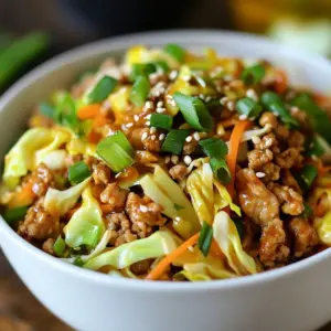 - 1 pound ground chicken or turkey - 4 cups coleslaw mix - 3 green onions, chopped - 3 cloves garlic, minced - 1 tablespoon fresh ginger, minced For your Egg Roll in a Bowl, start with fresh ground meat. I love using chicken or turkey for a lean option. The coleslaw mix gives great crunch and flavor. You can find it in the produce aisle. Chopping green onions adds a nice bite and color, while garlic and ginger bring warmth and aroma to the dish. - 1/4 cup low-sodium soy sauce - 2 tablespoons sesame oil - 1 teaspoon rice vinegar - 1 tablespoon Sriracha (optional) Next, we need flavor enhancers. Low-sodium soy sauce keeps the dish savory without being too salty. Sesame oil adds a rich, nutty taste. Rice vinegar brings a tangy twist that brightens the flavors. If you like heat, Sriracha adds a spicy kick. You can adjust this to suit your taste. - Salt and black pepper - Sesame seeds for garnish Finally, we finish with seasoning. Salt and black pepper enhance all the flavors in the bowl. Sesame seeds not only look great but add a nice crunch. Sprinkle them on top before serving to make your dish pop. {{ingredient_image_2}} - Heat 2 tablespoons of sesame oil in a large skillet over medium-high heat. Watch for it to shimmer. - Add 1 pound of ground chicken or turkey. Cook for 5-7 minutes. Use a spatula to break up the meat. Keep cooking until it turns brown and is fully cooked. - Once the meat is cooked, stir in 3 minced cloves of garlic and 1 tablespoon of minced ginger. Saut&eacute; the mix for 1-2 minutes. You want the garlic to be lightly golden and aromatic. - Pour in 4 cups of coleslaw mix. Stir-fry the mixture for 3-4 minutes. Cook until the cabbage is tender but still has a slight crunch. - Next, add 1/4 cup of low-sodium soy sauce and 1 teaspoon of rice vinegar. Stir to combine everything well. Heat through for another minute. - Season with salt and black pepper to taste. If you like heat, add 1 tablespoon of Sriracha and mix well. - Remove the skillet from the heat. Fold in 3 chopped green onions, using the greens for freshness. - Serve hot, garnished with sesame seeds for a tasty crunch. Enjoy! To ensure the meat is fully cooked, use a spatula to break it into small pieces. Cook it for 5-7 minutes until browned. This step is key for flavor and safety. Achieving the perfect crunch in cabbage is all about timing. Stir-fry the coleslaw mix for just 3-4 minutes. You want it tender but still crisp. This gives your dish a great texture. For presentation, serve the stir-fry in deep bowls. It makes the colors pop. You can also use a platter. Top with extra green onion slices for a fresh look. Pair your stir-fry with dipping sauces. Soy sauce, sweet chili, or even a spicy Sriracha mix work well. It adds a fun twist to each bite. One common mistake is overcooking the cabbage. It can become mushy and lose its crunch. Keep an eye on it while cooking. Another mistake is skipping the ginger. This spice adds a warm, zesty flavor. Without it, your dish might taste flat. Don&rsquo;t miss out on this key ingredient for a tasty meal! Pro Tips Use Fresh Ingredients: Fresh garlic and ginger will enhance the flavor of your stir-fry. If possible, avoid using pre-minced versions for the best taste. Adjust the Heat: If you prefer a milder dish, omit the Sriracha or serve it on the side. You can also use less soy sauce for a lighter flavor. Customize Your Veggies: Feel free to add other vegetables like bell peppers, snap peas, or broccoli to the mix for extra nutrients and color. Leftovers Storage: Store any leftovers in an airtight container in the refrigerator for up to 3 days. Reheat in a skillet to keep the texture nice. {{image_4}} You can switch out the ground chicken or turkey for other meats. Ground beef or pork works great. These meats bring a richer flavor. If you want a vegetarian dish, try using tofu. Firm tofu holds up well in stir-fry. Just cube it and add it when you would add the meat. This way, you still get a filling meal. Feel free to add more veggies to your stir-fry. Bell peppers, snap peas, or carrots add color and crunch. You can even toss in mushrooms or zucchini for extra flavor. Keep in mind that different veggies have different cooking times. For example: - Bell peppers: cook for 2-3 minutes - Snap peas: add for the last 1-2 minutes - Carrots: slice them thinly to cook faster Adding these veggies makes your dish even more tasty. You can play with the spice levels to match your taste. If you like heat, add more Sriracha. You can also try different sauces. Hoisin or teriyaki sauce can change the flavor profile. Just mix in a tablespoon or two when you add the soy sauce. Experimenting with flavors makes this dish fun and unique. Store your Egg Roll in a Bowl in an airtight container. This helps keep it fresh. Place it in the fridge right away. You can enjoy the leftovers for up to three days. After that, the taste may fade and the texture might change. You can reheat the dish in several ways. The best method is on the stove. Just add a splash of water and stir it in a pan over medium heat. This keeps the cabbage crisp. You can also use a microwave, but stir every minute. This helps it heat evenly. Always check that it&rsquo;s hot throughout. Yes, you can freeze Egg Roll in a Bowl! First, let it cool completely. Then, divide it into portions and place them in freezer bags. Squeeze out as much air as you can before sealing. To thaw, transfer it to the fridge overnight. You can reheat it as described above for the best taste and texture. Egg Roll in a Bowl is a tasty, easy meal. It mixes ground meat with crunchy veggies. You get all the flavors of an egg roll without the wrapper. This dish uses coleslaw mix, which adds a nice crunch. You can spice it up with garlic and ginger. It is quick to make and perfect for busy nights. Yes, you can make this dish ahead of time! Prepare the stir-fry, then let it cool. Store it in an airtight container. It will stay fresh in the fridge for 3-4 days. When you&rsquo;re ready to eat, just reheat it on the stove or in the microwave. You can also prep the meat and veggies in advance. Just combine and cook when you are ready. You can make this recipe gluten-free. Use gluten-free soy sauce instead of regular soy sauce. Most other ingredients are already gluten-free. Check your coleslaw mix for any hidden gluten. With these changes, you can enjoy this dish without worry. This recipe is quick! It takes about 10 minutes to prep and 10 minutes to cook. You can have a delicious meal ready in just 20 minutes. Perfect for a busy weeknight dinner! This dish brings simple ingredients and steps together for a tasty meal. Ground chicken and crunchy cabbage make a healthy combo. Flavor from garlic, ginger, and soy sauce makes it special. You learned how to prepare, serve, and store it. Remember to avoid common mistakes to keep the dish perfect. Try variations for a fun twist. This is a dish you'll love making again and again. Enjoy your cooking adventure with Egg Roll in a Bowl!