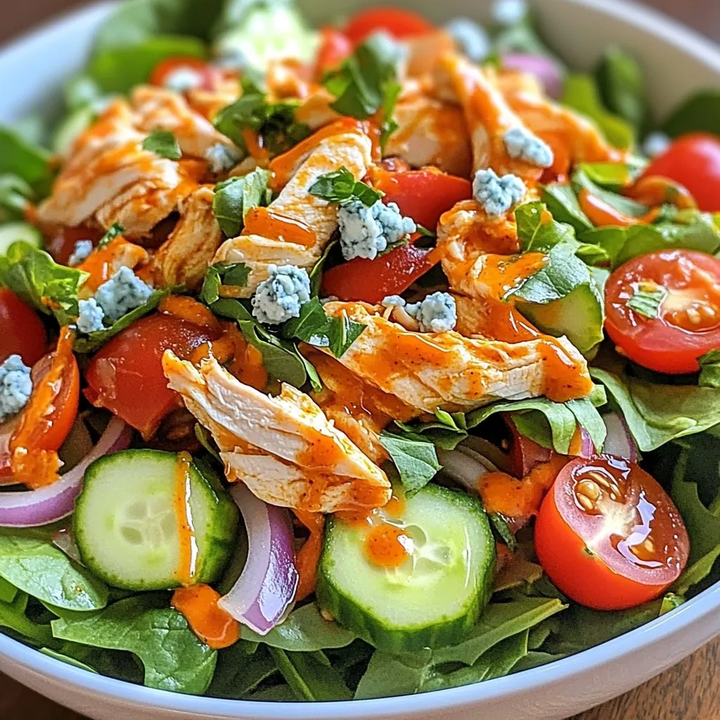 - 2 cups cooked chicken breast, shredded - 1/2 cup buffalo sauce The chicken adds protein and flavor. Use leftover chicken or rotisserie chicken for ease. Adjust the buffalo sauce to match your spice level. - 4 cups mixed salad greens (romaine, spinach, arugula) - 1/2 cup cherry tomatoes, halved - 1/2 cup cucumber, diced - 1/4 cup red onion, thinly sliced These fresh ingredients give crunch and bright color. Mix greens for a fun texture. Cherry tomatoes add sweetness, while cucumbers cool the dish. - 1/4 cup blue cheese crumbles - 1/4 cup ranch or blue cheese dressing - Salt and pepper to taste - Fresh herbs (like cilantro or parsley) for garnish Blue cheese crumbles add a rich flavor. Dressings enhance taste and moisture. Fresh herbs brighten the salad, making it look lovely too. {{ingredient_image_2}} Start by taking your cooked chicken breast. Shred it into small pieces. Place the chicken in a large mixing bowl. Pour in the buffalo sauce. Toss the chicken well until every piece gets nice and saucy. This adds a spicy kick to your salad. Adjust the sauce amount to fit your spice level. If you like it hot, add more sauce. If you prefer mild, use less. Now, grab another big bowl. Add the mixed salad greens. You can use romaine, spinach, or arugula. Then, add the halved cherry tomatoes and diced cucumber. Toss these ingredients gently. This creates a colorful salad base. Next, layer the buffalo chicken on top. Make sure it looks hearty and inviting. This chicken makes the salad filling and tasty. Time for the dressing! Drizzle ranch or blue cheese dressing over the salad. Let it soak into the greens and chicken. If you want more flavor, sprinkle blue cheese crumbles on top. This adds rich and creamy notes. Season with salt and pepper to taste. Carefully toss the salad again. You want to mix everything while keeping it colorful. Serve right away, and add fresh herbs on top for a lovely finish. Enjoy! To make this salad your own, tweak the buffalo sauce. If you like it hot, use more sauce. If you prefer mild flavors, add less. You can also mix in yogurt or sour cream to cool it down. This adds a creamy touch without losing the buffalo taste. Make this salad easier for busy days. You can prep the chicken and sauce a day ahead. Store it in the fridge in an airtight container. Chop the salad ingredients, too. Keep them in separate bags. This way, you can assemble your salad quickly when hunger strikes. A great-looking salad makes it taste even better. Serve it on a large, colorful platter for a feast for the eyes. Layer the greens first, then the chicken. Drizzle dressing over the top for a pop of color. Add fresh herbs last for a nice touch. You can also use clear bowls to show off the layers for each serving. Pro Tips Adjust the Spice Level: Feel free to modify the amount of buffalo sauce based on your spice tolerance. Start with less if you're unsure and add more to taste. Use Leftover Chicken: This salad is a great way to use up leftover rotisserie chicken or any cooked chicken you have on hand, making it a quick and convenient meal. Fresh Herbs for Flavor: Adding fresh herbs like cilantro or parsley not only enhances the presentation but also adds a burst of flavor to the salad. Serve Immediately: For the best texture and flavor, serve the salad right after tossing. This prevents the greens from wilting and keeps the ingredients crisp. {{image_4}} If you want a meat-free twist, use chickpeas instead of chicken. Start with two cups of canned chickpeas, drained and rinsed. Toss them in the same buffalo sauce for a spicy kick. This option is both filling and packed with protein. While ranch and blue cheese dressings are popular, you can mix it up. Try a yogurt-based dressing for a lighter taste. A honey mustard dressing can also add a sweet twist. Just drizzle your choice over the salad, and enjoy the burst of flavor. To enhance your salad, consider adding extra toppings. Avocado slices give a creamy texture. Toasted nuts, like walnuts or pecans, add crunch. Fresh herbs can brighten the dish. Try cilantro or parsley for a pop of color and flavor. These small changes make each bite exciting and unique. To keep your buffalo chicken salad fresh, store it in an airtight container. Make sure it cools down to room temperature before sealing. This helps keep the flavors intact. Store it in the fridge if you don’t eat it right away. It’s best to enjoy your salad within three days for optimal taste. Reheating this salad can change its texture. If you want to heat the chicken, do it gently. Place the chicken in a microwave-safe bowl and cover it. Heat for about 30 seconds to one minute. Check if it's warm enough. Avoid heating the greens, as they can wilt and lose crunch. The cooked chicken lasts about four days in the fridge. Buffalo sauce can last several months unopened. Once you open it, use it within a few weeks. Mixed salad greens stay fresh for about a week. However, always check for signs of spoilage, like browning or sliminess. Store the blue cheese crumbles in the fridge, and they'll stay fresh for about two weeks after opening. Yes, you can use canned chicken. Canned chicken saves time and effort. Just drain and shred it. Mix it with buffalo sauce like you would with cooked chicken. This option makes your meal even faster. To make this salad gluten-free, choose the right buffalo sauce and dressing. Some sauces and dressings contain gluten. Look for brands that are labeled gluten-free. This small change makes your meal safe and tasty for everyone. Buffalo chicken salad pairs well with many sides. Here are some ideas: - Fresh fruit salad - Crispy sweet potato fries - Garlic breadsticks - Veggie sticks with dip These sides add color and flavor, making your meal complete and fun. This blog post covered how to make a delicious buffalo chicken salad. We discussed the ingredients, like chicken, sauces, and salad bases. You learned step-by-step instructions for making, assembling, and serving your salad. I shared tips for spice levels, meal prep, and presentation. You also saw variations for vegetarian options and dressings. Remember to store leftovers properly. This dish is easy and tasty, perfect for any meal. Enjoy making your buffalo chicken salad and impressing everyone with your skills!