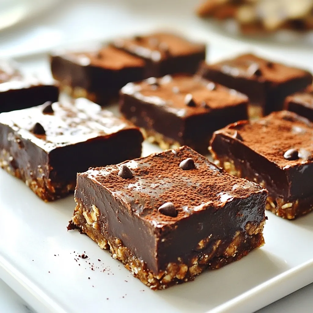 Here are the simple ingredients you need to make No-Bake Chocolate Oatmeal Bars. These items are easy to find and combine well for a tasty treat. - 2 cups rolled oats - 1 cup creamy peanut butter - 1/2 cup honey or maple syrup - 1/2 cup unsweetened cocoa powder - 1/2 cup mini chocolate chips - 1/4 teaspoon salt - 1 teaspoon vanilla extract - Optional: 1/4 cup chopped nuts (walnuts or almonds) Each ingredient has a role. The oats give a hearty base. Peanut butter adds creaminess, while honey or maple syrup brings sweetness. Cocoa powder provides rich chocolate flavor. Mini chocolate chips add fun bursts of chocolate. Salt enhances all the flavors, and vanilla adds a nice aroma. If you want a crunch, nuts are a great choice! Make sure to measure your ingredients carefully. This helps the bars hold together well. You can easily adjust the recipe to fit your taste. For example, use almond butter instead of peanut butter. Enjoy the process of mixing these delicious ingredients! {{ingredient_image_2}} First, take a large mixing bowl. Combine 2 cups of rolled oats with 1/2 cup of unsweetened cocoa powder. Use a whisk or spatula to mix them well. This step makes sure that the oats and cocoa blend evenly. Next, grab a small saucepan. Set it over low heat. Add 1 cup of creamy peanut butter and 1/2 cup of honey (or maple syrup). Stir continuously. Melt the mixture until it becomes smooth and well mixed. Remove it from the heat and add 1 teaspoon of vanilla extract and 1/4 teaspoon of salt. Mix until everything is combined. Now, pour the melted mixture over the dry ingredients in the bowl. Use a spatula to fold everything together. Make sure every piece of oat and cocoa gets coated in the chocolatey goodness. This creates a rich and tasty base. After that, fold in 1/2 cup of mini chocolate chips. If you like, add 1/4 cup of chopped nuts, such as walnuts or almonds. This adds crunch and flavor. Ensure they are well mixed into the batter. Prepare an 8x8 inch baking dish by lining it with parchment paper. Let the paper hang over the edges for easy removal later. Transfer the mixture into the dish. Press it down firmly with a spatula or your hands. Make sure it is even and compact on top. Refrigerate the bars for at least 2 hours. This step is key for them to set and become firm. Once they are chilled, lift them out using the parchment paper. Use a sharp knife to cut them into squares or rectangles. Enjoy your delicious no-bake chocolate oatmeal bars! Chilling the bars is key for the right texture. After mixing, press the mixture into your baking dish and refrigerate for at least two hours. This step helps the bars firm up. If you skip this, your bars may crumble when cut. For a beautiful display, arrange the bars on a nice platter. Dust them lightly with cocoa powder. You can also sprinkle extra chocolate chips on top. This adds charm and makes them look gourmet. Feel free to get creative with flavors. Try different nut butters like almond or cashew. You can also mix in spices like cinnamon for a warm flavor. Another idea is to use flavored extracts, like almond or coconut, to change the taste. Pro Tips Chill Time is Key: Ensure you refrigerate the bars for a full 2 hours to achieve a firm texture that holds together well when cut. Nutty Variations: Experiment with different nuts like pecans or hazelnuts for a unique flavor and crunch in your bars. Sweetness Adjustment: If you prefer a sweeter bar, feel free to increase the honey or maple syrup slightly to suit your taste. Storage Tips: Keep the bars in an airtight container in the fridge for up to a week for best freshness. {{image_4}} You can make these bars even healthier. Swap honey for mashed banana. This will cut added sugar. The banana adds natural sweetness. You still get that great chewy texture. You can also use almond butter instead of peanut butter. This option works well for a nut-free treat. Want to spice things up? Add a dash of cinnamon or nutmeg. These spices give a warm flavor. You can also try vanilla or almond extract. Each adds a different twist to the bars. For a minty surprise, add peppermint extract. These small changes can make a big difference. If you want vegan bars, use maple syrup instead of honey. This simple swap makes the bars plant-based. For gluten-free options, make sure to use certified gluten-free oats. This will keep everyone safe and happy. You can also skip the chocolate chips or use dairy-free ones. Enjoy your treats no matter your dietary needs! To keep your no-bake chocolate oatmeal bars fresh, store them in an airtight container. Place a sheet of parchment paper between the layers of bars. This helps prevent them from sticking together. The container should go in the fridge. These bars last about one week in the fridge. After that, they may lose their texture and flavor. If you want them to last longer, consider freezing them. To freeze your bars, cut them into squares first. Wrap each piece in plastic wrap. Then, place them in a freezer-safe bag. They can last up to three months in the freezer. To defrost, take them out and let them sit at room temperature for about 30 minutes. Enjoy them once they are soft again! No-Bake Chocolate Oatmeal Bars can last quite a while. If you store them in the pantry, they stay fresh for about a week. However, if you keep them in the fridge, they can last up to two weeks. The cool air in the fridge helps keep them firm and tasty. Yes, you can use other sweeteners! Maple syrup works well and gives a nice flavor. You can also use agave syrup for a vegan option. If you want to cut sugar, try stevia or erythritol. Each sweetener will change the taste slightly, so pick one you enjoy. Yes! These bars can be gluten-free if you choose the right oats. Look for oats labeled as gluten-free. Some oats may get cross-contaminated with gluten during processing. Always check the label to be sure. Enjoy these bars without worry! Definitely! If you want nut-free bars, simply swap peanut butter for sunflower seed butter. This swap keeps the bars creamy and adds a unique flavor. You can also skip nuts altogether if you prefer. The bars will still taste great and be safe for those with nut allergies! You can make delicious no-bake chocolate oatmeal bars with simple, healthy ingredients. We covered the ingredients you need, from oats to mini chocolate chips, and we walked through each step to make them. I shared tips for perfecting texture and ideas for tasty variations. Remember to store your bars right to keep them fresh. These treats are easy to customize for different diets, making them perfect for everyone. Enjoy making and sharing your creations!