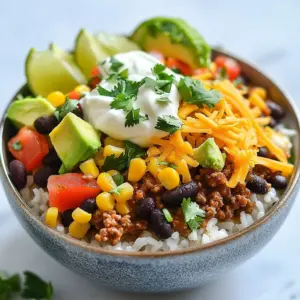 - 1 cup long-grain rice - 1 lb ground beef or plant-based alternative - 1 packet taco seasoning - 1 can (15 oz) black beans, thoroughly rinsed and drained - 1 cup corn kernels - 1 cup diced tomatoes - 1 cup shredded cheddar cheese - 1 ripe avocado, diced - 1/2 cup sour cream - 1/4 cup fresh cilantro, finely chopped - Lime wedges for garnish - 1 tablespoon olive oil - Salt and pepper to taste The taco rice bowl has many tasty parts. First, we need long-grain rice. It cooks well and stays fluffy. Next, we add ground beef. You can also use a plant-based meat if you want. The taco seasoning gives it that classic, zesty flavor. For the vegetables and toppings, I love using black beans. They add protein and fiber. Corn gives sweetness, while diced tomatoes add juiciness. Shredded cheddar cheese makes everything creamy and rich. Don&rsquo;t forget the toppings! Diced avocado adds a fresh taste. A dollop of sour cream brings in creaminess. Fresh cilantro adds a burst of color and flavor. Finally, lime wedges let you add a zesty kick. You also need olive oil to cook and bring everything together. Season with salt and pepper to enhance the taste. With these ingredients, you have a complete and filling meal. Enjoy creating your taco rice bowl! {{ingredient_image_2}} 1. In a medium saucepan, pour 2 cups of vegetable broth. 2. Bring the broth to a boil over medium-high heat. 3. Add 1 cup of long-grain rice. Stir it gently. 4. Cover the pot with a lid and reduce heat to low. 5. Let it simmer for 15-20 minutes. The rice should be tender. 6. Once done, fluff the rice with a fork and set aside. 1. In a large skillet, heat 1 tablespoon of olive oil over medium heat. 2. Add 1 pound of ground beef. Cook it until browned. 3. Break the meat apart with a wooden spoon as it cooks. 4. Drain any excess fat from the skillet once the meat is cooked. 1. Sprinkle one packet of taco seasoning over the browned meat. 2. Add a splash of water to help dissolve the seasoning. 3. Stir well and let it simmer for about 5 minutes. 4. Mix in 1 can of black beans, 1 cup of corn, and 1 cup of diced tomatoes. 5. Cook for another 3-4 minutes, letting the flavors meld together. 1. Take a generous scoop of cooked rice and place it in each serving bowl. 2. Layer the taco meat mixture over the rice. 3. Sprinkle shredded cheddar cheese on top, followed by diced avocado. 4. Add a dollop of sour cream for extra creaminess. 1. Garnish each bowl with fresh cilantro for color. 2. Serve with lime wedges on the side for a zesty finish. - Ensuring perfect rice texture: Start by using two cups of vegetable broth to cook one cup of long-grain rice. Bring the broth to a boil, then stir in the rice. Cover the pot, reduce heat, and let it simmer for 15-20 minutes. This method keeps the rice fluffy and prevents it from sticking. - How to achieve flavorful meat: Use one pound of ground beef or your favorite plant-based alternative. Brown the meat in olive oil over medium heat. Once browned, mix in a packet of taco seasoning and a splash of water. This adds depth and ensures the meat is tasty. - Creative presentation ideas: To make your taco rice bowl pop, use colorful bowls. Layer the ingredients neatly. Place the rice at the bottom, then the meat mixture. Finish with cheese and fresh toppings. Add lime wedges for a bright touch. - Pairing with beverages: Serve your taco rice bowl with a refreshing drink. A chilled lemonade or iced tea pairs well. For adults, try a light beer or a margarita for a fun twist. - Gluten-free or vegan options: For a gluten-free meal, ensure your taco seasoning is gluten-free. You can also replace ground beef with lentils or black beans for a vegan option. - Low-calorie modifications: To cut calories, use less cheese and sour cream. You can also swap the rice for cauliflower rice. This keeps the meal lighter but still filling. Pro Tips Cook Rice Perfectly: Always rinse your rice before cooking to remove excess starch. This helps achieve a fluffier texture without clumping. Customize the Spice: Feel free to adjust the amount of taco seasoning based on your spice preference. You can also add fresh jalape&ntilde;os for an extra kick! Layer for Flavor: When assembling the bowl, layer ingredients starting with rice at the bottom, followed by meat, beans, and toppings. This ensures a balanced bite every time. Freshness Matters: Use fresh ingredients like cilantro and lime for garnishing. They not only enhance flavor but also make the presentation pop! {{image_4}} You can easily swap the ground beef for other proteins. Ground turkey or chicken works well in this taco rice bowl. They offer a lighter taste but still pack a punch. If you want to keep it plant-based, try lentils or crumbled tofu. Both options give you great flavor and protein. To kick up the heat, explore spicy taco seasoning. Look for blends that include chipotle or cayenne pepper. You can also add hot sauce to the meat while cooking. If you like salsa, mix it into your bowl for extra zest. It makes the dish even more exciting and tasty! Toppings can change the whole vibe of your bowl. Instead of cheddar cheese, try queso fresco or a dairy-free cheese. Fresh veggies like jalape&ntilde;os or bell peppers add crunch and color. You might also consider pickled red onions for a tangy twist. Let your creativity shine with these tasty options! Store your taco rice bowl in proper containers. Use airtight glass or plastic containers. This keeps the food fresh and tasty. Your leftovers will last about 3 to 4 days in the fridge. Make sure to let the food cool before sealing. This helps prevent moisture build-up. You can freeze the taco rice bowl components separately. First, cool the rice and meat mixture completely. Then, place them in freezer bags. Remove as much air as you can before sealing. For beans and veggies, do the same. The bowls will stay good for about 2 to 3 months in the freezer. To thaw, move the container to the fridge overnight. This keeps the food safe and maintains quality. When ready, reheat in the microwave or on the stovetop. Stir often to ensure even heating. Add a splash of water if the mixture seems dry. Get creative with your leftovers! Use them in burritos, quesadillas, or salads. You can also make a hearty soup by adding broth and spices. Another great idea is mixing the leftovers with scrambled eggs for breakfast. Meal prep is easy with this dish. You can pack it for lunch or dinner throughout the week. Just remember to store each ingredient separately to keep things fresh. Enjoy your taco rice bowl in new and fun ways! The taco rice bowl can last about 3 to 4 days in the fridge. Store it in an airtight container to keep it fresh. Reheat the bowl gently before serving to enjoy the flavors again. Yes, you can use brown rice instead of long-grain rice. Brown rice takes longer to cook, about 40 to 45 minutes. Be sure to adjust the liquid amount since brown rice absorbs more. You can make your own taco seasoning with simple spices. Use chili powder, cumin, garlic powder, onion powder, and paprika. Mix them well for a tasty alternative. This recipe is gluten-free if you use gluten-free taco seasoning. Check the labels on canned ingredients too. Most canned beans and corn are gluten-free, but it&rsquo;s always good to check. Yes, you can easily make this dish vegetarian or vegan. Replace the ground beef with a plant-based meat alternative. Use a vegan taco seasoning and substitute sour cream with a dairy-free version. This blog post covered everything you need for a delicious taco rice bowl. We explored all the key ingredients, from rice and meat to tasty veggies and toppings. You learned step-by-step how to cook, mix, and assemble the bowl. I shared tips for perfect flavor and texture, plus fun variations to try. Remember, this dish is flexible, and you can adjust it to fit your needs. Enjoy your flavorful creations and impress your family or friends!
