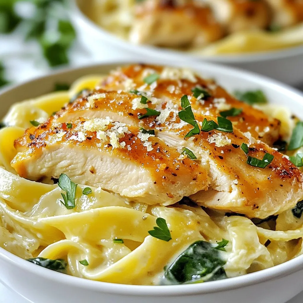 To make Creamy Garlic Chicken Pasta, gather these ingredients: - 8 ounces fettuccine or spaghetti - 2 boneless, skinless chicken breasts - Salt and freshly ground black pepper, to taste - 2 tablespoons extra-virgin olive oil - 4 cloves garlic, minced - 1 cup heavy cream - 1 cup low-sodium chicken broth - 1 cup freshly grated Parmesan cheese - 1 teaspoon Italian seasoning blend - 1/2 teaspoon red pepper flakes (optional, for a spicy kick) - 1 cup fresh spinach, roughly chopped - Fresh parsley, finely chopped (for garnish) You will need a few tools to prepare this dish: - Large pot for boiling pasta - Colander for draining pasta - Large skillet for cooking chicken and sauce - Cutting board and knife for slicing chicken - Measuring cups and spoons for accuracy Feel free to customize this recipe to suit your taste: - Swap fettuccine for penne or rotini for a fun shape. - Use chicken thighs for a juicier option. - Swap heavy cream with half-and-half or coconut cream for a lighter version. - Add veggies like bell peppers or mushrooms for extra nutrition. - For a vegan version, use tofu and plant-based cream options. {{ingredient_image_2}} First, fill a large pot with water. Add salt to the water and bring it to a boil. Once boiling, add 8 ounces of fettuccine or spaghetti. Cook according to the package instructions until the pasta is al dente. This usually takes about 8 to 10 minutes. When done, reserve 1/2 cup of the pasta water. Drain the pasta using a colander and set it aside. While the pasta cooks, take 2 boneless, skinless chicken breasts. Season both sides with salt and black pepper. In a large skillet, heat 2 tablespoons of extra-virgin olive oil over medium heat. When the oil is hot, add the chicken. Cook for 5 to 7 minutes on each side. The chicken should turn golden brown and reach an internal temperature of 165°F. Once cooked, move the chicken to a cutting board. Let it rest for a few minutes, then slice it into thin strips. In the same skillet, lower the heat slightly. Add 4 cloves of minced garlic and sauté for about 1 minute. Keep an eye on it to prevent burning. Once the garlic is fragrant, pour in 1 cup of heavy cream and 1 cup of low-sodium chicken broth. Stir to mix everything well. Increase the heat to bring the mix to a gentle simmer. Once simmering, add 1 cup of freshly grated Parmesan cheese, 1 teaspoon of Italian seasoning, and 1/2 teaspoon of red pepper flakes if you want some spice. Stir continuously for about 3 to 5 minutes, until the cheese melts and the sauce thickens. Add the cooked pasta and 1 cup of roughly chopped fresh spinach to the sauce. Toss everything together until the pasta is well coated. If the sauce is too thick, use some of the reserved pasta water to adjust the texture. Next, slice the rested chicken breasts and place them over the pasta. For a fresh touch, garnish with finely chopped parsley. Serve this dish warm and enjoy every creamy bite! To make a great sauce, start with fresh ingredients. Use heavy cream for a rich taste. Stir often as the sauce simmers. If it gets too thick, add some reserved pasta water. This helps you control the sauce's texture. Keep it creamy and smooth. Herbs bring life to your dish. Use fresh parsley for a bright finish. Italian seasoning adds depth to the sauce. For a kick, red pepper flakes work well. You can also try fresh basil or oregano. They give a nice twist to the classic flavor. Cooking chicken properly is key for safety and taste. Use a meat thermometer to check the chicken's temperature. It should reach 165°F. Cook it until golden brown on both sides. Let it rest before slicing. This keeps the juices inside, making the chicken tender and juicy. Pro Tips Perfectly Cooked Pasta: Always cook your pasta al dente for the best texture. It should have a slight bite to it and will also hold up better when mixed with the sauce. Rest the Chicken: Let the chicken rest for a few minutes after cooking. This helps retain its juices, making it more tender and flavorful when sliced. Adjusting Sauce Thickness: If your sauce gets too thick, gradually add reserved pasta water until you reach your desired consistency. This will help keep it creamy without diluting the flavor. Enhancing Flavor: For an extra boost of flavor, consider adding a splash of white wine to the sauce after sautéing the garlic. Let it reduce slightly before adding the cream and broth. {{image_4}} You can make this dish vegetarian by replacing the chicken. Use mushrooms instead for a hearty bite. Sauté sliced mushrooms in olive oil until soft. They will add a rich flavor to the sauce. You can also add some protein by using chickpeas or tofu. Both options will keep the meal filling and delicious. Adding vegetables enhances the dish's nutrition and color. You could mix in bell peppers, zucchini, or broccoli. Simply chop them and add them to the skillet with the garlic. Cook them until they are tender. Spinach is already in the recipe, but feel free to add kale or peas for extra greens. These additions make the dish even more vibrant and tasty. If you need a gluten-free option, choose gluten-free pasta. Many brands offer great alternatives that taste good. You can also use zucchini noodles or spaghetti squash for a lighter meal. Make sure to adjust the cooking time based on what you use. These swaps keep the dish enjoyable while meeting dietary needs. To keep your creamy garlic chicken pasta fresh, let it cool first. Place it in an airtight container. Store it in the fridge for up to three days. Make sure to seal it well to avoid any air getting in. This keeps the flavors intact. When you're ready to enjoy leftovers, reheat them gently. You can use the microwave or a skillet. If using a microwave, heat in short bursts. Stir often to warm evenly. If using a skillet, add a splash of chicken broth or water. This helps keep the pasta moist and creamy. Want to save some for later? You can freeze creamy garlic chicken pasta. First, let it cool completely. Then, pack it in a freezer-safe container. It can last for up to three months in the freezer. When you’re ready to eat it, thaw overnight in the fridge. Reheat as mentioned above for the best taste. Yes, you can use different pasta shapes. Penne, rigatoni, or even gluten-free pasta work great. The key is to cook it al dente, just like you do with fettuccine or spaghetti. Feel free to experiment with shapes you enjoy. Each type adds its own charm to the dish. To add heat, increase the red pepper flakes. Start with one teaspoon and adjust to your taste. You can also add sliced jalapeños or a dash of hot sauce. Just remember, spicy flavors can build up. Start small and taste as you go. If you want a lighter option, try using half-and-half or whole milk. For a dairy-free choice, coconut milk works well too. You can also blend silken tofu with a bit of water for a creamy texture. Each substitute will change the flavor a bit, but they can still make a tasty dish. This guide covered the key ingredients and steps to make a creamy pasta dish. You learned how to cook the pasta, prepare the chicken, and create a creamy sauce. I included tips to perfect the texture and enhance flavors. You also discovered variations, storage tips, and answers to common questions. Cooking can be fun and easy with the right knowledge. Now you can get creative with this recipe and enjoy delicious meals at home.