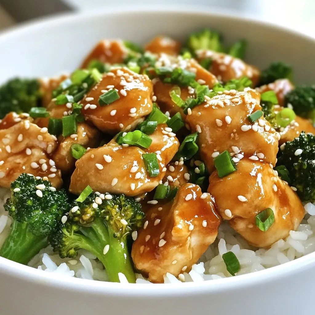 - 2 boneless, skinless chicken breasts, cut into bite-sized pieces - 2 cups broccoli florets - 4 cloves garlic, minced - 1 tablespoon fresh ginger, grated - 3 tablespoons low-sodium soy sauce - 1 tablespoon sesame oil - 1 tablespoon honey - 1 teaspoon cornstarch - Salt and pepper to taste - Cooked jasmine rice or quinoa, for serving - Sesame seeds and finely sliced green onions, for garnish Garlic chicken and broccoli bowls shine with simple yet fresh ingredients. The chicken breast offers lean protein. Broccoli adds crunch and nutrition. Garlic and ginger bring a warming flavor punch. In the marinade, soy sauce and sesame oil add depth. Honey gives a sweet touch, while cornstarch helps thicken the sauce. Salt and pepper round out the taste. For serving, I love jasmine rice or quinoa. They make a perfect base for the chicken and broccoli mix. Topping with sesame seeds and green onions offers color and texture. It transforms your meal into a delightful feast! {{ingredient_image_2}} In a bowl, mix the soy sauce, sesame oil, honey, cornstarch, minced garlic, and grated ginger. Whisk until smooth. This marinade is key. It helps the chicken soak up flavor. The garlic and ginger add a nice zing. Place the chicken pieces into the marinade. Make sure each piece is coated well. Cover the bowl and chill it in the fridge for at least 15 minutes. This step is vital. Marinating makes the chicken juicy and packed with flavor. Boil water in a medium pot. Once it's boiling, add the broccoli florets. Blanch them for about 2 minutes. You want them bright green and tender. Drain the broccoli, then cool it quickly under cold water. This keeps the color fresh and vibrant. In a large skillet, heat olive oil over medium-high heat. When it shimmers, add the marinated chicken and the marinade. Cook for 5 to 7 minutes, stirring often. You want the chicken to be golden-brown and fully cooked. This caramelization adds great flavor. Gently fold the blanched broccoli into the skillet with the chicken. Stir everything well to mix. Heat it for about 2 to 3 more minutes. This helps the flavors meld together nicely. Before serving, taste the dish. Adjust the seasoning with salt and pepper as needed. For a beautiful presentation, serve the chicken and broccoli over jasmine rice or quinoa. Sprinkle sesame seeds and green onions on top for a nice touch. To cook chicken just right, aim for an internal temperature of 165°F. This ensures it's safe to eat and juicy. Use a meat thermometer for accuracy. Avoid overcooking by keeping an eye on the clock. Cook the chicken for about 5 to 7 minutes. The chicken should turn golden brown. If it looks dry or tough, it's overcooked. You can cook broccoli in different ways. Steaming helps it stay bright and crisp. To steam, place it in a pot with a little water and cover it. Cook for about 4 minutes. Roasting adds a nice flavor. Toss broccoli with a bit of oil, salt, and pepper, then roast at 425°F for 15 minutes. To boost the flavor, sprinkle garlic powder or red pepper flakes on top. These spices add a tasty kick. Garlic chicken and broccoli bowls pair well with jasmine rice or quinoa. Both grains soak up the sauce nicely. For a side dish, try a simple salad or steamed carrots. If you have leftovers, store them in airtight containers. This dish keeps well in the fridge for 3 days. You can also meal prep for the week. Just divide the bowls into single servings for easy lunches. Pro Tips Marination Time: For the best flavor, marinate the chicken for at least 30 minutes, or even overnight if time permits, to allow the flavors to fully penetrate the meat. Perfectly Cooked Broccoli: To keep broccoli bright and crunchy, make sure to plunge it into ice water immediately after blanching. This stops the cooking process and maintains its vibrant color. Adjusting Sweetness: If you prefer a sweeter dish, feel free to increase the amount of honey slightly. Just remember to balance it with a bit more soy sauce if necessary. Serving Suggestions: For added texture, consider topping your bowl with crushed peanuts or cashews, and for an extra layer of flavor, a drizzle of sriracha can spice things up! {{image_4}} You can switch out the chicken for tofu or shrimp. Tofu gives a nice plant-based option. It soaks up the marinade well. Shrimp cooks quickly and adds a fresh taste. Both options work great. They fit many dietary needs. When using tofu, press it first to remove water. Cut it into cubes before marinating. For shrimp, peel and devein them well. Add them to the marinade for about 15 minutes. Cook until they are pink and firm. Want to spice things up? Try adding more garlic or fresh herbs. You can also toss in some red pepper flakes for heat. Want a sweeter touch? Increase the honey in the marinade. Add some lime juice for a zesty kick. You can use different sauces too. Teriyaki sauce adds a sweet and savory flavor. Sriracha gives a nice heat. Just adjust the amount based on your taste. Jasmine rice is great, but you can use quinoa too. Quinoa is high in protein and gluten-free. It cooks in about 15 minutes. For a low-carb option, try cauliflower rice. It is easy to make. Just pulse cauliflower in a food processor until fine. Sauté it for a few minutes until tender. These grain options give you variety. You can mix and match based on what you like. Each choice helps to balance the dish while keeping it healthy. You can store garlic chicken and broccoli bowls in the fridge for about 3 to 4 days. Use an airtight container to keep the dish fresh. Make sure to let the meal cool down before sealing it. This helps prevent moisture buildup and keeps your dish tasty. To freeze chicken and broccoli bowls, place them in a freezer-safe container. You can freeze it for up to 3 months. For best results, cool the dish completely before freezing. When you want to eat it again, microwave it for 2-3 minutes or bake it at 350°F (175°C) for about 20 minutes. This helps keep the chicken juicy and the broccoli bright. Portion out the chicken and broccoli bowls for easy lunches. You can store them in individual containers. This way, you grab a healthy meal quickly. If you have leftovers, get creative! Use the chicken and broccoli in a stir-fry or mix them into a salad. You can also add them to a wrap for a different twist. You can swap some ingredients to boost health. Use less honey or try maple syrup for sweetness. Choose low-sodium soy sauce to cut down on salt. Instead of olive oil, use avocado oil for a different flavor. Add more veggies like bell peppers or carrots for extra nutrients. You can also serve the dish over brown rice for added fiber. Yes, you can prepare this dish ahead of time. Cook the chicken and broccoli, then cool them down. Store them in airtight containers in the fridge for up to three days. When you’re ready to eat, just reheat in a skillet or microwave. You can also prepare the marinade a day early to save time. Blanching is a great method. It keeps broccoli bright and tender. Boil it for about two minutes, then cool it quickly in cold water. This helps it stay green and crisp. You can also sauté broccoli in the skillet for a different texture. Steaming is another option, giving it a soft and flavorful finish. Yes, but you need to make some swaps. Use tamari instead of soy sauce for a gluten-free option. Check your honey brand to ensure it’s gluten-free. You can also use coconut aminos as another soy sauce alternative. This way, you can still enjoy the dish without gluten. Serve these bowls over cooked jasmine rice or quinoa. For a balanced meal, add a side salad or steamed veggies. You might also enjoy it with a light soup, like miso or vegetable broth. A sprinkle of sesame seeds and green onions adds a nice touch on top. This blog post shared how to make tasty garlic chicken and broccoli bowls. We explored key ingredients, from chicken and broccoli to a flavorful marinade. I provided step-by-step instructions to marinate, cook, and combine your dish. Plus, you got valuable tips for perfecting flavors and storage. These bowls are not just filling—they're also fun to customize. Enjoy your cooking journey and share your unique twists!