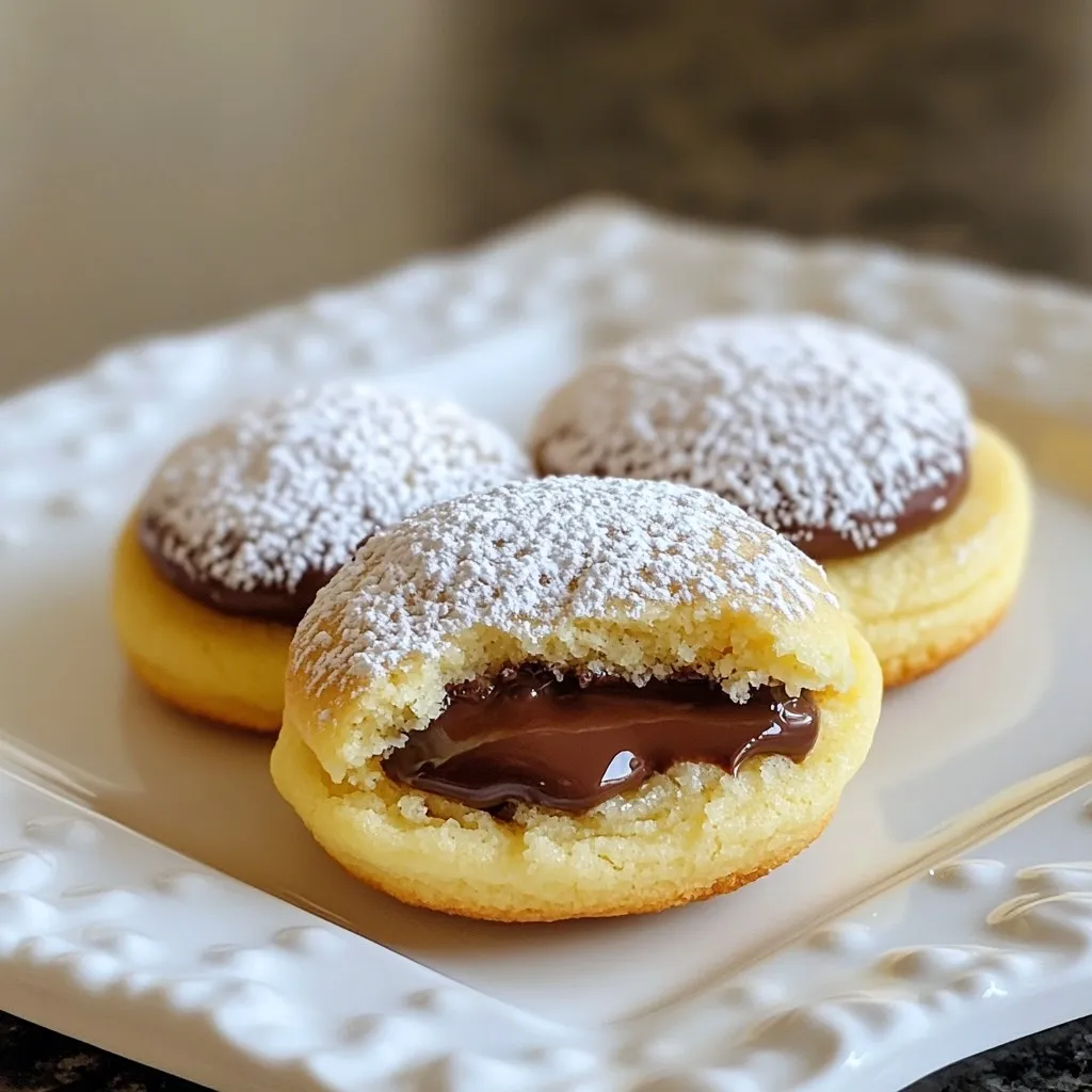 To make Nutella Lava Cookies, you will need the following ingredients: - 1 cup all-purpose flour - 1/2 teaspoon baking powder - 1/4 teaspoon baking soda - 1/4 teaspoon sea salt - 1/2 cup unsalted butter, melted - 1/2 cup brown sugar, tightly packed - 1/4 cup granulated sugar - 1 teaspoon vanilla extract - 1 large egg - 1/2 cup Nutella (plus extra for filling) - 1/2 cup chocolate chips (optional) Choose fresh ingredients for the best taste. Make sure your butter is unsalted and melted but not hot. This keeps the cookie dough smooth. Use packed brown sugar to add moisture and chewiness. If you like, add chocolate chips for extra flavor. Chill the dough for about 10 minutes. This step helps the cookies hold their shape and stay thick. If you need a gluten-free option, you can swap the all-purpose flour with a gluten-free blend. For a dairy-free choice, use vegan butter instead of unsalted butter. If you cannot find Nutella, try any chocolate hazelnut spread. Adjust the filling amount if using a different brand. Always remember to check labels for allergens! {{ingredient_image_2}} Start by preheating your oven to 350°F (175°C). This step is key for even baking. While the oven heats, grab a baking sheet and line it with parchment paper. This prevents your cookies from sticking and makes clean-up easy. In a medium bowl, combine these dry ingredients: - 1 cup all-purpose flour - 1/2 teaspoon baking powder - 1/4 teaspoon baking soda - 1/4 teaspoon sea salt Whisk these together until they mix well. This helps the cookies rise and gives them a nice texture. In a large bowl, mix these wet ingredients: - 1/2 cup unsalted butter, melted - 1/2 cup brown sugar, tightly packed - 1/4 cup granulated sugar - 1 teaspoon vanilla extract - 1 large egg Stir until the mixture is smooth and creamy. Slowly add the dry ingredients to the wet mix. Stir gently until just combined. If you want more chocolate flavor, fold in 1/2 cup of chocolate chips. Next, let the dough rest in the fridge for 10 minutes. This helps the dough hold its shape while baking. After resting, take a tablespoon of dough in your hand. Flatten it slightly. Place about 1 teaspoon of Nutella in the center. Carefully fold the dough over the Nutella, sealing it well. Place the cookie balls on the baking sheet, leaving about 2 inches between each one. Bake them in the preheated oven for 10-12 minutes. Look for light golden edges and soft centers for that perfect lava effect. Once baked, let the cookies cool on the sheet for about 5 minutes. This helps them firm up before moving them to a wire rack. Enjoy your chewy, rich Nutella Lava Cookies! To get that gooey center, bake the cookies just right. Keep an eye on the timer. You want the edges to be golden but the middle to stay soft. The perfect bake time is about 10-12 minutes. If they look too firm, they may not have the lava effect you want. Trust me, watch for a slight puff and cracks on top. Store these cookies in an airtight container. They stay fresh for up to five days at room temperature. If you want to enjoy them warm, pop them in the microwave for about 10-15 seconds. This helps revive that gooey center. Avoid using the oven, as it can overbake them. If your cookies spread too much, try chilling the dough longer. A cold dough helps it keep shape. If they turn out too hard, you may have baked them too long. Adjust the time next time. For cookies that are too doughy, they may need a few more minutes in the oven. Always check for that perfect golden edge. Pro Tips Chill the Dough: Allowing the cookie dough to chill for at least 10 minutes helps to solidify the butter, which prevents the cookies from spreading too much while baking. Seal the Nutella: When folding the dough over the Nutella, ensure it is completely sealed to avoid any leaks, which could lead to a messy baking sheet. Perfect Baking Time: Keep a close eye on the cookies as they bake; the key to that gooey center is to remove them from the oven when the edges are golden, but the center still looks slightly underbaked. Serving Suggestions: For an extra touch, serve the cookies warm with a scoop of vanilla ice cream or a drizzle of caramel sauce for a decadent dessert experience. {{image_4}} If you want to make Nutella lava cookies without nuts, use a chocolate spread that is nut-free. Brands like SunButter offer tasty options made from sunflower seeds. You can also use caramel or butterscotch as a filling. These will give you a sweet, gooey center without nuts. You can switch things up by adding different fillings. If you love peanut butter, use it instead of Nutella. Just add a teaspoon of smooth peanut butter into the dough. You can even swirl in both Nutella and peanut butter for a fun mix. This adds a creamy texture and a rich flavor that everyone will enjoy. For a vegan version, replace the egg with a flax egg. Mix one tablespoon of ground flaxseed with three tablespoons of water. Let it sit until it thickens. For gluten-free cookies, swap all-purpose flour with a gluten-free flour blend. Ensure the baking powder is gluten-free as well. These changes keep the cookies delicious while catering to different diets. To keep Nutella lava cookies fresh, store them in an airtight container. This helps prevent them from drying out. Always let the cookies cool completely before sealing them. If you stack them, use parchment paper between layers to avoid sticking. You can freeze both the dough and baked cookies. For the dough, scoop balls and place them on a baking sheet. Freeze until firm, then transfer to a freezer bag. This way, you can bake fresh cookies whenever you want. For baked cookies, let them cool and wrap them tightly in plastic wrap. Store in a freezer bag for up to three months. Nutella lava cookies stay fresh for up to one week at room temperature. Keep them in a cool, dry place. If you store them in the fridge, they may last up to two weeks, but they might lose some of their gooey texture. Enjoy them warm for the best taste! Nutella Lava Cookies have a special gooey center filled with Nutella. This gives them a rich, warm texture that regular cookies lack. Most cookies are firm throughout, while these are soft inside. The melted Nutella creates a lava-like effect, making each bite a sweet surprise. This unique filling makes these cookies a fun treat for any occasion. Yes, you can use homemade Nutella! Just make sure it has a smooth texture. Homemade versions can taste even better than store-bought. This adds a personal touch to your cookies. Just remember to measure the same amount, around 1/2 cup, for the filling. The flavor will shine through in every bite. Look for the edges to turn a light golden brown. The centers should still be soft and slightly puffed. This means they are perfect for that gooey lava effect. If you want, you can gently press the center with your finger. If it feels soft and springs back, they are done. Let them cool for a few minutes before moving. This helps them set and keeps the filling intact. In this article, we explored the essential ingredients for Nutella Lava Cookies and shared tips for the best results. You learned step-by-step instructions on baking, including how to achieve that perfect lava effect. We also discussed variations, storage methods, and answered key FAQs. With these insights, you can bake delicious cookies that will impress everyone. Trust in your skills, follow the tips, and enjoy every bite!