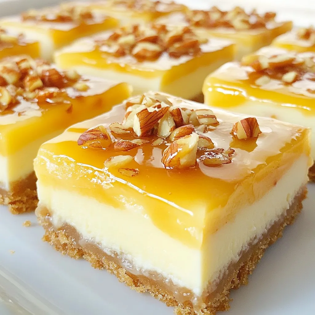 To make these Caramel Apple Cheesecake Bars, you need the following ingredients: - 1 cup graham cracker crumbs - 1/2 cup unsalted butter, melted - 2 tablespoons brown sugar - 1 cup cream cheese, softened - 1/2 cup granulated sugar - 1 teaspoon pure vanilla extract - 2 large eggs - 1 medium apple (Granny Smith or Honeycrisp) - 1 teaspoon ground cinnamon - 1/2 cup caramel sauce - Optional: Chopped nuts for garnish Each ingredient plays a key role in the flavor and texture of the bars. The graham cracker crumbs create a crunchy base. Butter adds richness, while brown sugar gives a hint of caramel flavor. Cream cheese forms a creamy filling. Granulated sugar balances sweetness, and vanilla adds depth. Eggs bind everything, creating a smooth texture. Choosing the right apple matters too. Granny Smith adds tartness, while Honeycrisp brings sweetness. The ground cinnamon adds warmth, enhancing the apple flavor. Finally, caramel sauce drizzled on top makes these bars irresistible. You can also add chopped nuts for crunch if you like. Gather these ingredients, and you’re ready to start making one of the best desserts ever! {{ingredient_image_2}} 1. Preheat your oven to 325°F (163°C). 2. Get an 8x8 inch baking pan ready by lining it with parchment paper. Make sure some paper hangs over the sides. This helps with easy removal later. 3. In a medium bowl, mix 1 cup of graham cracker crumbs, 1/2 cup of melted unsalted butter, and 2 tablespoons of brown sugar. Stir until it looks like wet sand. 4. Press this mixture firmly into the bottom of your baking pan. Bake it for about 10 minutes. Once done, take it out and let it cool a bit. 1. In a large bowl, beat together 1 cup of softened cream cheese, 1/2 cup of granulated sugar, and 1 teaspoon of pure vanilla extract. Keep mixing until it's smooth. 2. Next, add 2 large eggs, one at a time. Mix well after each egg to ensure it's blended nicely. 3. Gently fold in 1 diced apple and 1 teaspoon of ground cinnamon. Make sure the apple and cinnamon are spread evenly in the batter. 1. Pour the cheesecake mixture over the cooled graham cracker crust. Spread it evenly with a spatula. 2. Drizzle 1/2 cup of caramel sauce over the top. Use a knife to swirl the caramel into the batter. 3. Bake the cheesecake for 30-35 minutes. It should be set but still jiggly in the center. 4. Let it cool down to room temperature, then place it in the fridge to chill for at least 4 hours. 5. When ready, lift the cheesecake out of the pan using the parchment paper. Cut it into 16 squares. 6. Before serving, drizzle more caramel on top of each bar. You can add chopped nuts for a nice crunch if you like. - Ensure cream cheese is at room temperature. This helps create a smooth and creamy batter. Cold cream cheese can cause lumps. - Don't overmix the eggs. Mix just until combined. Overmixing can lead to a dense texture. - Use high-quality caramel sauce for flavor. This makes a big difference. A great sauce adds richness and depth. - Drizzle extra caramel before serving. This adds a sweet touch. It also makes the bars look more appealing. - Garnish with chopped nuts and apple slices. This adds color and texture. Nuts give a nice crunch, while apple slices offer freshness. - Underbaking the cheesecake. It should have a slight jiggle but not be liquid. This ensures a perfect creamy texture. - Skipping the chilling time. Chilling helps set the bars. Cutting them too soon can lead to a messy presentation. Pro Tips Choose the Right Apple: For the best flavor and texture, use Granny Smith or Honeycrisp apples. Their tartness balances the sweetness of the caramel and cheesecake beautifully. Room Temperature Ingredients: Ensure your cream cheese and eggs are at room temperature for a smoother batter. This helps prevent lumps and ensures even mixing. Don’t Overbake: Keep an eye on the cheesecake; it should have a slight jiggle in the center when you take it out of the oven. Overbaking can lead to a dry texture. Chill Thoroughly: Allow the cheesecake bars to chill for at least 4 hours before slicing. This helps them set properly and makes them easier to cut into neat squares. {{image_4}} You can swap apples for other fruits like pears or peaches. This change gives a fresh twist. If you love chocolate, mix in some chocolate chips or toffee bits. They add a sweet crunch and deepen the flavor. Need a gluten-free option? Use gluten-free graham crackers for the crust. For a vegan version, pick dairy-free cream cheese and flax eggs instead of regular eggs. These swaps keep the bars just as tasty. These cheesecake bars taste amazing with a scoop of vanilla ice cream on top. The cold ice cream balances the sweet and creamy flavors. You can also serve them with whipped cream on the side. This adds a light touch and makes each bite even better. To keep your caramel apple cheesecake bars fresh, store them in the fridge. Place the bars in an airtight container. If you don't have one, wrap the bars tightly in plastic wrap. This will help seal in moisture and flavor. You can also freeze these bars for later enjoyment. First, let the bars cool completely. Then, cut them into squares and place them in a single layer on a baking sheet. Freeze for about an hour until firm. After that, transfer the squares to a freezer-safe bag. Seal it tightly, making sure to remove as much air as possible. These bars will stay fresh for about three months in the freezer. To thaw, move them to the fridge overnight. In the fridge, these cheesecake bars last about five days. Keep an eye out for signs of spoilage. If you see any mold or the bars smell off, it's best to toss them. Enjoy your delicious dessert while it’s fresh! To make these bars gluten-free, use gluten-free graham crackers. You can find these in most stores. Just crush them like regular graham crackers. Mix them with melted butter and brown sugar. Follow the same steps in the recipe. Yes, you can use different apples. While I love Granny Smith or Honeycrisp, feel free to try Fuji or Gala apples. Just pick apples that are firm and slightly sweet. This will keep the flavor bright and fresh. The bars need to chill for at least 4 hours. This helps the cheesecake set properly. If you can, chill them overnight for the best texture. The longer they chill, the firmer they will be. To cut cheesecake bars, use a sharp knife. Dip the knife in warm water, then dry it. This helps the knife glide through the bars. Cut straight down, then wipe the knife clean before each cut. This keeps the edges neat. Absolutely! You can make these bars a day or two ahead. Just store them in the fridge. Cover them well so they don’t absorb other smells. This way, you’ll have a tasty dessert ready to serve! In this post, we explored the key ingredients and steps to make delicious cheesecake bars. You learned about the best practices, tips for great presentation, and common mistakes to avoid. Remember, using ripe apples and a quality caramel sauce can elevate your dessert. You can even try different fruits or adjust for dietary needs. With this guide, you can create a tasty treat that impresses everyone. Enjoy your baking adventure and savor every bite of these delightful bars!