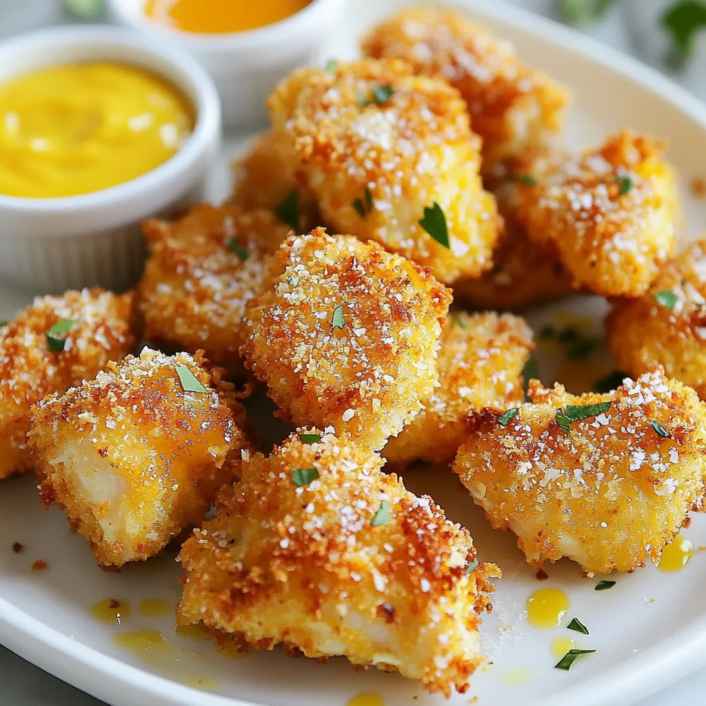 To make crispy baked chicken bites, gather these key ingredients: - 1 pound boneless, skinless chicken breasts, cut into bite-sized pieces - 1 cup panko breadcrumbs - 1/2 cup freshly grated Parmesan cheese - 1 teaspoon garlic powder - 1 teaspoon smoked paprika - 1 teaspoon dried oregano - 1/2 teaspoon sea salt - 1/4 teaspoon freshly ground black pepper - 1/2 cup buttermilk (or regular milk) - 1 tablespoon extra-virgin olive oil These ingredients work together to create a tasty, crunchy texture. You can enhance your chicken bites with these optional ingredients: - Fresh herbs like parsley or cilantro for garnish - Spicy aioli or honey mustard for dipping Adding these can elevate your dish and make it more fun. Ensure you have these tools on hand for easy cooking: - Baking sheet - Parchment paper - Medium mixing bowl - Measuring cups and spoons - Tongs for flipping the chicken These tools will help you prepare and cook your chicken bites efficiently. {{ingredient_image_2}} Start by cutting 1 pound of boneless, skinless chicken breasts into bite-sized pieces. This helps ensure even cooking. Rinse them under cold water to remove any residue. Dry the chicken with paper towels. This step is key for getting a crispy finish. In a bowl, mix 1 cup of panko breadcrumbs, 1/2 cup of grated Parmesan cheese, 1 teaspoon of garlic powder, 1 teaspoon of smoked paprika, 1 teaspoon of dried oregano, 1/2 teaspoon of sea salt, and 1/4 teaspoon of black pepper. Stir until everything combines well. Next, dip each chicken piece in 1/2 cup of buttermilk. Let any extra liquid drip off. Then, roll the chicken in the breadcrumb mix. Press gently to help it stick. Arrange the chicken bites on a baking sheet lined with parchment paper. Make sure they have space between them for even cooking. Drizzle 1 tablespoon of extra-virgin olive oil over the chicken bites. This will help them turn golden and crispy. Bake in a preheated oven at 425°F (220°C) for 15-20 minutes. The chicken is done when it turns golden brown and hits an internal temperature of 165°F (75°C). For an extra crunch, switch your oven to broil for the last 2-3 minutes. Keep a close eye to prevent burning. Once they are baked, take the chicken bites out and let them cool slightly. Enjoy them with your favorite dipping sauce! To make your chicken bites extra crispy, use panko breadcrumbs. They are larger and provide amazing crunch. You can also add a bit more olive oil. This helps the coating brown nicely. For a fun twist, try using crushed cornflakes instead of breadcrumbs. They add a great crunch too! Dipping sauces can make your bites even better. Some great choices are spicy aioli, honey mustard, or ranch dressing. You can even mix ketchup with hot sauce for a simple kick. Fresh herbs like parsley or cilantro can add color and a burst of flavor. Bake your chicken bites at 425°F (220°C) for the best results. Keep an eye on the time; 15 to 20 minutes is perfect. If you want them crispier, switch your oven to broil for 2 to 3 minutes at the end. Just watch closely to avoid burning. Pro Tips Quality Chicken: Choose fresh, high-quality chicken breasts for the best flavor and texture in your bites. Panko Perfection: For an even crunchier coating, consider mixing in some crushed cornflakes or adding a pinch of cayenne pepper to the breadcrumb mixture. Space Them Out: Ensure the chicken bites are spaced apart on the baking sheet. This allows hot air to circulate and promotes even cooking. Resting Time: Let the chicken bites rest for a few minutes after baking. This helps retain moisture and enhances the overall flavor. {{image_4}} You can change the taste of your crispy baked chicken bites easily. For a spicy kick, add cayenne pepper or chili powder to the breadcrumb mix. If you want a fresh herb flavor, mix in chopped basil or thyme. You can even try a sweet and tangy twist by adding some honey to the buttermilk. Each option offers a unique taste that makes your chicken bites exciting. If you need gluten-free options, substitute regular breadcrumbs with gluten-free panko. This keeps the crunch while making it safe for those with gluten sensitivities. You can also use crushed cornflakes for a different texture. For a nutty flavor, think about using ground almonds or coconut flakes. These changes let everyone enjoy the dish. Pair your chicken bites with tasty dipping sauces. Spicy aioli adds a bold touch, while honey mustard offers sweetness. You can also use ranch or barbecue sauce for extra flavor. For a fresh look, sprinkle chopped parsley or cilantro on top. This adds color and freshness to your dish, making it more appealing on the plate. After enjoying your crispy baked chicken bites, store any leftovers in an airtight container. This keeps them fresh. You can place them in the fridge for up to three days. If you let them cool first, they will stay crispier. Avoid stacking them to prevent sogginess. To reheat, preheat your oven to 350°F (175°C). Place the chicken bites on a baking sheet. Heat for about 10-15 minutes. This brings back their crispy texture. You can also use an air fryer. Set it to 350°F (175°C) for about 5-7 minutes. This method works great for reheating. You can freeze chicken bites for later. Allow them to cool completely first. Arrange them on a baking sheet in a single layer. Freeze for about an hour, then transfer them to a freezer bag. They can stay in the freezer for up to three months. When you're ready to eat, bake them from frozen. Add a few extra minutes to the cooking time. To make your chicken bites crispier, use panko breadcrumbs. They give a great crunch. You can also try these tips: - Double-coat the chicken: Dip in buttermilk, coat with breadcrumbs, then repeat. This adds more crunch. - Use a wire rack: Place the coated chicken on a wire rack over the baking sheet. It helps air circulate and makes them crispier. - Broil at the end: Switch to broil for the last few minutes of baking. Keep an eye on them to prevent burning. Yes, you can use frozen chicken! Just make sure to thaw it completely. If you use frozen chicken, follow these steps: - Thaw in the fridge: Plan ahead and let it sit overnight. - Pat dry: Once thawed, dry the chicken well with paper towels. This helps the coating stick better. - Cook slightly longer: Frozen chicken may need a few extra minutes in the oven. Chicken bites pair well with many sides. Here are some tasty options: - Veggie sticks: Carrots, celery, and bell peppers with a dip. - Salads: A light salad with greens, tomatoes, and your favorite dressing. - Fries or sweet potato fries: They add a nice crunch and complement the bites. - Mac and cheese: A creamy side that kids love. - Dipping sauces: Try honey mustard, ranch, or spicy aioli for extra flavor. This blog post covered everything you need to make chicken bites. We discussed required and optional ingredients, along with the essential tools. You learned each step to prep, coat, bake, and finish your chicken bites. I shared tips for extra crispiness and tasty dip options. You also saw flavor variations and storage advice. With these insights, you can create your own perfect chicken bites at home. Enjoy your cooking journey and experiment with flavors!