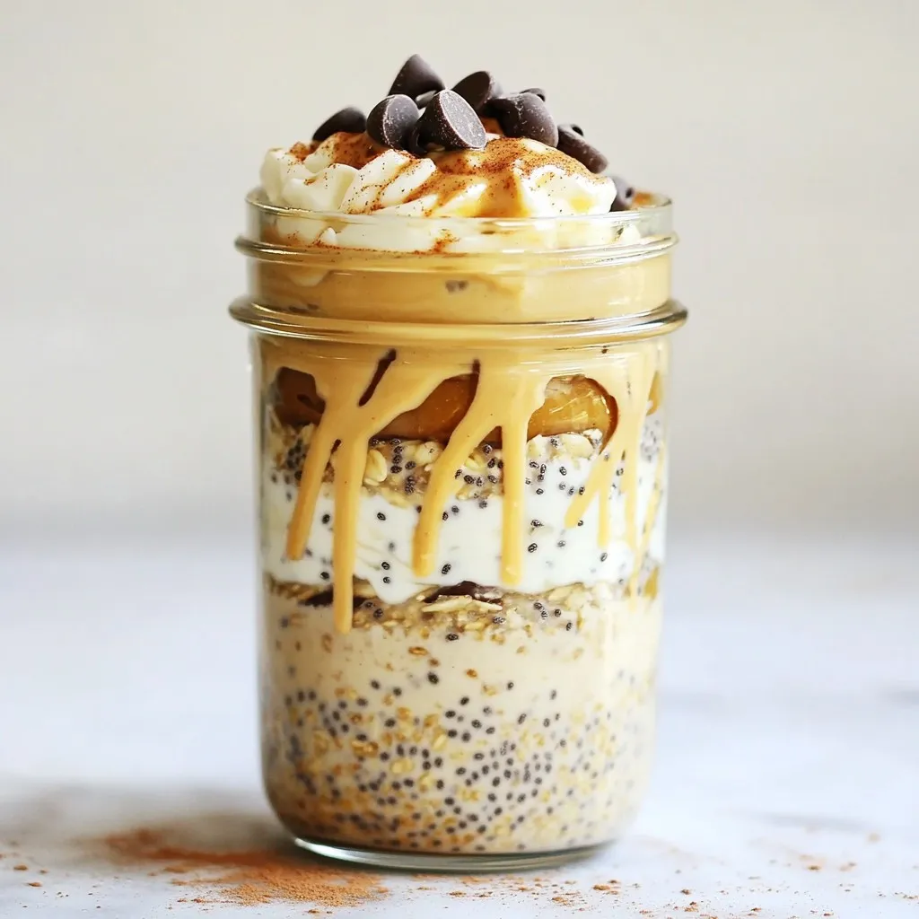 To make cookie dough overnight oats, you need: - 1 cup rolled oats - 1 cup almond milk (or your preferred milk) - 2 tablespoons almond butter (or creamy peanut butter) - 1 tablespoon pure maple syrup (or clover honey) - 1 teaspoon pure vanilla extract - 1/2 teaspoon ground cinnamon - 1/4 cup mini chocolate chips - 2 tablespoons chia seeds - A pinch of salt Each serving of cookie dough overnight oats has roughly: - Calories: 320 - Protein: 10g - Fat: 15g - Carbohydrates: 40g - Fiber: 9g - Sugar: 7g This dish packs a punch of energy and nutrition. You can easily swap some ingredients for your taste: - Use coconut milk instead of almond milk for a creamier taste. - Replace almond butter with sunflower seed butter for nut-free options. - Use agave syrup or honey in place of maple syrup. - For a fun twist, try adding crushed nuts or dried fruit. These substitutions keep the flavor while making it your own! {{ingredient_image_2}} To make cookie dough overnight oats, start with a large bowl. Add 1 cup of rolled oats, 2 tablespoons of chia seeds, and a pinch of salt. Mix these dry ingredients well. In another bowl, whisk together 1 cup of almond milk, 2 tablespoons of almond butter, 1 tablespoon of maple syrup, 1 teaspoon of vanilla extract, and 1/2 teaspoon of ground cinnamon. This will be your wet mix. Once smooth, pour it over the dry mix. Stir until everything is well combined. Gently fold in 1/4 cup of mini chocolate chips. Mixing is key for great texture. Ensure all oats and chia seeds are coated in the wet mix. If you find lumps, keep stirring until smooth. When adding chocolate chips, fold them in gently. This way, they stay whole and don’t break apart. Make sure to mix in a large bowl for easy handling. Transfer your oat mixture to a mason jar or an airtight container. Press down lightly to remove air pockets. Seal it tightly and place it in the fridge. Let it chill overnight, or for at least 4 hours. This helps the oats soften and the chia seeds activate. When ready to enjoy, stir your oats well. If they seem thick, add a splash of almond milk to reach your desired texture. To get the best texture, use rolled oats. They soak well and keep their shape. Chia seeds help make the oats creamy. Make sure to mix well so all oats get wet. If you want a creamier look, add a splash of almond milk before serving. This helps blend everything together nicely. Serving is key to making your oats look good. Use clear jars or bowls to show off those layers. Top your oats with a few mini chocolate chips. A light sprinkle of cinnamon adds a nice touch too. You can also add fresh fruit, like bananas or berries, for color and flavor. One mistake is not mixing the ingredients enough. If the oats are not well mixed, some may be dry. Another mistake is skipping the chill time. Letting the oats sit overnight is important. It softens the oats and makes them tasty. Lastly, don’t forget the salt! Just a pinch enhances all the flavors. Pro Tips Use Rolled Oats: Opt for rolled oats instead of instant oats for better texture and to avoid mushiness. Sweetness Adjustment: Feel free to adjust the sweetness by adding more or less maple syrup to suit your taste. Chia Seed Activation: Let the oats soak for at least 4 hours, but overnight is best for maximum chia seed activation. Flavor Variations: Experiment with different nut butters or add-ins like nuts or dried fruits for unique flavors. {{image_4}} You can change the flavor of your cookie dough overnight oats easily. Try adding different nut butters, like cashew or sunflower seed butter. Swap the mini chocolate chips for white chocolate or dark chocolate for a twist. You can even add dried fruits, like raisins or cranberries, for a chewy texture. If you want a nutty taste, try adding a sprinkle of chopped nuts. This recipe is easy to make vegan and gluten-free. Use almond milk or any plant-based milk for the recipe. Choose gluten-free oats to stay clear of gluten. Almond butter is often already vegan, so you’re good there. Always check labels to make sure any chocolate chips you use are dairy-free and gluten-free. Use seasonal fruits to keep your oats fresh and fun. In spring, add fresh strawberries or blueberries. Summer is great for peaches or cherries. In fall, try adding pumpkin puree and a bit of nutmeg for a seasonal vibe. In winter, consider adding dried fruits or spices like ginger for warmth. These ideas can bring new life to your breakfast. Your cookie dough overnight oats will stay fresh for up to five days in the fridge. This makes them perfect for meal prep. If you store them right, they will taste great all week. Use a mason jar or airtight container. These keep the oats fresh and prevent any spills. I prefer glass jars because they help me see the yummy layers inside. Make sure the lid fits tightly to keep out air. You can enjoy cookie dough oats cold right from the fridge. If you like them warm, heat them in the microwave for about 30 seconds. Stir well before eating. If the oats seem dry, add a splash of almond milk. Yes, you can use instant oats. They will soak faster than rolled oats. This means your oats may get mushy. If you prefer a firmer texture, stick with rolled oats. They provide a nice chewy bite. To make your oats creamier, add more almond milk. You can also mix in yogurt for extra creaminess. Another tip is to let the oats sit longer. The chia seeds will absorb more liquid, making the mix richer. Many toppings work great! Try fresh fruit like bananas or berries. Nuts add crunch, while nut butters give a boost of flavor. A drizzle of honey or chocolate sauce can make it extra special. You can even add a sprinkle of coconut for a tropical twist. You can prepare these oats for up to three days. Just store them in an airtight container in the fridge. If you notice they are too thick, add a splash of almond milk when you are ready to eat. This keeps them fresh and tasty! In this article, we explored cookie dough overnight oats. We covered ingredients, nutritional facts, and substitutes. You learned how to prepare, mix, and store them correctly. I gave tips for the best texture and common mistakes to avoid. We also discussed flavor options and storage advice. Remember, making these oats can be fun and easy. Try mixing things up to find your favorite way to enjoy them!