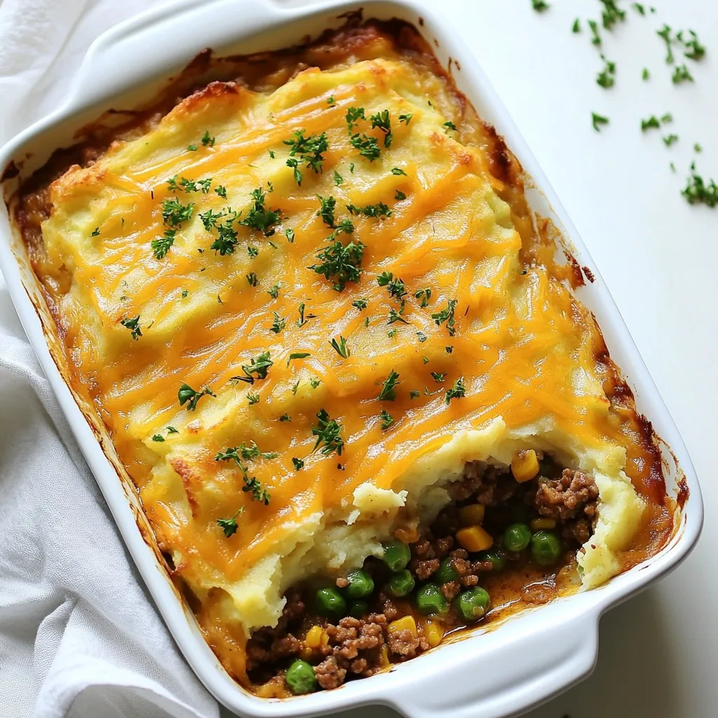 - 1 lb ground beef or lamb - 1 cup diced onions - 2 cups mixed frozen vegetables (carrots, peas, corn) - 1 cup beef broth - 1 tablespoon Worcestershire sauce - 1 teaspoon dried thyme - 1 teaspoon salt - ½ teaspoon black pepper - 4 cups creamy mashed potatoes (homemade or store-bought) - 1 cup shredded sharp cheddar cheese - Fresh parsley, chopped (for garnish) In this recipe, we use simple but tasty ingredients to create a warm dish. Ground beef or lamb is the star. It gives the casserole a rich flavor. I like using diced onions for sweetness and mixed frozen vegetables for ease. They add color and nutrients. For the seasonings, beef broth adds depth. Worcestershire sauce gives a savory punch. Dried thyme, salt, and black pepper enhance the taste. These ingredients come together to create a wonderful base for our casserole. The topping is key. Creamy mashed potatoes make it comforting. You can use homemade or store-bought. Topping it off with shredded sharp cheddar cheese adds that melty goodness we all love. Finally, a sprinkle of fresh parsley brightens it up and makes it look great. This combination makes the weeknight shepherd’s pie casserole a real crowd-pleaser! {{ingredient_image_2}} Preheat your oven to 400°F (200°C). This heat helps the casserole cook evenly. In a large skillet, add 1 pound of ground beef or lamb. Cook over medium heat until it turns brown. Use a wooden spoon to break the meat into small pieces. After cooking, drain any fat left in the skillet. Next, add 1 cup of diced onions and 2 cloves of minced garlic. Sauté for about 3 to 4 minutes. You want the onions to become soft and clear. This step creates a great smell in your kitchen. Now, mix in 2 cups of frozen mixed vegetables. You can use carrots, peas, and corn. Pour in 1 cup of beef broth and 1 tablespoon of Worcestershire sauce. Add 1 teaspoon of dried thyme, 1 teaspoon of salt, and ½ teaspoon of black pepper. Stir everything well and bring it to a gentle simmer. Let it cook for about 5 minutes. This allows the sauce to thicken, coating the meat and veggies nicely. Transfer the meat and vegetable mixture into a greased 9x13-inch casserole dish. Spread it out evenly across the bottom. Then, carefully spoon 4 cups of creamy mashed potatoes over the meat layer. Spread them evenly with a spatula. You can create some peaks and valleys for a fun look. Next, sprinkle 1 cup of shredded sharp cheddar cheese on top of the mashed potatoes. This cheese will melt and create a delicious crust. Finally, place the casserole in the oven and bake for 25 to 30 minutes. Look for the cheese to bubble and turn golden brown. This signals that your meal is ready to serve! - Using store-bought mashed potatoes: This is a quick way to save time. You can grab a tub of creamy mashed potatoes from the store. It cuts your prep time in half and still tastes great. - Prepping vegetables in advance: Chopping your onions and measuring your frozen veggies ahead of time makes cooking smoother. You can do this the night before or even in the morning. Keep them in the fridge until you're ready to cook. - Ensuring meat is well browned: When you cook the ground meat, make sure it’s browned well. This gives your casserole a rich flavor. Use a wooden spoon to break the meat into small bits while it cooks. - Techniques for evenly spreading mashed potatoes: After you spoon the mashed potatoes on top, use a spatula to spread them evenly. Create peaks and valleys with the spatula. This creates a nice texture and allows the cheese to melt perfectly. - Alternative garnishes for presentation: Fresh herbs like thyme or chives can add a pop of color. You can sprinkle them on top right before serving. It makes your dish look fancy with little effort. - Choosing the right cheese for flavor: Sharp cheddar cheese adds a nice kick. You can also try mozzarella or gouda for a different taste. Each cheese brings its own unique flavor to the dish. Pro Tips Use Fresh Herbs: Fresh herbs can elevate the flavor of your shepherd's pie. Consider adding fresh thyme or rosemary for a fragrant touch. Customize Your Vegetables: Feel free to swap out the frozen vegetables for your favorites, such as bell peppers or green beans, to tailor the dish to your taste. Make Ahead: You can prepare the casserole in advance. Assemble it, cover it tightly, and refrigerate for up to 24 hours before baking for a quick weeknight meal. Perfectly Creamy Mashed Potatoes: For the best mashed potatoes, use a combination of butter and cream. This ensures a rich and smooth texture that complements the casserole perfectly. {{image_4}} You can swap out ground beef or lamb for ground turkey. This change makes the dish lighter. You can also use plant-based meat alternatives. They work well and add a nice flavor. Feel free to mix up the vegetable mix. Instead of frozen carrots, peas, and corn, try green beans or bell peppers. You can also add mushrooms or spinach for extra nutrition. Adding fresh herbs or spices can boost the flavor. Try rosemary or oregano for a new twist. A touch of paprika can add warmth, too. Using different cheese varieties can change the taste. You could use mozzarella for a milder flavor. Or try pepper jack for a bit of heat. Each cheese will give a unique taste to your casserole. You can serve this casserole in different ways. For a fun twist, make individual portions in ramekins. This makes it easy for everyone to have their own dish. You can also serve it family-style in a larger dish. Pair it with a fresh side salad or crusty bread for a complete meal. This adds color and freshness to your table. To store your leftovers, let the casserole cool first. Cover it tightly with plastic wrap or aluminum foil. You can also use an airtight container. This will keep it fresh. In the fridge, it lasts about 3-4 days. You can freeze the casserole before or after baking. If you freeze it before baking, wrap it well. Use plastic wrap, then foil. This helps prevent freezer burn. To freeze after baking, let it cool completely first. Then, follow the same wrapping method. When ready to eat, thaw it overnight in the fridge. The best way to reheat your casserole is in the oven. Preheat it to 350°F (175°C). Cover the dish with foil to keep moisture in. Bake for about 30-40 minutes. If using the microwave, heat it in short bursts. Stir between intervals to keep it even. Portion out servings before reheating. This helps heat the food evenly and makes it easier to serve. Yes, you can prepare this casserole ahead of time. Start by cooking the meat and onions. After that, mix in the frozen veggies, broth, and spices. Cool it down. You can layer everything in the casserole dish. Cover it tightly with plastic wrap or foil. Store it in the fridge for up to two days. When you are ready to bake, just add the mashed potatoes and cheese. It will save you time on a busy weeknight! Shepherd's pie is hearty on its own. However, some side dishes can enhance your meal. A simple green salad adds freshness. You can also serve crusty bread for dipping. Steamed broccoli or green beans work well, too. These sides balance the richness of the casserole. You can use fresh veggies! Just chop them into small pieces. Fresh vegetables may require longer cooking time. Make sure they are tender before combining them with the meat. This way, they will blend well in your casserole. Keep an eye on the texture to ensure a delicious bite! This blog post covers how to make a delicious shepherd's pie. You learned about the main ingredients, cooking steps, and tips to save time. We explored ways to change the recipe and how to store leftovers. You can enjoy this meal no matter your dietary needs or style. Remember, comfort food is all about enjoyment. Now, gather your ingredients and start cooking! Your kitchen awaits a savory experience.