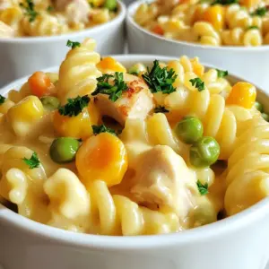 - 8 oz. rotini or fusilli pasta - 1 lb. cooked chicken, diced - 1 cup frozen mixed vegetables (peas, carrots, corn) - 2 tablespoons olive oil - 1 cup low-sodium chicken broth - 1 cup whole milk - 1/4 cup all-purpose flour - 1 teaspoon garlic powder - 1 teaspoon onion powder - 1/2 teaspoon dried thyme - Salt and freshly ground black pepper - 1 cup shredded sharp cheddar cheese - Fresh parsley, finely chopped I love how simple it is to gather these ingredients. You can find most in your kitchen. The rotini or fusilli pasta forms the base of this dish. It holds the sauce well, giving you a burst of flavor in each bite. Cooked chicken adds protein. You can use leftovers or store-bought rotisserie chicken. It saves time and tastes great. The frozen mixed vegetables bring color and nutrition. They add sweet peas, crunchy carrots, and tender corn. In your pantry, olive oil is key. It helps cook your ingredients. The chicken broth and milk create a creamy sauce. The all-purpose flour helps thicken the sauce, making it rich and hearty. Seasonings bring the dish to life. Garlic powder and onion powder add depth. Dried thyme gives a warm, earthy flavor. Salt and pepper to taste are crucial for balance. Finally, the sharp cheddar cheese melts into the sauce. It makes everything creamy and delicious. Chopping fresh parsley adds a pop of color. It also gives a fresh taste to each bite. With this list, you're ready to make a delightful one-pan meal! {{ingredient_image_2}} - Fill a large pot with water and add a generous pinch of salt. - Bring the water to a boil. Once boiling, add the rotini or fusilli pasta. Cook according to the package instructions until al dente. Drain the pasta and set it aside. Remember to save a small amount of pasta water, about 1/4 cup, for later. - In the same pot, add two tablespoons of olive oil and heat over medium heat. - Add the diced cooked chicken to the pot. Saut&eacute; for 2-3 minutes until warmed through. - Next, add one cup of frozen mixed vegetables. Stir them in and cook for another 2 minutes until they soften a bit. - Sprinkle 1/4 cup of all-purpose flour evenly over the chicken and vegetables. Stir quickly to coat everything. - Cook this mixture for one minute to remove the raw flour taste. - Gradually pour in one cup of low-sodium chicken broth and one cup of whole milk while stirring. This helps prevent lumps. - Add one teaspoon of garlic powder, one teaspoon of onion powder, and 1/2 teaspoon of dried thyme. Season with salt and black pepper. - Increase the heat until the mixture simmers. Cook it for about 3-5 minutes, or until it thickens. - Once the sauce thickens, add the drained pasta to the pot. Toss to combine, coating the pasta in the creamy sauce. - If the mixture is too thick, add a splash of the reserved pasta water to adjust the consistency. - Lower the heat and stir in one cup of shredded sharp cheddar cheese. Continue stirring until the cheese melts and the sauce becomes creamy. - Cook pasta until just tender, or al dente. - Overcooked pasta can turn mushy. - Always save a bit of pasta water. This helps with sauce. When cooking pasta, timing is key. Follow the package instructions closely. The right texture gives your dish a nice bite. Reserve about 1/4 cup of pasta water. You can use it later to adjust the sauce. - Feel free to add your favorite seasonings. - Fresh herbs can brighten the dish. Want to boost the taste? Try adding herbs like basil or oregano. You can also mix in spices like paprika or cayenne. This can change the flavor profile and make it special. Don&rsquo;t forget to sprinkle fresh parsley on top! It adds color and freshness. - Add liquids slowly to avoid lumps. - Use reserved pasta water to adjust the thickness. For a smooth sauce, pour in broth and milk slowly while stirring. This helps prevent lumps from forming. If the sauce is too thick, add a splash of reserved pasta water. This will make it creamy and easy to coat your pasta. Enjoy your meal! Pro Tips Use Leftover Chicken: This recipe is a perfect way to use up leftover rotisserie chicken or any cooked chicken you have on hand for a quick meal. Make it Creamier: For an extra creamy sauce, you can substitute half of the whole milk with heavy cream. Veggie Variations: Feel free to swap out the frozen mixed vegetables for any of your favorites, such as broccoli or green beans, to customize the dish. Cheese Choices: Experiment with different types of cheese, like Monterey Jack or Gouda, for a unique flavor profile that complements the dish. {{image_4}} You can change the protein in this dish easily. Using rotisserie chicken saves time. It provides great flavor and is already cooked. For a vegetarian option, try mushrooms or firm tofu. They add texture and soak up the sauce well. Fresh vegetables can boost the taste and nutrition. Spinach or bell peppers are great choices. You can also use seasonal vegetables like zucchini or asparagus. They add color and freshness to the dish. Different cheeses can change the flavor profile. Mozzarella brings a creamy texture, while gouda adds a smoky note. If you need a dairy-free option, plant-based cheese works too. It melts well and keeps the dish creamy. After cooking, let the chicken pot pie pasta cool. Store leftovers in an airtight container. This helps keep the dish fresh. It will last in the fridge for about 3 to 4 days. Be sure to check for any off smells or changes before eating. Freezing is a great way to save extra servings. For best results, cool the pasta completely before freezing. Place it in a freezer-safe container. Make sure to leave some space for expansion. This dish can last in the freezer for up to 2 months. When you're ready to eat, thaw it overnight in the fridge. To reheat, use the stovetop or microwave. On the stovetop, warm it slowly over low heat. Stir often to keep it from sticking. If using a microwave, heat in short bursts, stirring in between. To keep the pasta moist, add a splash of chicken broth or milk. This helps bring back the creamy texture. Yes, you can use uncooked chicken. Just cut it into small pieces. Cook the chicken for about 5-7 minutes before adding the vegetables. This ensures it cooks through. Make sure to stir it often so it cooks evenly. This recipe is not gluten-free due to the pasta and flour. You can use gluten-free pasta made from rice or corn. Also, substitute the all-purpose flour with a gluten-free blend. This keeps the dish tasty and safe for gluten-sensitive eaters. To spice it up, add red pepper flakes or cayenne pepper. You can also use hot sauce while cooking. Start with a little and taste as you go. This way, you can find the right heat for your taste. Great sides include a fresh salad or crusty bread. A simple green salad adds crunch and freshness. Garlic bread is a wonderful choice too. It soaks up the creamy sauce well and makes the meal feel complete. This blog post shared how to make a tasty Chicken Pot Pie Pasta. We covered all the main ingredients, including pasta, chicken, and veggies. I provided clear steps to cook it perfectly and tips for the best flavor. You can even try different proteins, veggies, or cheeses for variation. Remember, store and reheat it right for the best taste. Enjoy your delicious dish, and don't hesitate to get creative with it!