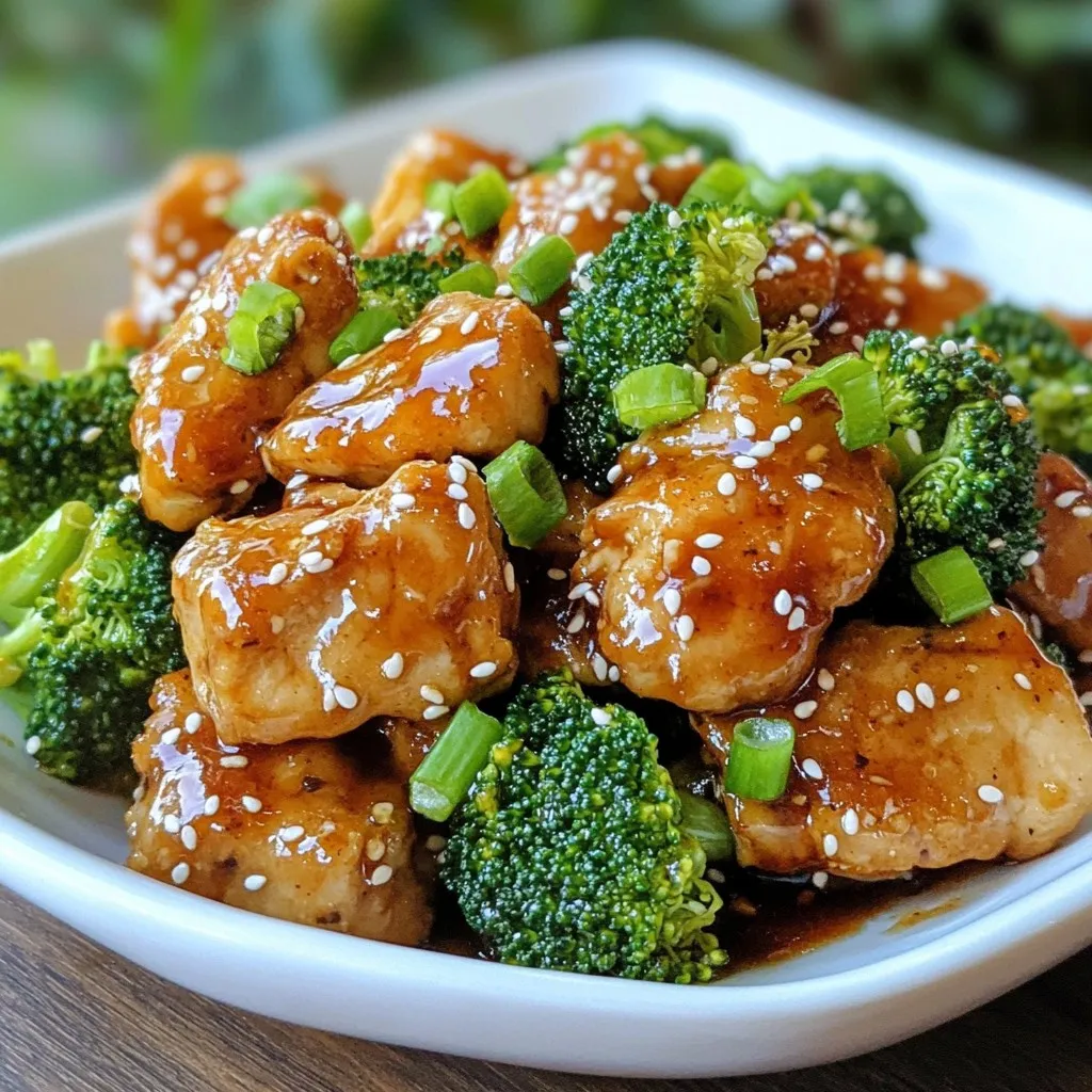 - 2 chicken breasts, thinly sliced into strips - 2 cups fresh broccoli florets - 1/4 cup honey - 1/4 cup soy sauce - 3 cloves garlic, finely minced - 1 tablespoon fresh ginger, finely minced - 2 tablespoons vegetable oil or sesame oil - 1 tablespoon sesame seeds, lightly toasted - 2 green onions, finely chopped - Salt and black pepper to taste - Use low sodium soy sauce for less salt. - Swap vegetable oil for olive oil or avocado oil. This recipe has simple ingredients. Each ingredient adds its own special touch. Chicken is the main protein. Broccoli gives a nice crunch and color. Honey adds sweetness, while soy sauce gives depth. Garlic and ginger add flavor that makes the dish pop. You can also mix in other oils if you want. This way, you can make the dish more personal. {{ingredient_image_2}} To start, you need to mix the sauce. In a mixing bowl, combine: - 1/4 cup honey - 1/4 cup low-sodium soy sauce - 3 cloves garlic, finely minced - 1 tablespoon fresh ginger, finely minced Whisk them together until smooth. This sweet and savory sauce is key to the dish. Set it aside for later. Next, we cook the chicken. Heat 2 tablespoons of vegetable oil in a large non-stick skillet over medium-high heat. While the oil heats, season: - 2 chicken breasts, thinly sliced into strips - Salt and black pepper to taste Once the oil is hot, add the seasoned chicken strips. Cook for about 5-7 minutes. Stir occasionally. You want the chicken to be golden brown and cooked through. It should reach an internal temperature of 165°F (75°C). Now, add the sauce you made earlier. Pour it over the cooked chicken. Stir gently to coat the chicken evenly. Let it simmer for 2-3 minutes. This helps the sauce thicken and stick to the chicken. Next, add 2 cups of fresh broccoli florets directly into the skillet. Stir-fry the broccoli with the chicken and sauce for another 3-4 minutes. You want the broccoli to be tender-crisp and bright green. When everything is done, remove the skillet from heat. Transfer the chicken and broccoli to a serving dish. Enjoy your meal! To keep your chicken juicy, always select fresh chicken breasts. Slice them thinly to ensure quick cooking. Season them with salt and pepper just before cooking. This allows for better flavor. For perfect broccoli texture, use fresh florets that are bright green. Add them to the skillet in the last few minutes of cooking. This way, they stay crisp and vibrant. To tweak the sauce, try adding a splash of rice vinegar. It gives a nice tang to the dish. If you like heat, add a pinch of red pepper flakes. This adds warmth without overpowering the sweetness. For serving suggestions, pair the dish with steamed rice or quinoa. The grains soak up the sauce well. You can also serve it with a side salad for a crunchy contrast. For a creative serving technique, use a large white platter. This makes the colors pop. Drizzle some extra sauce over the top for shine. Finish with a sprinkle of sesame seeds and chopped green onions. This gives a fresh and inviting look to your dish. Pro Tips Marinate for Extra Flavor: If time allows, marinate the chicken in the honey garlic mixture for at least 30 minutes before cooking. This will enhance the flavors and tenderize the meat. Customize Your Veggies: Feel free to add other vegetables such as bell peppers, snap peas, or carrots to the stir-fry for added color and nutrition. Control the Heat: Adjust the heat of the dish by adding red pepper flakes to the sauce for a spicy kick if you enjoy a bit of heat in your meals. Perfectly Cooked Broccoli: To keep the broccoli vibrant and crunchy, avoid overcooking it. Aim for a bright green color and tender-crisp texture. {{image_4}} You can switch the chicken for other proteins. Beef, tofu, or shrimp all work well. - Beef: Use thin strips of flank steak. Cook it for about 4-5 minutes. - Tofu: Choose firm tofu. Cut it into cubes and sauté until golden. - Shrimp: Use peeled shrimp. Cook them for 2-3 minutes until pink. Each option offers a new taste and texture. They all soak up the honey garlic sauce, making them just as delicious. Broccoli is great, but you can add other veggies too. Consider carrots, bell peppers, or snap peas. - Carrots: Slice them thinly. Add them in with the broccoli. - Bell Peppers: Use red, green, or yellow. Cut them into strips for color. - Snap Peas: Toss them in during the last minute of cooking for a crisp bite. Mixing in these vegetables gives you more color and nutrients. Customize to your taste! You can change the sauce for new flavors. Think about adding some spice or citrus. - Spicy: Add red pepper flakes or sriracha for heat. - Citrus: Squeeze in some lime or lemon juice. This brightens the dish. - Herbs: Add fresh basil or cilantro for a fresh taste. These tweaks can make your honey garlic chicken and broccoli unique every time you cook it. Enjoy the fun of experimenting! You can store leftover honey garlic chicken and broccoli in the fridge. Place it in an airtight container. It stays fresh for up to three days. Make sure to let it cool before sealing. This helps keep the moisture locked in. If you want to keep it longer, freezing is a great option. Use a freezer-safe container or a heavy-duty zip-top bag. Remove as much air as possible. This dish can last for about three months in the freezer. When ready to eat, thaw it in the fridge overnight. When reheating, use low heat to avoid drying it out. You can use a skillet or microwave. If using a microwave, cover it with a damp paper towel. This keeps it moist. Heat it until hot but not boiling. This dish tastes best when it’s freshly made, but reheating works well too! To make honey garlic chicken and broccoli, follow these steps: 1. Prepare the sauce: Mix honey, soy sauce, minced garlic, and minced ginger in a bowl. 2. Cook the chicken: Heat oil in a skillet. Season the chicken strips with salt and pepper. Cook until golden brown. 3. Add the sauce: Pour the sauce over the chicken. Stir to coat well and let it simmer. 4. Incorporate the broccoli: Add fresh broccoli florets. Stir-fry until the broccoli is tender-crisp. 5. Garnish and serve: Sprinkle sesame seeds and green onions before serving. This recipe takes about 20 minutes, making it a quick dinner. You can serve honey garlic chicken and broccoli with: - Steamed rice - Quinoa - Noodles - A fresh salad Each side adds a nice touch and balances the meal. Yes, you can prepare this dish ahead of time. Here are some tips: - Cook the chicken and sauce: You can cook these and store them in the fridge. - Add broccoli later: It’s best to add the broccoli just before serving. This keeps it fresh and bright. - Reheat properly: Warm the dish on the stove. Add a splash of water if it seems dry. These steps can save you time on busy nights. This blog post covered a simple and tasty honey garlic chicken and broccoli recipe. You learned about the main ingredients, important seasonings, and helpful cooking tips to ensure success. We explored variations and substitutions to fit your preferences. Also, I shared crucial storage and reheating methods. In conclusion, this dish is versatile and easy to prepare, making it perfect for any meal. Enjoy experimenting with flavors and ingredients to suit your taste!
