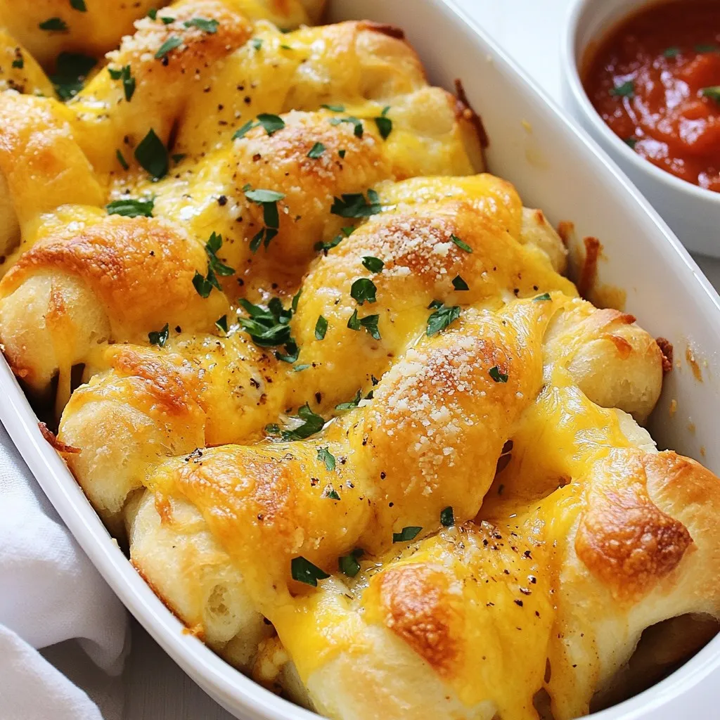 - 1 package (about 16 oz) of refrigerated pizza dough - 1 cup shredded mozzarella cheese - 1/2 cup grated Parmesan cheese These main ingredients form the base of your cheesy breadsticks. The pizza dough gives the breadsticks their fluffy texture. The mozzarella melts beautifully, while the Parmesan adds a rich flavor. - 2 tablespoons garlic powder - 2 tablespoons unsalted butter, melted - 1 tablespoon fresh parsley, finely chopped (optional for garnish) Garlic powder brings a warm, savory taste. The melted butter helps achieve a golden finish and enhances flavor. Chopped parsley adds a fresh pop of color, making the dish more inviting. - Salt and pepper to taste - Marinara sauce for dipping Salt and pepper elevate the taste of the breadsticks. Marinara sauce serves as a delicious dip, adding another layer of flavor. You can dip each breadstick for a gooey experience. {{ingredient_image_2}} - Preheat the oven to 375°F (190°C). - Roll out the pizza dough on a lightly floured surface. Aim for a rectangle about 1/4 inch thick. This thickness helps achieve a crispy texture. - Use a sharp knife or pizza cutter to slice the dough into strips. Each strip should be about 1 inch wide and 4 inches long. This size makes for easy handling. - In a mixing bowl, combine 1 cup of shredded mozzarella, 1/2 cup of grated Parmesan, 2 tablespoons of garlic powder, and a pinch of salt and pepper. Stir these ingredients until they mix well. - Take one dough strip and place a generous tablespoon of the cheese mixture down its center. Make sure to leave space at the edges. - Fold the dough over the cheese filling. Press the edges to seal tightly. Pinch the seams to lock in all that cheesy goodness. - Arrange the filled strips upright in a greased baking dish. Push them together gently to create that fun “pull-apart” effect. - Brush the tops of the dough sticks with melted butter. This step gives them a lovely golden finish. - Bake in the preheated oven for 15-20 minutes. Look for a golden brown color and bubbling cheese. - Once baked, take them out of the oven and let them cool for about 5 minutes. Optionally, sprinkle fresh parsley on top for a nice touch. - Serve warm with marinara sauce for dipping. Enjoy the gooey, cheesy delight! For the best pull-apart breadsticks, the dough needs to be just right. Roll your pizza dough to about 1/4 inch thick. This thickness gives you a crispy outside while keeping the inside fluffy. When you slice the dough into strips, make them about 1 inch wide and 4 inches long. This size makes it easy to fill and fold. When sealing the dough strips, make sure to press the edges well. Pinch them tightly to keep the cheese from leaking out during baking. If any cheese escapes, it can make a mess and reduce the cheesy goodness. Cheese is key to great flavor. While mozzarella is classic, try using different cheeses. Cheddar adds sharpness, while gouda brings a rich, smoky taste. Mix and match your favorites to find the perfect combo. Herbs and spices can take your breadsticks to the next level. Add garlic powder to the cheese mix for a savory kick. You can also sprinkle in some dried oregano or rosemary for extra flavor. Fresh herbs like parsley can brighten up the dish, making it even more inviting. These cheesy breadsticks pair wonderfully with marinara sauce. The rich sauce balances the cheesy flavor and adds a nice dip. Serve the breadsticks warm for the best taste. You can also get creative with serving. Try stacking them in a tall dish for a fun presentation. Or, place them on a large platter with a small bowl of marinara in the center. Fun shapes and colors make serving more exciting! Pro Tips Use Fresh Ingredients: Whenever possible, opt for fresh mozzarella and high-quality Parmesan cheese to enhance the flavor and texture of your breadsticks. Experiment with Flavors: Feel free to add herbs like oregano or basil to the cheese mixture for an extra layer of flavor that complements the cheesy goodness. Don’t Rush the Cooling: Allow the breadsticks to cool for a few minutes before serving. This helps the cheese set slightly, making them easier to pull apart. Make Ahead: You can prepare the dough strips and filling in advance. Just assemble them and store in the fridge until you're ready to bake for an easy appetizer! {{image_4}} You can make your cheesy breadsticks even more exciting with some fun flavors. - For a spicy twist, add red pepper flakes to the cheese mix. This gives a nice kick. - Try mixing in herbs like rosemary or oregano for a fresh taste. Herbs add depth and aroma. If you need to follow a special diet, don’t worry! There are options for you. - Use gluten-free pizza dough to make these breadsticks. Many brands taste just as good. - For a dairy-free option, try vegan cheese. It melts well and tastes great. Tailor your breadsticks to the season for even more fun. - During the holidays, add cranberries and sage for a festive touch. These flavors bring warmth. - In summer, include basil and sun-dried tomatoes. They add a fresh and bright taste that shines. These variations show that you can customize your breadsticks to match your mood and taste! To keep your cheesy breadsticks fresh, refrigerate them in an airtight container. This helps prevent them from drying out. They taste best within 2-3 days. If you want to save them longer, freezing is the way to go. Wrap each breadstick tightly in plastic wrap and place them in a freezer bag. They last up to 3 months in the freezer. Reheating your cheesy breadsticks is easy. The best method is to use the oven. Preheat it to 350°F (175°C). Place the breadsticks on a baking sheet. Heat for about 10-15 minutes until warm and crispy. You can also use a microwave. However, it may make them a bit soft. Heat them for 30 seconds to 1 minute. If you have time, the oven gives better texture. Can I use homemade pizza dough? Yes, you can use homemade pizza dough for these cheesy breadsticks. Just roll it out to about 1/4 inch thick. This thickness gives you that desired crispy texture. You can also control the flavors with your own herbs and spices. How do I know when the breadsticks are done? The breadsticks are done when they turn golden brown. You should see the cheese bubbling up, too. If you tap the sides, they should sound hollow. This means they are perfectly baked! Why did my cheese leak out? Cheese may leak out if you don't seal the edges tightly. Make sure to pinch the seams well. If you overfill the strips with cheese, it can also cause leaks. Less is more when it comes to filling! What’s the best way to reheat leftovers? To reheat, use an oven set to 350°F (175°C). Place the breadsticks on a baking sheet for about 10 minutes. This method keeps them crispy. You can also microwave them, but they may lose some crunch. What dips pair well with cheesy breadsticks? Marinara sauce is a classic dip for cheesy breadsticks. You can also try ranch dressing or garlic butter. For a twist, pesto or spicy salsa can add new flavors. Can I prepare these breadsticks in advance? Yes, you can prepare the breadsticks ahead of time. Just fill and seal the dough strips, then cover and refrigerate them. Bake them fresh right before serving for the best taste! This guide covers all you need to know about making delicious cheesy breadsticks. You learned about the main and optional ingredients, preparation steps, and baking instructions. I shared tips for perfect texture and flavor enhancements. Variations cater to different tastes and dietary needs, and I included storage tips to keep your leftovers fresh. Enjoy experimenting with these recipes and creating your own perfect cheesy breadsticks!