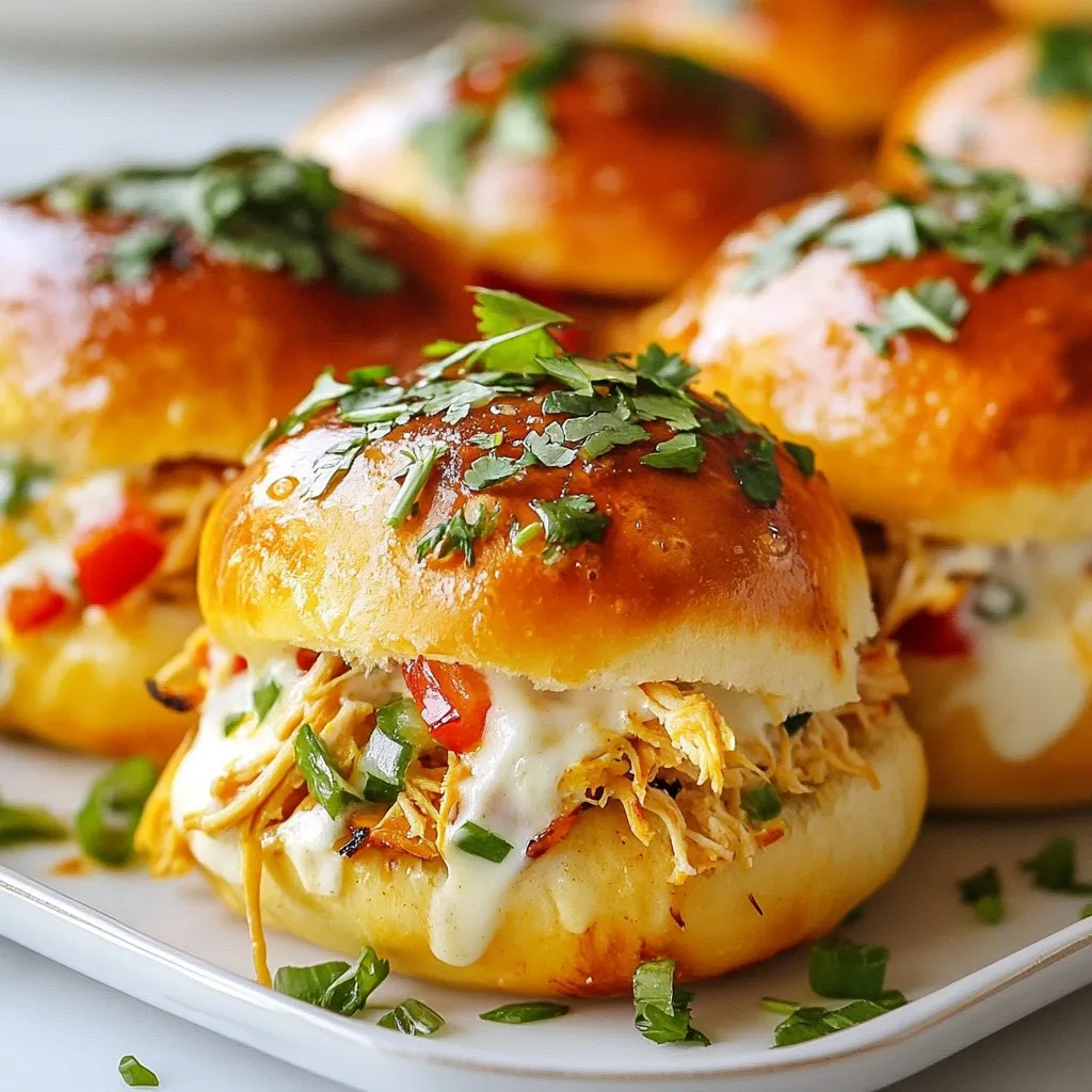 To make Cheesy Dynamite Chicken Buns, you need a few key ingredients: - 1 lb (450g) cooked chicken breast, shredded - 1 cup cream cheese, softened at room temperature - 1 cup shredded mozzarella cheese - 1/2 cup finely diced red bell pepper - 1/4 cup chopped green onions (scallions) - 2 tablespoons sriracha sauce - 8 to 10 burger buns or slider buns, split in half - 1 tablespoon melted butter These ingredients create a rich and creamy filling. The chicken adds protein, while the cream cheese and mozzarella bring that cheesy goodness. Spices can elevate this dish. Here are the essential ones: - 1 teaspoon garlic powder - Salt and pepper to taste Garlic powder gives a warm flavor. Salt and pepper enhance all the tastes and keep it balanced. Adjust the spices to match your taste. Garnishes make the dish pop. You can use: - Fresh cilantro leaves for garnish Adding cilantro brings a fresh touch. If you like spice, consider adding sliced jalapeños. They give the buns a fiery kick and a fun crunch. {{ingredient_image_2}} To start, grab a large mixing bowl. Add 1 pound of cooked shredded chicken. Next, add 1 cup of softened cream cheese. Then, mix in 1 cup of shredded mozzarella cheese. This gives the filling a nice cheesy flavor. After that, add 1/2 cup of finely diced red bell pepper for some crunch. Toss in 1/4 cup of chopped green onions for a fresh taste. Now, spice it up! Add 2 tablespoons of sriracha sauce. You can adjust this based on how spicy you like it. For a touch of flavor, sprinkle in 1 teaspoon of garlic powder. Don’t forget to add a pinch of salt and pepper to taste. Mix everything well until you have a smooth filling. Now it's time to prep the buns. Preheat your oven to 350°F (175°C). This will help the buns get nice and toasty. On a baking tray lined with parchment paper, place the bottom halves of 8 to 10 burger buns or slider buns. Take the cheesy chicken mixture you made and spoon it generously onto each bun bottom. Make sure to fill them well so you get that burst of flavor with every bite. This is where the fun starts! After filling the buns, place the tops back on. Brush 1 tablespoon of melted butter over the tops. This will help them turn a lovely golden color while baking. Now, place the tray in your preheated oven. Bake the buns for about 15-20 minutes. Keep an eye on them until the cheese is bubbling and the buns are lightly crisp. Once baked, take the tray out and let the buns cool for a few minutes. This will help you handle them better. Before serving, sprinkle freshly chopped cilantro on top for a pop of color and fresh flavor. Enjoy your Cheesy Dynamite Chicken Buns! To make the cheese mixture creamy, start with softened cream cheese. This helps it blend well with the other ingredients. Use a large bowl. Combine cooked chicken, cream cheese, mozzarella, red bell pepper, green onions, sriracha, garlic powder, and a pinch of salt and pepper. Mix until it looks smooth and colorful. If you want more heat, add extra sriracha. Taste as you go. This ensures you get the flavors just right. Preheat your oven to 350°F (175°C). This step is key for that golden brown color. When you place the buns on a baking tray, use parchment paper. It prevents sticking and makes cleanup easier. Brush melted butter on the tops of the buns before baking. This adds flavor and helps crisp them up. Bake for 15-20 minutes. Watch closely for bubbling cheese and lightly toasted buns. If they look good, they are done! Serve your Cheesy Dynamite Chicken Buns on a large platter. For a fun touch, add extra sriracha on the side for dipping. Garnish with fresh cilantro for a pop of green. You can also add sliced jalapeños for those who like extra spice. This not only looks great but also makes your dish more appealing. Enjoy the smiles when you serve these tasty buns! Pro Tips Adjust the Spice Level: Feel free to modify the amount of sriracha to suit your taste. If you prefer a milder flavor, start with less and add more as needed. Make Ahead of Time: Prepare the cheesy chicken filling in advance and store it in the refrigerator. Assemble the buns just before baking for a quick and easy meal. Use Fresh Ingredients: Fresh herbs like cilantro and green onions elevate the flavor. Opt for fresh rather than dried when possible for the best taste. Experiment with Cheese: While mozzarella adds a great stretchiness, feel free to mix in other cheeses like cheddar or pepper jack for additional flavor profiles. {{image_4}} You can make these buns spicier. Try adding sliced jalapeños or diced habaneros. Both pack a punch! You can also mix in extra sriracha if you love heat. Just remember to taste as you go. This way, you can control the spice level. Cheese can change the whole vibe of these buns. If you want a sharper taste, use aged cheddar. For something creamy, try goat cheese or even blue cheese. Mixing different cheeses can create unique flavors. Don't be afraid to experiment! Don't limit yourself to chicken. You can use shredded beef or pulled pork. For a lighter choice, shredded turkey works great too. If you want a vegetarian option, try black beans or lentils. These swaps keep the recipe fresh and fun! After you enjoy your Cheesy Dynamite Chicken Buns, cool them first. Place them in an airtight container. This keeps the buns fresh. Store them in the fridge for up to three days. If you want them to last longer, consider freezing. When you're ready to eat the leftovers, reheat them for the best taste. Preheat your oven to 350°F (175°C). Place the buns on a baking tray. Heat them for about 10-15 minutes. This makes them warm and crispy again. You can also use a microwave if you’re in a hurry. Just heat for about 1-2 minutes, but they may lose some crispness. Freezing is a smart way to save extra buns. Wrap each bun in plastic wrap first. Then, place them in a freezer-safe bag. They can stay frozen for up to three months. When you want to eat them, thaw in the fridge overnight. Then, reheat as mentioned above. Enjoy your tasty buns anytime! No, using raw chicken is not safe for this recipe. Cooked chicken gives the buns their flavor and texture. It’s best to shred leftover chicken or use rotisserie chicken. This saves time and ensures your dish is safe to eat. You can use Greek yogurt or ricotta cheese instead of cream cheese. Both options will keep the buns creamy. If you want a vegan option, try cashew cream or a dairy-free cream cheese. Each choice will add a unique twist to the flavor. To make these buns gluten-free, choose gluten-free burger or slider buns. Many stores offer great gluten-free options. Always check the labels to ensure they meet your needs. You can also make your own gluten-free buns at home for a fresh touch. We covered how to make Cheesy Dynamite Chicken Buns. You learned about the key ingredients, including spices and toppings. I shared steps for mixing the filling, prepping, and baking the buns. Helpful tips improved the cheese mix and crispiness. Variations let you customize flavors and proteins. Lastly, we discussed storage and reheating for future meals. With these details, you can create tasty buns anytime. Enjoy your cooking adventure!