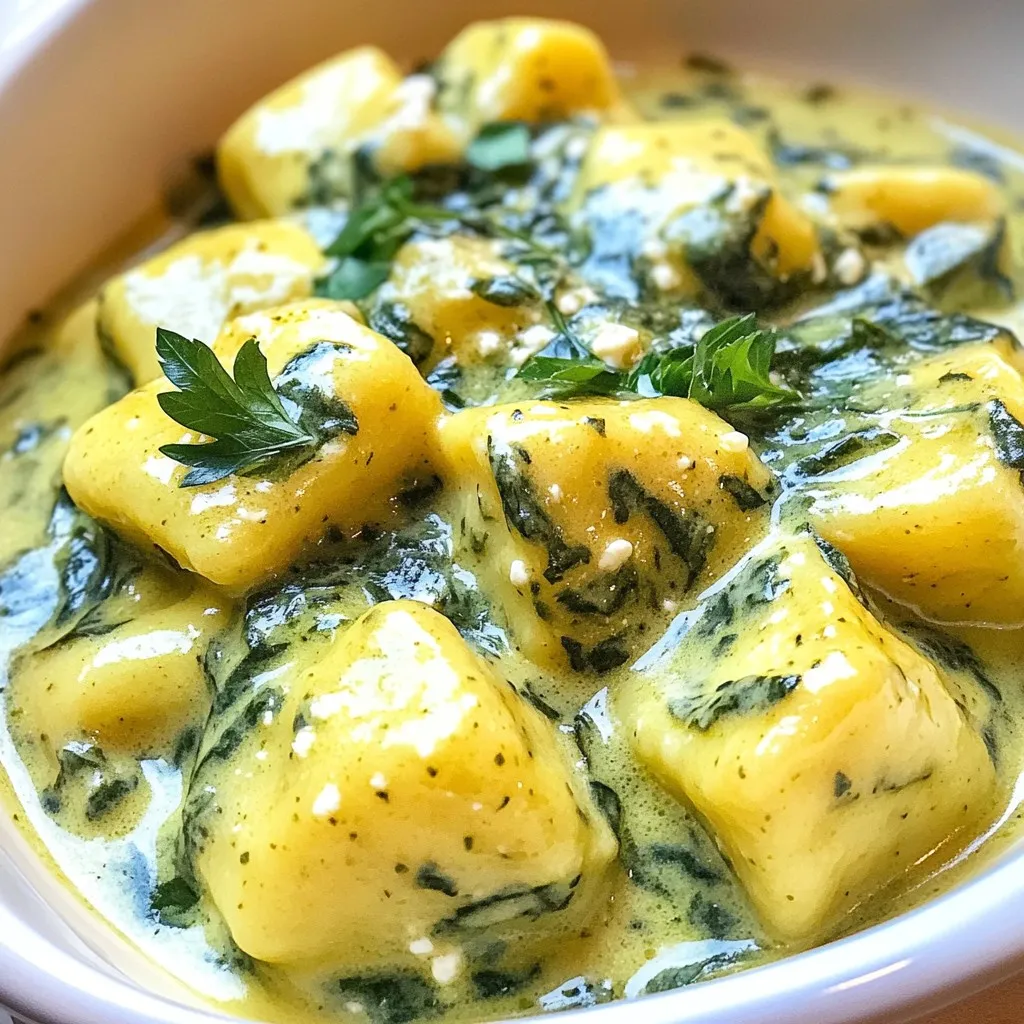 For this creamy dish, you need: - 1 package (16 oz) potato gnocchi - 2 cups fresh spinach, roughly chopped - 1 cup crumbled feta cheese - 1 cup heavy cream - 2 cloves garlic, minced - 1 tablespoon olive oil - 1 teaspoon dried oregano - Salt and freshly ground pepper to taste You can spice it up with: - Red pepper flakes (for heat) - Fresh parsley, finely chopped (for garnish) To make this dish, gather: - A large pot for boiling water - A slotted spoon for draining gnocchi - A large skillet for sautéing - A wooden spoon for stirring - Measuring cups and spoons for accuracy This list covers everything you'll need to whip up this delightful meal. Enjoy the creamy goodness! {{ingredient_image_2}} To start, bring a large pot of water to a boil. Make sure to add a good pinch of salt. Next, add the potato gnocchi to the boiling water. Cook them according to the package instructions, about 2-3 minutes. You know they are done when they float to the top. Use a slotted spoon to remove the gnocchi and let them drain well. Set them aside for later. In a large skillet, heat olive oil over medium heat. Once the oil is hot, add minced garlic. Sauté it for about 30 seconds. You want it fragrant, but be careful not to burn it. Burning garlic can taste bitter. After that, toss in the chopped spinach. Stir frequently for about 2-3 minutes. The spinach should wilt down and become tender. Now, reduce the heat to low and pour in the heavy cream. Stir well to mix it with the garlic and spinach. Let the mixture simmer gently for a few moments. This will create a creamy base for your sauce. Next, sprinkle in the crumbled feta cheese and dried oregano. Stir continuously until the feta starts to melt. This will thicken the sauce and make it rich. Taste the sauce and season with salt, freshly ground pepper, and red pepper flakes if you want some heat. Then, gently fold the cooked gnocchi into the creamy sauce. Make sure every piece is coated. Allow it to cook for an extra 1-2 minutes to heat everything through. Plate your creamy gnocchi immediately. For a pop of color, garnish with finely chopped parsley. If you want to impress, serve in shallow bowls with a drizzle of olive oil and extra feta on top. Enjoy your delicious meal! To make a great cream sauce, start with fresh ingredients. Use heavy cream for richness. When you add the cream, keep the heat low. This way, it won’t boil too hard. Stir the mix often to keep it smooth. Adding feta cheese while the sauce is warm helps it melt better. Don't forget to taste as you cook. Adjust the salt and pepper to your liking. Cooking gnocchi is quick and easy. Use a large pot with boiling, salted water. Add the gnocchi gently, so they don’t stick. Watch for them to float; this means they’re done. If you cook them too long, they can become mushy. Once they float, use a slotted spoon to remove them. Drain them well before adding them to the sauce. Seasonings can take your dish to the next level. I love adding dried oregano for a warm taste. Fresh ground pepper adds a nice kick. If you enjoy some heat, sprinkle in red pepper flakes. Fresh parsley on top gives a nice pop of color and flavor. Experiment with your favorite herbs to make it your own. Pro Tips Fresh Spinach is Key: Use fresh spinach instead of frozen for a vibrant color and better texture in your dish. Perfectly Cooked Gnocchi: Make sure not to overcook the gnocchi; they should float to the top when ready, indicating they are perfectly cooked. Customize Your Cheese: Experiment with different types of cheese, such as goat cheese or mozzarella, for a unique flavor twist. Enhance with Herbs: Fresh herbs like basil or dill can elevate the flavor profile of your creamy sauce—add them just before serving for maximum freshness. {{image_4}} You can add protein to this dish. Chicken and shrimp work well. Cook the chicken first until golden. Slice it thin and mix it in with the gnocchi. For shrimp, sauté them in the same skillet after the garlic. Cook them until pink and toss with the sauce. This adds a hearty touch to your creamy spinach feta gnocchi. If you want to keep it vegetarian, consider mushrooms or peas. Sauté chopped mushrooms after the garlic. They add a nice meaty texture. You can also add peas for a pop of sweetness. Toss in a cup of fresh or frozen peas right before adding the cream. Both options create a delicious twist on the classic dish. For a dairy-free version, swap out the heavy cream and feta. Use a plant-based cream like coconut or cashew. Nutritional yeast can replace feta for a cheesy flavor. Blend soaked cashews with a bit of lemon juice for creaminess. This keeps the dish rich without dairy. Enjoy a creamy spinach feta gnocchi that fits your diet! To store leftovers, let the creamy spinach feta gnocchi cool down first. Once cool, transfer it to an airtight container. Make sure to seal it tightly to keep the flavors fresh. You can keep it in the fridge for up to three days. When you’re ready to eat leftovers, reheat them gently. Place the gnocchi in a skillet over low heat. Add a splash of cream or water to help loosen the sauce. Stir often until it’s heated through. This method keeps the sauce creamy and prevents burning. If you want to freeze the gnocchi, it’s best to do it before adding the cream sauce. Cook the gnocchi and let it cool. Place it in freezer bags, removing as much air as possible. You can freeze for up to three months. When ready to use, thaw it in the fridge overnight and then cook it with the sauce. Gnocchi has a soft and fluffy texture. They taste mild and slightly sweet. The flavor comes from the potato used in them. When combined with the creamy sauce, they absorb all the flavors well. This makes them a perfect base for rich sauces. Yes, you can. Cook the gnocchi and prepare the sauce in advance. Store them separately in airtight containers. When ready to eat, reheat the sauce and add the gnocchi. This way, you keep everything fresh and tasty. Gnocchi cooks quickly, usually in 2-3 minutes. They are done when they float to the top. Use a slotted spoon to check them. If they rise, they are ready to drain and mix with your sauce. This dish pairs well with a simple salad. A light green salad adds a nice crunch. You can also serve crusty bread on the side. This adds texture and helps scoop up the creamy sauce. For a complete meal, consider grilled chicken or roasted vegetables. In this article, we explored how to create creamy spinach feta gnocchi. We covered the key ingredients, tools, and a detailed cooking guide. I shared tips for perfecting the dish and offered ideas for variations and storage. With practice, you can make this dish shine. Experiment with flavors and toppings to make it your own. Enjoy your cooking journey, and savor every bite!