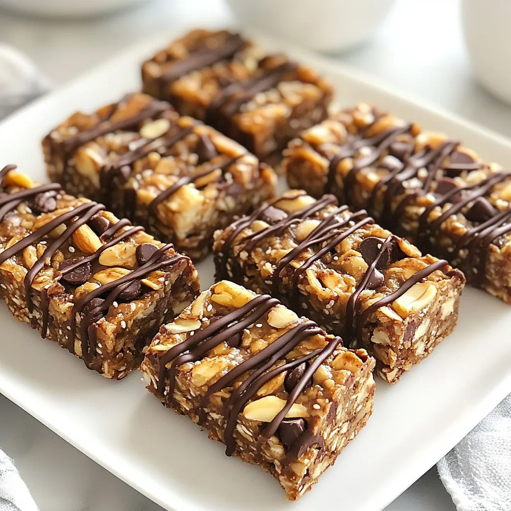 - 2 cups rolled oats - 1 cup almond butter (or substitute with smooth peanut butter) - 1/4 cup honey (or maple syrup for a vegan option) - 1/2 cup dark chocolate chips - 1/2 cup mixed nuts (such as walnuts, almonds, or pecans), coarsely chopped - 1/4 cup chia seeds - 1/2 teaspoon pure vanilla extract - Pinch of sea salt These ingredients create a tasty and healthy snack. I love using rolled oats as the base. They add great texture and fiber. Almond butter or peanut butter gives the bars their rich flavor and helps bind the mix. For sweetness, honey works well, but maple syrup is a great vegan option. Dark chocolate chips add a sweet touch, while mixed nuts boost crunch and healthy fats. Chia seeds are tiny but mighty, adding fiber and protein. The vanilla extract gives a warm flavor, and a pinch of sea salt balances everything. You can customize these ingredients to suit your taste. Want a nut-free version? Just skip the nuts. Prefer dried fruit? Toss in some raisins or cranberries. The choice is yours! {{ingredient_image_2}} Line an 8x8 inch square baking dish with parchment paper. Let the paper hang over the edges. This helps you lift the bars out later. It also keeps the bars intact for serving. In a medium saucepan, melt the almond butter and honey over low heat. Stir until smooth. Remove from heat and mix in vanilla extract and a pinch of sea salt. This adds great flavor to your bars. In a large bowl, combine rolled oats, chopped nuts, dark chocolate chips, and chia seeds. Use a spoon to mix well. Make sure everything is evenly spread. This is key for a tasty bite. Pour the warm almond butter mixture over the dry ingredients. Use a sturdy spatula or your hands to mix. Stir until everything is sticky and well-coated. This step is vital for binding the bars. Transfer the mixture into the lined baking dish. Use the back of a spatula or your hands to press down firmly. Make sure to fill the corners. A tight pack helps the bars stay together. Cover the dish with plastic wrap or a lid. Place it in the fridge for 1-2 hours. Chilling helps the bars firm up. They need to hold their shape when cut. Once firm, lift the mixture out using the parchment paper. Place it on a cutting board. Slice into bars or squares as you like. For a nice touch, arrange them on a platter. Enjoy your tasty homemade treats! You can switch up the nut butter in this recipe. Almond butter is great, but smooth peanut butter works too. If you want a nut-free option, use sunflower seed butter instead. You can also change the sweetener based on what you like. Honey is sweet and sticky, while maple syrup adds a nice flavor for vegans. Keeping your bars fresh is easy. Store them in an airtight container at room temperature for a week. If you want them to last longer, put them in the fridge. For best results, separate layers with parchment paper to avoid sticking. If they crumble, try packing them tighter next time. You can add fun mix-ins to your bars. Dried fruits like cranberries or apricots add sweetness and chewiness. Seeds like pumpkin or sunflower give a nice crunch. For a special treat, drizzle some melted chocolate or nut butter on top. It adds a lovely touch and makes them look fancy! Pro Tips Store in the Right Place: Keep your granola bars in an airtight container at room temperature for up to a week or in the refrigerator for longer freshness. Customize Your Nuts: Feel free to experiment with different types of nuts or seeds according to your taste preference or dietary needs. Sweetness Level: Adjust the amount of honey or maple syrup based on your sweetness preference; you can add more or less according to your taste. Extra Crunch: For added texture, consider toasting the oats or nuts before mixing; this enhances the flavor and provides a delightful crunch. {{image_4}} You can easily make these bars vegan. Just swap honey for maple syrup. Use all plant-based ingredients like almond butter. They taste great, and you can enjoy them without any animal products. Maple syrup adds a sweet, rich flavor. This option makes the bars suitable for everyone. If you need gluten-free snacks, these bars are perfect. Just make sure to use certified gluten-free oats. Most nut butters, like almond and peanut, are also gluten-free. This way, you can enjoy your bars without worrying about gluten. Want to boost the protein in your bars? Add a scoop of protein powder. You could also mix in seeds like pumpkin or hemp. These additions make your granola bars a great snack for energy and nutrition. They help keep you full longer, too. To keep your no-bake granola bars fresh, use airtight containers. This method helps keep them from drying out. You can stack them neatly in the container. This way, they stay moist and tasty when you grab one for a snack. No-bake granola bars can last up to two weeks when stored correctly. If you keep them in an airtight container, they stay fresh longer. You might notice that the flavor can change over time, but they should still taste good. Freezing is a great way to save extra bars. To freeze, wrap each bar in plastic wrap. Then, place them in a freezer-safe bag or container. When you’re ready to eat, just take out a bar and let it thaw in the fridge. This way, you can enjoy your favorite snack anytime! Yes, you can switch nuts in this recipe. I suggest using walnuts, almonds, or pecans. Each nut adds a unique flavor and texture. You could also try cashews or hazelnuts for a fun twist. Just make sure they are coarsely chopped to mix well. To keep your bars from falling apart, pack them tightly. Use your hands or a spatula to press the mixture firmly into the dish. The more you press, the better they stick together. Also, ensure the nut butter and honey are warm when mixing. This helps everything bind better. Yes, these bars are packed with good ingredients. Rolled oats provide fiber and energy. Almond butter offers healthy fats and protein. Chia seeds add omega-3s, while dark chocolate gives a sweet touch without too much sugar. Overall, they make a wholesome snack. Absolutely! You can make these bars in advance. Just let them chill in the fridge for at least 1-2 hours. Store them in an airtight container to keep them fresh. They will last up to a week. Enjoy them as a quick snack or breakfast option! In this post, we explored how to make no-bake granola bars. We covered essential ingredients like oats, nut butter, and sweeteners. You learned the step-by-step methods for preparing and chilling your bars. I shared tips for customization, storage, and flavor enhancement. No-bake granola bars are easy, tasty, and perfect for quick snacks. You can enjoy healthy treats made just the way you like them. So, get creative in the kitchen and make your own delicious bars today!