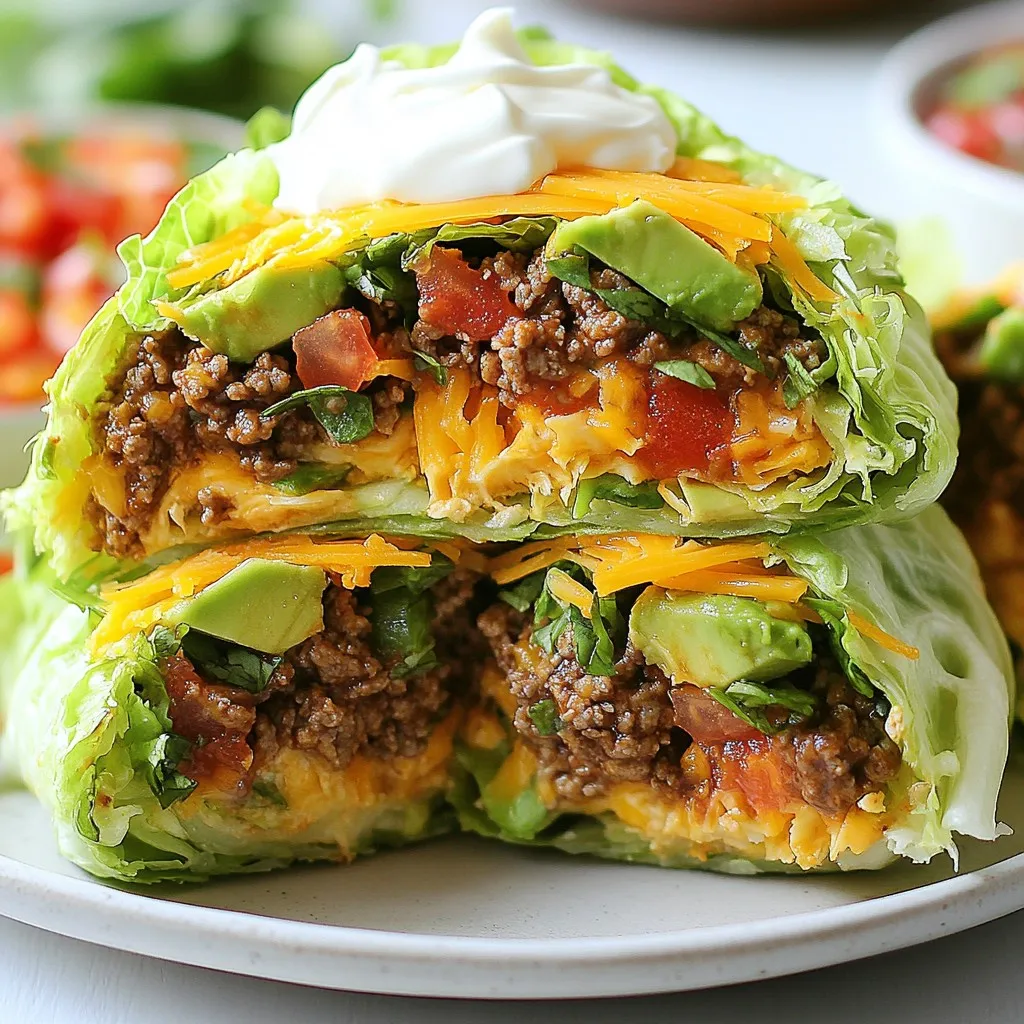 To make a Keto Crunchwrap Supreme, gather these key items: - 4 large lettuce leaves (Romaine or Iceberg for crunch) - 1 lb ground beef (or ground turkey for leaner meat) - 1 teaspoon taco seasoning (use homemade or store-bought) - 1 cup shredded cheddar cheese (sharp or mild) - 1 ripe avocado, sliced - ½ cup diced tomatoes (fresh or canned) - ¼ cup sour cream (or Greek yogurt) - ¼ cup salsa (choose mild, medium, or hot) - Olive oil (1-2 tablespoons for cooking) - Salt and pepper to taste If you want to swap ingredients for lower carbs, try these: - Use cauliflower rice instead of beef for a veggie crunchwrap. - Choose guacamole instead of avocado for added flavor. - Replace sour cream with Greek yogurt for a tangy touch. - Use almond flour tortillas if you want a crunchy wrap. You can add more flavor and texture with these toppings: - Chopped green onions for a fresh bite. - Jalapeños for a spicy kick. - Shredded lettuce for extra crunch. - Cilantro for a burst of herbal flavor. - Lime wedges for a zesty finish. Feel free to mix and match these ingredients to suit your taste and keep your meal exciting! {{ingredient_image_2}} To make the meat filling, start by heating 1-2 tablespoons of olive oil in a skillet over medium heat. Once the oil is hot, add 1 pound of ground beef or turkey. Break the meat apart with a spatula as it cooks. You want it to brown evenly. After the meat is cooked, drain any excess fat. This keeps your dish light and tasty. Then, stir in 1 teaspoon of taco seasoning and add salt and pepper to taste. If it looks dry, add a splash of water (1-2 tablespoons). Cook for 2 more minutes to mix the flavors well. Set the filling aside. Grab a large lettuce leaf and lay it flat on a plate. Spoon a generous amount of the seasoned meat filling into the center. Next, layer 1 cup of shredded cheddar cheese, slices of 1 ripe avocado, and ½ cup of diced tomatoes on top. Add ¼ cup of sour cream for creaminess. Now, fold the edges of the lettuce leaf toward the center. Tuck them over the filling to create a pocket. It doesn’t have to be perfect, but make sure it’s tight to hold the filling inside. Using the same skillet, add about 1 tablespoon of olive oil and heat on medium-low. Carefully place the folded crunchwrap seam-side down in the skillet. Cook for 2-3 minutes until the bottom is crispy and golden. Then, flip it with a spatula and cook the other side for another 2-3 minutes. Once both sides are golden and crispy, remove the crunchwrap from the skillet. Let it cool for a moment before cutting it in half. This reveals the tasty layers inside. Serve right away with salsa on the side for dipping. To get the best texture, cook your meat on medium heat. This helps it brown well. Always break the meat apart with a spatula while cooking. Drain excess fat for a lighter crunchwrap. If the meat feels dry, add a splash of water. This keeps the meat juicy and helps the seasoning stick. Don’t rush this step; let it cook for a full two minutes with the seasoning. When you assemble, choose large lettuce leaves. Romaine or Iceberg work best for a nice crunch. Start with a generous scoop of meat in the center. Layer on cheese, avocado, tomatoes, and sour cream. Fold the edges toward the center, but don’t stress if it’s not perfect. The goal is to create a tight pocket. This way, all the tasty filling stays inside! For more flavor, try adding spices to your meat mix. Consider garlic powder or smoked paprika. You can also mix in some chopped cilantro for a fresh taste. If you want heat, use a spicy salsa or add jalapeños. Remember, the key is to balance flavors. Taste as you go to find what you love. Pro Tips Choose the Right Lettuce: Romaine or Iceberg lettuce provides the best crunch and structure for wrapping, ensuring your crunchwrap holds all the delicious fillings without falling apart. Customize Your Seasoning: Feel free to experiment with different taco seasoning blends, or try adding a pinch of smoked paprika or cumin for a unique twist that enhances the flavor of your meat. Perfectly Crispy Crunchwrap: When cooking the crunchwrap, ensure your skillet is hot enough before adding it to achieve that golden, crispy exterior. Don’t rush this step for the best texture! Serve Fresh: Enjoy your crunchwrap immediately after cooking for the best flavor and texture. If you have leftovers, store the filling and lettuce separately to maintain freshness. {{image_4}} You can make this crunchwrap without meat. Use black beans or lentils as the base. Both add great protein and flavor. Mix in taco seasoning for a spicy kick. Replace cheese with a dairy-free option or skip it entirely. For a creamy touch, use avocado or a vegan sour cream. Ground beef gives a rich taste, but you can switch it up. Ground turkey is leaner and still delicious. You can also use chicken or pork, depending on what you like. For a seafood twist, try shrimp or crab. Each choice brings a unique flavor to your crunchwrap. You can change the flavor to match your mood. Want it spicy? Use jalapeños or a hotter salsa. Try adding lime juice for a tangy twist. For a sweeter taste, mix in mango salsa. Each addition makes your crunchwrap fun and unique. Don't be afraid to experiment! After you enjoy your Keto Crunchwrap Supreme, you may have some left. To store leftovers, place them in an airtight container. Keep the crunchwrap in the fridge for up to three days. If you want to keep it longer, consider freezing. When you're ready to eat your leftovers, reheating is simple. Use a skillet for the best results. Heat the skillet over medium-low heat. Place the crunchwrap in the skillet, seam side down. Cook for about 3-4 minutes on each side. This will help it stay crispy. You can also use a microwave, but it may not stay crunchy. Freezing is a great way to save your Keto Crunchwrap Supreme for later. Wrap each crunchwrap in plastic wrap. Then, place them in a freezer bag. They can stay in the freezer for up to a month. When you are ready to eat, let it thaw in the fridge overnight before reheating. Yes, this recipe is keto-friendly. It uses lettuce instead of a tortilla, which cuts carbs. The ground beef, cheese, and avocado provide healthy fats and protein. You can enjoy this dish without breaking your keto diet. Absolutely! You can replace the ground beef with a mix of beans or lentils. Tofu or tempeh also works well for a protein boost. Just season them like the meat for great flavor. You can still enjoy all the toppings too! Some great sides include a fresh salad or cauliflower rice. You can also serve guacamole or extra salsa for dipping. Pick sides that keep your meal low-carb and delicious. This Keto Crunchwrap Supreme has around 500 calories per serving. The calories may change based on your toppings and meat choice. Always check your specific ingredients to get an exact count. This blog post covered how to make a delicious Crunchwrap. We discussed essential ingredients and low-carb alternatives. I shared step-by-step instructions for preparing the meat filling and assembling the wrap. You learned tips for getting the perfect texture and flavor. Try different variations for everyone, including vegetarian options. Store leftovers safely for later enjoyment. Whether you seek a tasty meal or a fun cooking project, this Crunchwrap has you covered. Enjoy experimenting with your flavors and toppings!