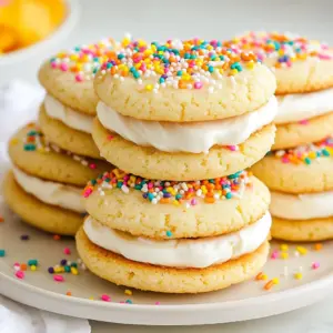 To make Vanilla Sandwich Sugar Cookies, you will need these simple ingredients: - 2 &frac34; cups all-purpose flour - 1 teaspoon baking powder - &frac12; teaspoon baking soda - &frac12; teaspoon fine sea salt - 1 cup unsalted butter, softened - 1 cup granulated sugar - 1 large egg, at room temperature - 2 teaspoons pure vanilla extract - &frac12; cup powdered sugar - 1 cup vanilla frosting - Rainbow sprinkles Each ingredient plays a key role. The all-purpose flour gives structure. Baking powder and baking soda help the cookies rise. The fine sea salt enhances flavor. Butter adds richness and makes the cookies soft. Granulated sugar sweetens and helps with texture. The egg binds everything together. Pure vanilla extract provides that lovely vanilla taste. Powdered sugar adds sweetness to the filling. Vanilla frosting brings creaminess, while rainbow sprinkles add fun and color. With these ingredients, you can create delightful treats that will impress anyone! Enjoy the process and have fun mixing these flavors together! {{ingredient_image_2}} - Preheat your oven to 350&deg;F (175&deg;C). This step is key for baking. - While the oven warms, line two baking sheets with parchment paper. This helps the cookies not to stick. - In a medium bowl, whisk together 2 &frac34; cups of flour, 1 teaspoon of baking powder, &frac12; teaspoon of baking soda, and &frac12; teaspoon of salt. Mix well and set aside. - In a large bowl, cream together 1 cup of softened butter and 1 cup of granulated sugar. Use an electric mixer on medium speed for about 3 minutes. The mix should be light and fluffy. - Now, add 1 large egg and 2 teaspoons of pure vanilla extract to the creamed mixture. Mix on low speed until combined. - Gradually add the dry flour mixture to the wet mix. Mix on low speed until just combined. Avoid overmixing to keep the cookies tender. - Use a cookie scoop or a tablespoon to portion out the dough. Roll each portion into a ball and place them on the lined sheets, leaving 2 inches for spreading. - Slightly flatten each ball with your palm to create a disc. Bake for 10-12 minutes. Look for golden edges and soft centers. - After baking, let the cookies cool on the baking sheet for 5 minutes. Then, move them to a wire rack to cool completely. To make soft cookies, avoid overmixing your dough. Mix just until the flour disappears. Overmixing can lead to tough cookies, which we don&rsquo;t want. After baking, let them cool. Use a wire rack for even cooling. This keeps the bottoms from getting soggy. You can use store-bought vanilla frosting for ease. However, homemade frosting tastes fresh and rich. If you make your own, try to let it cool before spreading. This helps it stay firm. When spreading frosting, use an offset spatula for a smooth finish. Rainbow sprinkles add a fun look. To use them well, apply them right after frosting. This helps them stick better. If you want variety, try crushed nuts or coconut flakes. These can add flavor and texture. You can also use colored sugar for a different touch. Pro Tips Chill the Dough: For even better flavor and texture, chill the cookie dough in the refrigerator for at least 30 minutes before baking. This helps prevent spreading and creates a thicker cookie. Make It Uniform: Use a cookie scoop to ensure all cookies are the same size, promoting even baking and a consistent look. Customize the Filling: Feel free to mix and match the frosting flavors or add a layer of jam or Nutella for a unique twist on the classic sandwich cookie. Store Properly: Keep the sandwich cookies in an airtight container at room temperature for up to a week. For longer storage, refrigerate or freeze them, separating layers with parchment paper. {{image_4}} You can make these cookies even more fun by adding new flavors. Try using different extracts. Almond extract adds a nice nutty taste. Lemon extract gives a fresh, zesty kick. Both options can change the whole cookie experience. You can also spice things up. Adding a pinch of cinnamon or nutmeg gives warmth and depth. These spices blend well with vanilla. They add a cozy feel to each bite. Experimenting with flavors makes baking exciting. If you follow a gluten-free diet, you can still enjoy these cookies. Use a gluten-free flour blend instead of all-purpose flour. There are many good options available at stores. Just make sure it works for baking. For dairy-free cookies, substitute the butter. Use coconut oil or a dairy-free margarine. This keeps the cookies soft and tasty. You can also use a dairy-free frosting for the filling. These swaps make the cookies fit different diets. The filling is where you can get creative. Instead of vanilla frosting, try different types of frosting. Chocolate or cream cheese frosting works great. These options add new flavors to your sandwich cookies. You can also use jams or fruit spreads. Strawberry or raspberry jam gives a fruity twist. It adds a bright flavor that pairs well with the cookies. These filling variations can make your cookies unique and exciting. To keep your vanilla sandwich sugar cookies fresh, use an airtight container. This will help keep moisture out. You can separate layers with parchment paper. This keeps them from sticking together. The cookies stay fresh for up to one week at room temperature. You can freeze these cookies to enjoy later. First, let the cookies cool completely. Then, place each sandwich cookie in a freezer bag. Squeeze out as much air as possible before sealing. These cookies freeze well for about three months. To thaw, take them out of the freezer and leave them at room temperature. This usually takes about one hour. You can also microwave them for 10-15 seconds for a quick treat. To maintain taste and texture, store cookies away from heat and light. Keeping them in a cool, dark place works best. You can also add a slice of bread to the container. This helps keep cookies soft and moist. Avoid storing cookies in the fridge, as it can dry them out. To make your cookies softer, use room temperature butter. Cream it well with sugar. Do not overbake the cookies; take them out when they are still soft in the center. You can also add an extra egg yolk for added moisture. Yes, you can use cake flour for a lighter texture. Almond flour is another option, but it will change the taste and texture. If you go gluten-free, try a 1:1 gluten-free flour blend. You can store these cookies in an airtight container for up to one week. They stay fresh longer at room temperature. For best results, keep them in a cool, dry place. You can use almond extract for a nutty flavor. Lemon extract also works if you want something bright. A bit of maple syrup can add sweetness and flavor, too. Yes, you can make the dough ahead of time. Chill it in the fridge for up to three days. You can also bake the cookies and freeze them for later. Just thaw and frost when you&rsquo;re ready to serve. You now have all the details to bake perfect cookies. From gathering ingredients to beautiful decorations, I covered everything you need. Remember, the right mix and baking time are key for great texture. Don&rsquo;t forget to have fun with flavor and decoration options! With these tips, your cookies will stand out. Enjoy your baking journey and share your creations with friends and family. Happy baking!