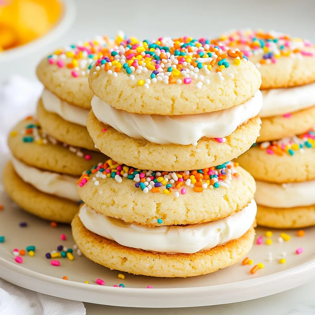 To make Vanilla Sandwich Sugar Cookies, you will need these simple ingredients: - 2 ¾ cups all-purpose flour - 1 teaspoon baking powder - ½ teaspoon baking soda - ½ teaspoon fine sea salt - 1 cup unsalted butter, softened - 1 cup granulated sugar - 1 large egg, at room temperature - 2 teaspoons pure vanilla extract - ½ cup powdered sugar - 1 cup vanilla frosting - Rainbow sprinkles Each ingredient plays a key role. The all-purpose flour gives structure. Baking powder and baking soda help the cookies rise. The fine sea salt enhances flavor. Butter adds richness and makes the cookies soft. Granulated sugar sweetens and helps with texture. The egg binds everything together. Pure vanilla extract provides that lovely vanilla taste. Powdered sugar adds sweetness to the filling. Vanilla frosting brings creaminess, while rainbow sprinkles add fun and color. With these ingredients, you can create delightful treats that will impress anyone! Enjoy the process and have fun mixing these flavors together! {{ingredient_image_2}} - Preheat your oven to 350°F (175°C). This step is key for baking. - While the oven warms, line two baking sheets with parchment paper. This helps the cookies not to stick. - In a medium bowl, whisk together 2 ¾ cups of flour, 1 teaspoon of baking powder, ½ teaspoon of baking soda, and ½ teaspoon of salt. Mix well and set aside. - In a large bowl, cream together 1 cup of softened butter and 1 cup of granulated sugar. Use an electric mixer on medium speed for about 3 minutes. The mix should be light and fluffy. - Now, add 1 large egg and 2 teaspoons of pure vanilla extract to the creamed mixture. Mix on low speed until combined. - Gradually add the dry flour mixture to the wet mix. Mix on low speed until just combined. Avoid overmixing to keep the cookies tender. - Use a cookie scoop or a tablespoon to portion out the dough. Roll each portion into a ball and place them on the lined sheets, leaving 2 inches for spreading. - Slightly flatten each ball with your palm to create a disc. Bake for 10-12 minutes. Look for golden edges and soft centers. - After baking, let the cookies cool on the baking sheet for 5 minutes. Then, move them to a wire rack to cool completely. To make soft cookies, avoid overmixing your dough. Mix just until the flour disappears. Overmixing can lead to tough cookies, which we don’t want. After baking, let them cool. Use a wire rack for even cooling. This keeps the bottoms from getting soggy. You can use store-bought vanilla frosting for ease. However, homemade frosting tastes fresh and rich. If you make your own, try to let it cool before spreading. This helps it stay firm. When spreading frosting, use an offset spatula for a smooth finish. Rainbow sprinkles add a fun look. To use them well, apply them right after frosting. This helps them stick better. If you want variety, try crushed nuts or coconut flakes. These can add flavor and texture. You can also use colored sugar for a different touch. Pro Tips Chill the Dough: For even better flavor and texture, chill the cookie dough in the refrigerator for at least 30 minutes before baking. This helps prevent spreading and creates a thicker cookie. Make It Uniform: Use a cookie scoop to ensure all cookies are the same size, promoting even baking and a consistent look. Customize the Filling: Feel free to mix and match the frosting flavors or add a layer of jam or Nutella for a unique twist on the classic sandwich cookie. Store Properly: Keep the sandwich cookies in an airtight container at room temperature for up to a week. For longer storage, refrigerate or freeze them, separating layers with parchment paper. {{image_4}} You can make these cookies even more fun by adding new flavors. Try using different extracts. Almond extract adds a nice nutty taste. Lemon extract gives a fresh, zesty kick. Both options can change the whole cookie experience. You can also spice things up. Adding a pinch of cinnamon or nutmeg gives warmth and depth. These spices blend well with vanilla. They add a cozy feel to each bite. Experimenting with flavors makes baking exciting. If you follow a gluten-free diet, you can still enjoy these cookies. Use a gluten-free flour blend instead of all-purpose flour. There are many good options available at stores. Just make sure it works for baking. For dairy-free cookies, substitute the butter. Use coconut oil or a dairy-free margarine. This keeps the cookies soft and tasty. You can also use a dairy-free frosting for the filling. These swaps make the cookies fit different diets. The filling is where you can get creative. Instead of vanilla frosting, try different types of frosting. Chocolate or cream cheese frosting works great. These options add new flavors to your sandwich cookies. You can also use jams or fruit spreads. Strawberry or raspberry jam gives a fruity twist. It adds a bright flavor that pairs well with the cookies. These filling variations can make your cookies unique and exciting. To keep your vanilla sandwich sugar cookies fresh, use an airtight container. This will help keep moisture out. You can separate layers with parchment paper. This keeps them from sticking together. The cookies stay fresh for up to one week at room temperature. You can freeze these cookies to enjoy later. First, let the cookies cool completely. Then, place each sandwich cookie in a freezer bag. Squeeze out as much air as possible before sealing. These cookies freeze well for about three months. To thaw, take them out of the freezer and leave them at room temperature. This usually takes about one hour. You can also microwave them for 10-15 seconds for a quick treat. To maintain taste and texture, store cookies away from heat and light. Keeping them in a cool, dark place works best. You can also add a slice of bread to the container. This helps keep cookies soft and moist. Avoid storing cookies in the fridge, as it can dry them out. To make your cookies softer, use room temperature butter. Cream it well with sugar. Do not overbake the cookies; take them out when they are still soft in the center. You can also add an extra egg yolk for added moisture. Yes, you can use cake flour for a lighter texture. Almond flour is another option, but it will change the taste and texture. If you go gluten-free, try a 1:1 gluten-free flour blend. You can store these cookies in an airtight container for up to one week. They stay fresh longer at room temperature. For best results, keep them in a cool, dry place. You can use almond extract for a nutty flavor. Lemon extract also works if you want something bright. A bit of maple syrup can add sweetness and flavor, too. Yes, you can make the dough ahead of time. Chill it in the fridge for up to three days. You can also bake the cookies and freeze them for later. Just thaw and frost when you’re ready to serve. You now have all the details to bake perfect cookies. From gathering ingredients to beautiful decorations, I covered everything you need. Remember, the right mix and baking time are key for great texture. Don’t forget to have fun with flavor and decoration options! With these tips, your cookies will stand out. Enjoy your baking journey and share your creations with friends and family. Happy baking!
