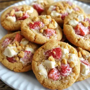 To make strawberry cheesecake cookies, gather these ingredients: - 1 cup cream cheese, softened to room temperature - 1/2 cup unsalted butter, softened - 3/4 cup granulated sugar - 1/4 cup packed brown sugar - 1 large egg - 1 teaspoon pure vanilla extract - 2 cups all-purpose flour - 1 teaspoon baking powder - 1/2 teaspoon salt - 1/2 cup fresh strawberries, diced - 1/4 cup white chocolate chips (optional for a sweet twist) - 1/4 cup crushed graham crackers for a topping reminiscent of cheesecake crust You can swap some ingredients if needed: - Use low-fat cream cheese for a lighter option. - Replace unsalted butter with coconut oil for a dairy-free version. - Brown sugar can be replaced with coconut sugar for a different flavor. - Use egg replacers like flaxseed meal or applesauce for vegan cookies. - All-purpose flour can be swapped with almond flour for a gluten-free treat. Choosing ripe strawberries is key for these cookies: - Look for bright red berries with a strong scent. - Avoid berries with green or white spots. - Check for firmness; soft spots mean overripe fruit. - Buy organic if possible to reduce pesticide exposure. - Store strawberries in the fridge and use them within a few days for best flavor. {{ingredient_image_2}} First, gather your ingredients. You need cream cheese, butter, sugars, an egg, vanilla, flour, baking powder, salt, strawberries, and optional white chocolate chips. Preheat the oven to 350&deg;F (175&deg;C). Line two baking sheets with parchment paper. This step helps your cookies not stick. In a large bowl, mix the softened cream cheese and butter. Use an electric mixer to beat them until smooth. Then, add the granulated and brown sugars. Mix until it's fluffy and light. Next, crack in the egg and pour in the vanilla. Beat until combined. In a separate bowl, whisk together flour, baking powder, and salt. Gradually add this mix to the wet mixture. Stir gently until no flour streaks are left. Be careful not to overmix. Now, fold in the diced strawberries and white chocolate chips, if you wish. Scoop rounded mounds of dough onto the baking sheets. Leave enough space between each cookie to spread. Top each cookie with crushed graham crackers for that cheesecake crust flavor. Bake for 10 to 12 minutes, until the edges are golden. Let the cookies cool on the sheets for about 5 minutes. Then, move them to a wire rack to cool fully. Enjoy the delicious aroma while they cool! To get the best cookie texture, use softened cream cheese and butter. This gives a creamy base. Be sure to mix them well until smooth. When adding flour, mix just until you don&rsquo;t see dry flour. Overmixing makes the cookies tough. Bake until the edges are lightly golden but the centers are soft. This keeps them chewy and delicious. Once your cookies cool, store them in an airtight container. This keeps them fresh for up to a week. If you want to keep them longer, freeze them. Place cookies in a freezer bag and remove as much air as possible. They stay good for about three months in the freezer. Just thaw them at room temperature before eating. One common mistake is not measuring ingredients properly. Use measuring cups and spoons for accuracy. Another mistake is baking at the wrong temperature. Always preheat your oven. Don&rsquo;t skip the graham cracker topping; it adds that cheesecake flavor. Finally, avoid placing cookies too close together on the baking sheet. They need space to spread. Pro Tips Use Room Temperature Ingredients: Ensure your cream cheese and butter are at room temperature for easier mixing and a smoother dough. Don&rsquo;t Overmix the Dough: Mix just until the flour is incorporated to keep the cookies light and tender. Fresh Strawberries are Key: Use fresh strawberries for the best flavor and texture; frozen strawberries may make the dough too wet. Cool Before Serving: Allow the cookies to cool completely on a wire rack to maintain their shape and texture. {{image_4}} You can change up your strawberry cheesecake cookies by adding other mix-ins. For a fun twist, try adding: - 1/4 cup of chopped nuts for crunch. - 1/4 cup of mini chocolate chips for a chocolatey flavor. - A few drops of almond extract for a nutty aroma. - Diced peaches or blueberries for a fruity surprise. These additions not only enhance flavor but also give your cookies a unique texture. Experiment and find your favorites! You can easily make these cookies gluten-free. Just swap all-purpose flour for gluten-free flour. Make sure it has a good binding agent, like xanthan gum. You can also use almond flour for a different taste. The result is still soft, chewy cookies that everyone can enjoy! To make these cookies vegan, replace the cream cheese with a plant-based cream cheese. Use coconut oil instead of butter. Substitute the egg with a flax egg, made by mixing one tablespoon of flaxseed meal with three tablespoons of water. Let it sit for a few minutes. These swaps keep the cookies creamy and delicious without using animal products. To keep your strawberry cheesecake cookies fresh, store them in an airtight container. This keeps them soft and tasty. You can layer the cookies with parchment paper to prevent sticking. If you want, you can also add a slice of bread to the container. The bread helps keep the cookies moist. Place the container in a cool, dry place away from direct sunlight. Freezing these cookies is easy and works well. First, let the cookies cool completely after baking. Then, place them in a single layer on a baking sheet. Freeze them for about one hour to harden. Once firm, transfer the cookies to a freezer bag or container. Make sure to remove as much air as possible to avoid freezer burn. You can freeze them for up to three months. When ready to enjoy, thaw them at room temperature. Homemade strawberry cheesecake cookies last about one week at room temperature. If stored correctly in an airtight container, they stay fresh and delicious. If you freeze them, they can last up to three months. This way, you can enjoy a sweet treat any time you want! You can use Greek yogurt or ricotta cheese instead of cream cheese. Both options add a creamy texture. Start by replacing one cup of cream cheese with the same amount of Greek yogurt or ricotta. The taste will change slightly, but the cookies will still be delicious. Make sure to mix it well with the butter and sugars for a smooth batter. Yes, you can use frozen strawberries. Just make sure to thaw and drain them first. This prevents excess moisture in your dough. Cut the strawberries into small pieces before adding them to the batter. This way, you still get that fruity flavor in every bite. To reheat cookies, place them in the microwave for 10-15 seconds. This warms them without making them dry. You can also use the oven at 350&deg;F for about 5 minutes. Both methods will make your cookies soft and tasty again. Many local bakeries feature strawberry cheesecake cookies, especially in summer. Check your nearby shops or farmers' markets for fresh, homemade treats. You can also search online for reviews to find the best local spots. Enjoying a cookie from a bakery can inspire your own baking adventures! This post covers all you need for strawberry cheesecake cookies. We discussed key ingredients and how to choose fresh strawberries. I shared step-by-step instructions for mixing, baking, and cooling. You learned tips for perfect texture and storing cookies. Variations like gluten-free and vegan options were included, too. Use these tips to make delicious cookies you&rsquo;ll love. Enjoy every bite of your sweet creation!