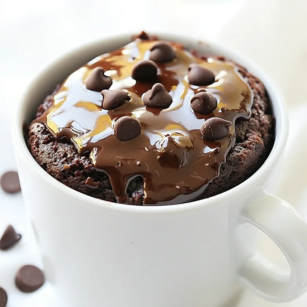 - 1/4 cup almond flour - 2 tablespoons unsweetened cocoa powder - 1 tablespoon coconut sugar or your preferred sweetener - 1/4 teaspoon baking powder - A pinch of salt - 3 tablespoons unsweetened applesauce - 1 tablespoon almond milk or any milk of your choice - 1/2 teaspoon vanilla extract - Optional: 1 tablespoon dark chocolate chips or chopped nuts This recipe uses simple, healthy items. Almond flour gives a nice texture and nutty flavor. Unsweetened cocoa powder makes it rich without added sugar. Coconut sugar or another sweetener keeps it sweet but healthy. Baking powder helps the cake rise. A pinch of salt balances the sweetness. Unsweetened applesauce adds moisture and natural sweetness. Almond milk is a great dairy-free choice, but feel free to use any milk you like. Vanilla extract boosts the flavor. For extra joy, try adding dark chocolate chips or nuts. They make your mug cake even more special. These ingredients are easy to find and help create a delicious treat in less than 15 minutes! {{ingredient_image_2}} First, you need a microwave-safe mug. This mug will hold your cake while it cooks. A regular coffee mug works great. Next, let’s mix the dry ingredients. In your mug, combine: - 1/4 cup almond flour - 2 tablespoons unsweetened cocoa powder - 1 tablespoon coconut sugar - 1/4 teaspoon baking powder - A pinch of salt Use a small whisk or fork to mix it all together. Make sure there are no lumps. A good mix helps your cake rise well. Now it’s time to add the wet ingredients. To your dry mix, add: - 3 tablespoons unsweetened applesauce - 1 tablespoon almond milk - 1/2 teaspoon vanilla extract Stir these in until you have a smooth, creamy batter. This step is important for a great texture. If you like, you can fold in 1 tablespoon of dark chocolate chips or chopped nuts. This adds extra flavor and makes your cake even better. Place your mug in the microwave. Cook it on high for about 1 minute and 10 seconds. Keep an eye on it as it cooks. You want the cake to be set but still a bit gooey in the center. Every microwave is different, so check it at the 1-minute mark to see if it’s done. Once the time is up, carefully take the mug out. It will be hot! Let it cool for about a minute. You can eat it straight from the mug or move it to a plate for a nice look. Enjoy your healthy brownie mug cake! To get the best texture in your brownie mug cake, mixing is key. Mix the dry ingredients well before adding the wet ones. This helps combine everything evenly. After adding the applesauce, milk, and vanilla, stir until the batter is smooth. You want no lumps at all. Cooking time is also important. Start with 1 minute and 10 seconds in the microwave. Every microwave is different, so check it at the 1-minute mark. The cake should be set but a bit gooey in the middle. This is where the magic happens! Once your mug cake is done, let’s make it look great! You can sprinkle some chocolate chips or nuts on top for a nice touch. If you want to go all out, serve it with yogurt or ice cream. This makes for a lovely treat that looks as good as it tastes. Enjoy your creation! Pro Tips Use Fresh Ingredients: Ensure that your baking powder is fresh for the best rise and texture. An expired baking powder can lead to dense cakes. Adjust Sweetness: Feel free to adjust the amount of coconut sugar based on your taste preference. You can also substitute with other sweeteners like stevia or honey. Experiment with Flavors: Try adding a pinch of cinnamon or a teaspoon of espresso powder to enhance the chocolate flavor and add depth to your mug cake. Watch Cooking Time: Microwaves can vary in power; check your mug cake at the 1-minute mark and adjust cooking time as needed to achieve your preferred gooeyness. {{image_4}} To make this brownie mug cake vegan, you can easily swap out eggs and dairy. Instead of eggs, use unsweetened applesauce, which adds moisture. For milk, almond milk works great, but you can use any plant-based milk. This keeps the cake moist and delicious without any animal products. If you want a gluten-free mug cake, almond flour is already a great choice. However, you can also use coconut flour or oat flour. Coconut flour is denser, so use less—about 3 tablespoons instead of 1/4 cup. Oat flour is light and fluffy, providing a nice texture. Both options keep the cake gluten-free and tasty. You can add extra flavor to your brownie mug cake easily. For a minty twist, try adding a drop of peppermint extract. If you prefer a nutty flavor, almond extract works well too. You can also add spices like cinnamon or nutmeg for warmth. These enhancements give your mug cake a unique taste and make it even more enjoyable. To store your leftover brownie mug cake, let it cool first. Place it in an airtight container. This keeps it fresh for up to two days at room temperature. If you want it to last longer, you can store it in the fridge. Just remember to cover it well to avoid drying out. When you want to enjoy your brownie mug cake again, you can easily reheat it in the microwave. Place your mug cake in the microwave. Heat it for about 10 to 15 seconds. Check its warmth, and if it needs more time, heat in small bursts. This keeps it soft and gooey. Yes, you can freeze mug cakes! Just make sure it’s completely cool first. Wrap it tightly in plastic wrap or foil. Then, place it in a freezer bag. It can last for up to a month in the freezer. When you're ready to eat it, thaw it in the fridge overnight. Reheat it in the microwave for the best taste. To make your brownie mug cake healthier, swap some ingredients. Use applesauce instead of oil or butter. You can also choose coconut sugar or honey instead of regular sugar. This change lowers calories and adds moisture. If you want more fiber, add a bit of ground flaxseed. It blends well into the batter. Yes, you can use other flours! Each flour gives a unique taste. If you use coconut flour, remember to reduce the amount. Coconut flour absorbs more liquid. Oat flour works well too and gives a nice texture. Just ensure the flour is finely ground for the best results. If you don’t have almond flour, don’t worry! You can try oat flour, which is easy to make. Just blend rolled oats until fine. You can also use whole wheat flour for a slightly denser cake. If you want a nut-free option, use all-purpose flour. Just keep in mind that it may change the taste and texture a bit. This blog post explored how to make a delicious mug cake using simple ingredients. We covered the list of key items, from almond flour to optional mix-ins. You learned step-by-step instructions to prepare, cook, and serve your cake perfectly. I also shared tips for texture and presentation, plus variations for vegan or gluten-free options. Finally, we discussed storage and reheating methods to enjoy your cake longer. Try making your own mug cake. It can be a fun and tasty treat!