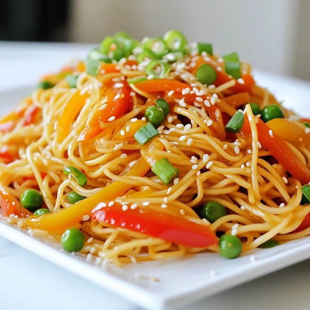 To make a great chow mein, you need a few key items. These ingredients create the classic taste that beats takeout. - 8 ounces chow mein noodles - 2 tablespoons sesame oil - 1 cup shredded carrots - 1 cup bell pepper, sliced (any color) - 1 cup snap peas - 1 small onion, thinly sliced - 3 cloves garlic, minced - 1 tablespoon fresh ginger, grated - ¼ cup soy sauce - 2 tablespoons oyster sauce (or vegetarian alternative) - 1 tablespoon hoisin sauce - 1 teaspoon sugar - ½ teaspoon black pepper Chow mein noodles are the base. They soak up all the flavors. Fresh vegetables add color and crunch. The sauces give it a rich taste. Garnishes can take your chow mein to the next level. They add flavor and style to your dish. - Green onions, sliced - Sesame seeds - Fresh herbs Green onions add a fresh bite. Sesame seeds give a nice crunch. Fresh herbs brighten the dish. Use these garnishes to impress your guests. {{ingredient_image_2}} Start by boiling a large pot of salted water. Once the water bubbles, add 8 ounces of chow mein noodles. Cook them for about 4-5 minutes. You want them tender but firm to the bite. After cooking, drain the noodles. Rinse them under cold water. This step helps prevent stickiness. Set them aside for later. Next, heat 2 tablespoons of sesame oil in a large wok over medium-high heat. When the oil shimmers, add your thinly sliced onion, 1 cup of shredded carrots, and 1 cup of sliced bell pepper. Sauté these veggies for 3-4 minutes. They should soften and turn bright in color. Now, add 1 cup of snap peas, 3 cloves of minced garlic, and 1 tablespoon of grated ginger. Stir-fry for 1-2 minutes. The garlic should smell great, and the veggies need to stay crisp-tender. Gently toss the cooked chow mein noodles into the vegetable mix in the wok. Make sure everything is evenly distributed. In a small bowl, mix together ¼ cup of soy sauce, 2 tablespoons of oyster sauce (or a vegetarian option), 1 tablespoon of hoisin sauce, 1 teaspoon of sugar, and ½ teaspoon of black pepper. Pour this sauce over the noodles and vegetables. Use tongs or spatulas to toss everything together. Cook for another 2-3 minutes. This step helps the flavors meld and gives the noodles a slight crispiness. To make your chow mein taste like it came from a restaurant, focus on sauces and oils. Use high-quality sesame oil for a nutty flavor. For sauces, combine soy sauce, oyster sauce, and hoisin sauce. These add depth and richness. Balancing flavors is key. Add sugar to enhance sweetness and black pepper for heat. A touch of fresh ginger brings warmth. Adjust these to your taste for the best result. Stir-frying is the heart of chow mein. Start with a hot wok or pan. High heat cooks food quickly and keeps it crisp. Add your oil and let it shimmer before cooking. When stir-frying, keep the food moving. This prevents burning and helps it cook evenly. Cook in small batches if needed. This way, you keep the heat up and your veggies stay bright and crunchy. Pro Tips Use Fresh Ingredients: For the best flavor and texture, opt for fresh vegetables and high-quality sauces. This ensures your chow mein tastes vibrant and delicious. Don’t Overcook the Noodles: Follow the package instructions carefully and avoid overcooking the chow mein noodles. They should be tender but still have a slight bite to them. Customize Your Veggies: Feel free to experiment with different vegetables based on your preference or what you have on hand. Broccoli, bok choy, or mushrooms work great in chow mein. Adjust the Sauce to Taste: Taste the sauce mixture before adding it to the wok. Adjust the soy sauce or hoisin sauce to your liking for a more personalized flavor profile. {{image_4}} You can add different proteins to your chow mein. Chicken, beef, or tofu all work well. - For chicken, cut it into thin strips. Cook it for about 5-7 minutes before adding the veggies. - For beef, use flank steak or sirloin. Cook it quickly for 3-5 minutes until just browned. - For tofu, press it to remove water. Cut it into cubes and stir-fry for about 4-5 minutes until golden. These choices let you customize the dish. Choose what you like best! Feel free to mix in seasonal veggies. You can tailor the dish to what you enjoy. - Broccoli adds a nice crunch. Just steam it lightly before adding. - Mushrooms bring a rich flavor. Sauté them with the onions. - Zucchini can add a fresh taste. Slice it thin and toss it in. This way, you can make chow mein your own. Adjust the recipe based on what’s in season or what you have at home. Enjoy being creative! To keep your Better-Than-Takeout Chow Mein fresh, follow these steps: - Refrigeration tips for leftovers: - Let the chow mein cool to room temperature. - Store it in an airtight container. - It can last in the fridge for up to 3 days. - Freezing for long-term storage: - Freeze chow mein in a freezer-safe container. - It keeps well for up to 2 months. - Make sure to label the container with the date. To enjoy your chow mein later, reheating is key: - Best practices to maintain texture: - Add a splash of water to the chow mein before reheating. - This helps steam it and keeps it moist. - Recommended methods for reheating: - Use a skillet over medium heat. - Stir frequently until heated through. - You can also microwave it in short bursts, stirring in between. This way, your chow mein stays tasty and enjoyable! Yes, you can easily make chow mein gluten-free. For noodles, look for rice noodles or gluten-free chow mein noodles. They cook well and taste great. For sauces, use tamari instead of soy sauce. Tamari is a gluten-free alternative. Always check labels to ensure no gluten is hidden in other sauces. To make chow mein vegetarian, switch to vegetarian sauces. Use soy sauce, hoisin sauce, and a vegetarian oyster sauce. You can find these at many grocery stores. Add more veggies too! Consider using mushrooms, broccoli, or zucchini for extra flavor and nutrients. This will keep your dish hearty and satisfying. Homemade chow mein lasts about 3 to 4 days in the fridge. Store it in an airtight container. Look for signs of spoilage, like off-smells or mold. To keep it fresh longer, store the noodles and vegetables separately. This way, you can enjoy your dish for more meals! In this article, we explored the key ingredients for chow mein, focusing on noodles, vegetables, and sauces. I shared step-by-step cooking instructions and tips for authentic flavor and technique. We also looked at variations, storage methods, and answers to common questions. Chow mein is versatile and easy to make. You can customize it to fit your taste. With these tips, you can enjoy a delicious dish any time. Start cooking and make your own perfect chow mein!